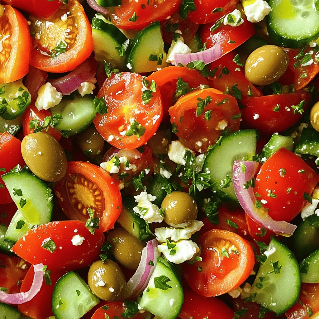 - 2 large ripe tomatoes, diced into bite-sized pieces - 1 cucumber, peeled and chopped into half-moon shapes - 1 red bell pepper, cut into thin strips - 1 small red onion, sliced very thinly For the perfect Greek salad, fresh and ripe ingredients are key. Start with juicy tomatoes. They bring a sweet flavor. Choose cucumbers that are firm and crisp. This adds a nice crunch. A red bell pepper adds color and sweetness. Thinly slice a red onion for a sharp bite. These four ingredients form the base of your salad. - 1 cup Kalamata olives, pitted and halved - 1 cup feta cheese, crumbled into small pieces - 3 tablespoons extra virgin olive oil - 2 tablespoons red wine vinegar (optional; substitute with fresh lemon juice if desired) Next, add Kalamata olives for a briny taste. Their flavor pairs well with the veggies. Crumbled feta cheese is a must. It adds creaminess and saltiness. To dress your salad, use extra virgin olive oil and red wine vinegar. If you prefer, fresh lemon juice works great, too. These add richness and tang to the dish. - 1 teaspoon dried oregano - Salt and freshly cracked black pepper to taste - Fresh parsley, chopped, for garnish For seasoning, sprinkle in dried oregano. It brings a classic Greek taste. Add salt and pepper to enhance all the flavors. Finally, garnish with fresh parsley. This adds color and brightness. When you combine these elements, you create a fresh and flavorful dish that shines on any table. For a complete guide, check the Full Recipe. First, gather your fresh ingredients. Start by dicing the tomatoes into bite-sized pieces. Use ripe tomatoes for the best flavor. Next, peel the cucumber and chop it into half-moon shapes. This adds a nice crunch to your salad. Now, slice the red onion very thinly. Thin slices give a milder taste. Then, cut the red bell pepper into thin strips. The color and sweetness of the bell pepper brighten the dish. In a large salad bowl, mix the diced tomatoes, cucumber, bell pepper, and sliced onion. Toss gently to combine. Make sure the vegetables are mixed well. Next, add the Kalamata olives and crumbled feta cheese. The olives add a salty bite, while the feta brings creaminess. Use a spatula to fold these ingredients in gently. Avoid breaking the feta too much. In a small bowl, whisk together the extra virgin olive oil and red wine vinegar. If you prefer, you can use fresh lemon juice instead of vinegar. This will give a bright flavor. Add the dried oregano, salt, and freshly cracked pepper. Whisk until everything is well mixed. This dressing will enhance the salad's flavors. Now, drizzle the dressing over the salad mixture. Use clean hands or utensils to toss the salad gently. This coats every ingredient with the dressing. Let the salad rest for about 10 minutes. This allows the flavors to mingle beautifully. Just before serving, sprinkle fresh parsley on top for a burst of color and freshness. For the full recipe, check out the detailed instructions. To make your Greek salad pop, allow it to rest. When you let the salad sit for about 10 minutes, the flavors blend. This step brings out the taste of each ingredient. Next, balance the acidity with the dressing. Use olive oil and vinegar in just the right amounts. Too much vinegar can overpower the other flavors. Aim for a blend that feels fresh but not too sharp. When serving, consider individual bowls or a large platter. This adds a nice touch to your meal. For visual appeal, use whole Kalamata olives and a sprinkle of feta on top. Fresh parsley also adds color. It makes the salad look as good as it tastes. One common mistake is overmixing the salad. If you mix too much, the vegetables can get mushy. Gently toss the salad instead. Using low-quality ingredients is another pitfall. Fresh, ripe tomatoes and high-quality feta make a big difference. Always choose the best ingredients you can find. This helps your classic Greek salad shine. For more detailed guidance on making this dish, check out the Full Recipe. {{image_4}} You can make Greek salad your own. Adding grilled vegetables like zucchini or eggplant gives it a nice twist. The smoky flavor from grilling adds depth. You can also try different cheese types if you want. Instead of feta, use goat cheese for a creamier taste. Each choice changes the salad's flavor and feel. Dressings can change your salad experience, too. You can use lemon juice instead of vinegar. It brings a bright, fresh taste. If you want something creamy, try a Greek yogurt dressing. It adds richness and pairs well with the veggies. Greek salad varies across Greece. In some regions, chefs may add capers or even artichokes. Each area has its own take on this classic dish. Also, influences from other Mediterranean cuisines shine through. For example, some Italian versions use balsamic vinegar or fresh basil. These variations keep things exciting and flavorful. Explore the [Full Recipe] for more ideas on how to enjoy Greek salad! To keep your Greek salad fresh, place it in the fridge. Store it in a sealed container to prevent air from getting in. This helps keep the veggies crisp and the flavors bright. Use glass or plastic containers that have tight-fitting lids. Avoid metal containers, as they can affect the taste of the salad. A prepared Greek salad can last for about 3 days in the fridge. After that, the veggies may start to wilt. To keep it fresh longer, store the dressing separately. Only mix the dressing in when you're ready to eat. This way, you can enjoy a crisp salad each time. You can freeze some parts of Greek salad but not the whole salad. Freezing tomatoes, cucumbers, or feta can change their texture. Instead, freeze ingredients like olives or bell peppers separately. When ready to use, thaw them in the fridge. For the best taste, use fresh ingredients when making your Greek salad. For the full recipe of this classic dish, see the Full Recipe section. A Classic Greek Salad has simple and fresh ingredients. Here’s what you need: - 2 large ripe tomatoes, diced into bite-sized pieces - 1 cucumber, peeled and chopped into half-moon shapes - 1 red bell pepper, cut into thin strips - 1 small red onion, sliced very thinly - 1 cup Kalamata olives, pitted and halved - 1 cup feta cheese, crumbled into small pieces - 3 tablespoons extra virgin olive oil - 2 tablespoons red wine vinegar (or fresh lemon juice) - 1 teaspoon dried oregano - Salt and freshly cracked black pepper to taste - Fresh parsley, chopped, for garnish Each ingredient adds great flavor and texture. The tomatoes bring sweetness, while cucumbers add crunch. Red bell peppers provide a nice color. The olives give a briny touch, and feta cheese adds creaminess. Yes, you can make Greek Salad ahead of time! Just follow these tips: - Chop the veggies and olives a few hours before serving. - Store them in an airtight container in the fridge. - Keep the dressing separate until just before serving. This will keep the salad fresh and crisp. If you want to prepare it a day in advance, do not add the feta until right before you serve. This keeps it from getting too soggy. Greek Salad, or Horiatiki, comes from Greece. It has roots in the traditional food of the countryside. Farmers made it with local produce, olive oil, and feta cheese. This salad reflects the Greek way of life. It’s simple, fresh, and made with what’s in season. You can find variations of it all over Greece, each with its own twist. Yes, Greek Salad is very healthy! Here are some benefits: - Fresh Vegetables: Rich in vitamins and minerals. - Healthy Fats: Olive oil provides good fats for heart health. - Protein: Feta cheese adds protein and calcium. - Low in Calories: This salad is low in calories but high in flavor. Greek Salad fits well into many diets. It’s great for those looking for a light meal or side dish. Enjoy it as part of a balanced diet! Greek salad is fresh, vibrant, and easy to make. You learned about its key ingredients: ripe tomatoes, cucumbers, bell peppers, and olives. I discussed how to prep and combine these tasty items and the importance of a good dressing. Remember to let it rest for the best flavor. Also, feel free to explore variations and storage tips. Greek salad is healthy and suitable for any meal. Try making it today; you won't regret it!