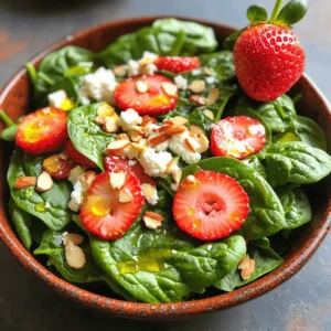 - 4 cups fresh spinach, thoroughly washed and dried - 1 ½ cups ripe strawberries, hulled and sliced into thin rounds - ½ cup crumbled feta cheese, preferably at room temperature - ¼ cup slivered almonds, lightly toasted for enhanced flavor - 3 tablespoons good quality olive oil - 2 tablespoons balsamic vinegar, preferably aged - 1 tablespoon honey, for a touch of sweetness - Salt and freshly cracked black pepper to taste The ingredients for this salad are simple but fresh. Spinach is the base, giving you vitamins and minerals. Strawberries add sweetness and vibrant color. Feta cheese provides a creamy touch. Almonds offer a nice crunch. Olive oil and balsamic vinegar create a tasty dressing. Honey adds a hint of sweetness. Salt and pepper enhance all the flavors. Each serving has around 200 calories, with a good balance of protein, carbs, and fats. Spinach is full of iron and vitamins A and C. Strawberries are rich in antioxidants and fiber. Together, they make this salad a healthy choice for any meal. You can find the full recipe for this delicious salad in the section above. To start, you need to make the dressing. Grab a small mixing bowl. Add 3 tablespoons of olive oil. Then, pour in 2 tablespoons of balsamic vinegar. Next, add 1 tablespoon of honey. For taste, sprinkle in some salt and fresh black pepper. Use a whisk to mix it all together. Whisk until the dressing is smooth and well-blended. Set it aside for now. This step is key, as it brings all the flavors together. Now, let’s build the salad. Take a large salad bowl and add 4 cups of fresh spinach. Make sure the spinach is clean and dry. Next, add 1 ½ cups of sliced strawberries. Spread them evenly on top of the spinach. This mix of greens and reds looks great together. It also tastes fresh and bright. Time for the final touches! Drizzle the prepared dressing over the spinach and strawberries. Grab a large spoon and gently toss the salad. You want to coat the spinach nicely without breaking it. Now, sprinkle ½ cup of crumbled feta cheese on top. Then, add ¼ cup of slivered almonds. The cheese adds creaminess, while the almonds give a nice crunch. Give the salad one last light toss to mix everything together. Serve right away for the best taste. Enjoy this fresh delight! For the complete recipe, check the Full Recipe section. To create a great Strawberry Spinach Salad, start with ripe strawberries and fresh spinach. Look for strawberries that are bright red and firm. Avoid any with white or green spots. Fresh spinach should be vibrant green and crisp. Check for any wilting or yellow leaves. To add more flavor to your salad, consider using fresh herbs. Basil or mint can bring a refreshing twist. You can also sprinkle some black sesame seeds for a nutty taste. If you want a kick, try adding a pinch of cayenne pepper to the dressing. Serving is key to impressing guests. Use clear glass bowls to show off the colors. You can also layer the spinach and strawberries for a beautiful look. Top each bowl with a whole strawberry and a sprinkle of almonds for a pop of texture. This makes your salad not just tasty, but eye-catching too. For the full recipe, check out the Strawberry Spinach Delight. {{image_4}} You can get creative with fruits in this salad. Try adding blueberries for a burst of sweetness. Mandarins bring a zesty twist. Both fruits pair well with spinach and strawberries. They add different flavors and colors, making your salad even more fun. Walnuts, pecans, or sunflower seeds make great nut options. Walnuts add a rich, earthy taste. Pecans provide a nice crunch with a hint of sweetness. Sunflower seeds are perfect for a nut-free choice, offering a similar crunch. Each option enhances the salad's texture and flavor. Switch up the cheese to change the flavor profile. Goat cheese offers a creamy and tangy taste. Mozzarella gives a mild and soft texture. Parmesan adds a salty kick that works well with the fruits. These options let you customize your salad based on your taste. For the full recipe, check the [Full Recipe]. To keep your salad fresh, store it in an airtight container. Use a container that fits the salad snugly to limit air exposure. This helps prevent wilting. Separate the dressing if you plan to eat leftovers. Keeping the dressing separate will keep the spinach crisp. This salad is best enjoyed cold, so reheating isn't needed. If you must, gently warm the ingredients in a pan over low heat. Avoid high heat, as it can make the spinach soggy. Just a few minutes should be enough to take the chill off. You can prepare the ingredients ahead of time. Wash and dry the spinach, then store it in a dry container. Slice the strawberries and keep them in a sealed bag. Make the dressing and store it in the fridge. When you're ready to eat, simply mix everything together. This makes for a quick and easy meal. For the full recipe, check out the details above. Yes, you can make the dressing ahead of time. Just store it in a jar or container. Keep it in the fridge for up to a week. Before using, shake it well to mix the flavors. This helps save time when you want to enjoy your salad. This salad goes great with a variety of dishes. Here are some tasty pairings: - Quinoa salad with veggies - Classic Caesar salad - Grilled chicken salad - Caprese salad with fresh mozzarella Each of these salads complements the sweet and tangy notes of the Strawberry Spinach Salad. They add diversity and flavor to your meal. Yes, this salad can work well for meal prep. The spinach holds up for a day or two. Store the dressing separately until you're ready to eat. This keeps the salad fresh and crunchy. If you prep it all at once, the strawberries may lose their firmness. Enjoy this salad within a day for the best taste. This blog post highlighted a fresh Strawberry Spinach Salad, sharing ingredients and steps to make it. We discussed how to prepare a delicious dressing, assemble the salad, and add final touches. I also shared tips on selecting the best ingredients and variations you can try. In closing, this salad is easy to make and packed with flavor. It’s a great way to enjoy nutritious ingredients. Try it today and feel good about what you eat.