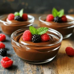 - 1 cup silken tofu, well-drained - 1/2 cup dairy-free dark chocolate chips - 1/4 cup pure maple syrup - 1 tablespoon pure vanilla extract - 1 pinch of fine sea salt - 1 tablespoon cocoa powder (optional, for added decadence) To make vegan chocolate mousse, you need simple ingredients. Silken tofu is the base. It makes the mousse creamy and rich. Next, use dairy-free dark chocolate chips for a deep flavor. Maple syrup adds sweetness without dairy. Pure vanilla extract gives it a warm taste. A pinch of fine sea salt enhances all the flavors. Cocoa powder can add extra chocolatey goodness if you want. - Fresh berries (raspberries, strawberries, blueberries) - Mint leaves Garnishes can make your mousse look and taste even better. Fresh berries add color and a fruity touch. You can use raspberries, strawberries, or blueberries. Mint leaves give a refreshing burst. These garnishes not only look pretty but also enhance the flavor. You can mix and match them to suit your taste. For the full recipe, check out the detailed instructions. Enjoy making this delightful treat! Microwave method To melt the chocolate, use a microwave-safe bowl. Add the dairy-free dark chocolate chips. Microwave in 30-second bursts. Stir well between each burst. This helps prevent burning. Double boiler method For a gentler heat, use a double boiler. Place a heat-safe bowl over simmering water. Add the chocolate chips to the bowl. Stir until melted. Both methods work well, so choose your favorite. Combining tofu and melted chocolate In a blender or food processor, add the well-drained silken tofu. Pour in the melted chocolate. This mix will be the base of your mousse. Adding sweeteners and flavors Next, add pure maple syrup and vanilla extract. Sprinkle in fine sea salt. If you like, add cocoa powder for extra richness. This mix creates a deep chocolate flavor. Blending duration Blend the mixture on high speed. You want it smooth and creamy. This usually takes about 1-2 minutes. Tips for scraping down sides Stop the blender to scrape down the sides. This ensures even mixing. You don’t want any clumps. Blend again until everything is well combined. Serving glass recommendations Spoon the mousse into individual serving glasses. Fill them about three-quarters full. This gives an elegant look. Chilling time for optimal firmness Place the glasses in the fridge. Chill for at least 30 minutes. The longer it chills, the firmer it will get. Enjoy this delightful vegan chocolate mousse! For the full recipe, check the main section. To make your mousse taste just right, adjust the sweetness. If you like it sweeter, add more maple syrup. Blend it again for a few seconds to mix. You can also add cocoa powder for a richer taste. This makes the mousse even more chocolatey and delicious. Just one tablespoon does the trick! Pair your mousse with fresh fruit like berries. Strawberries, raspberries, or blueberries all work great. They add a pop of color and freshness. For a fun twist, try layering the mousse in a glass with fruit. This creates an eye-catching dessert. You can also top it with mint leaves for a lovely touch. When blending, don’t over-blend or under-blend. Over-blending makes it too thin, while under-blending leaves chunks. Blend until smooth and creamy. Another mistake is not chilling the mousse long enough. Chill it for at least 30 minutes. Longer chilling makes it firmer and tastier. Enjoy your vegan chocolate mousse delight! {{image_4}} You can change the flavor of your vegan chocolate mousse easily. Adding coffee or espresso boosts the chocolate taste. Just mix in a tablespoon of strong coffee or espresso powder. This adds a rich, warm note. You might love how the flavors blend. You can also infuse your mousse with different extracts. Almond or hazelnut extracts bring a new twist. Just a half teaspoon will do. These extracts add depth and make your mousse unique. Be careful not to add too much, or it may overpower the chocolate. If you need a nut-free version, it’s simple! Use seeds instead of nuts. Sunflower seed butter works well. It gives creaminess without the nuts. Just replace any nut-based ingredients with this option. For low-sugar options, swap maple syrup for a sugar substitute. You can use monk fruit or stevia. Adjust the amount to your taste. This keeps the mousse sweet while being mindful of sugar intake. You can serve this mousse in many fun ways. Try it in tarts or parfaits. Layer it with fruit and granola for a beautiful dessert. This makes for an impressive dish at parties or gatherings. Another idea is to use it as frosting for cakes. Spread it on your favorite vegan cake. The mousse gives a rich, chocolatey finish. Your guests will love this twist on traditional frosting. For the full recipe, check the vegan chocolate mousse section above. To keep your vegan chocolate mousse fresh, store it in the fridge. Use an airtight container. This helps to keep moisture out and flavors in. The mousse should last for about 3 to 5 days. Before serving, give it a good stir. The texture may change slightly in the fridge. You can freeze vegan chocolate mousse if you have leftovers. To do this, spoon the mousse into a freezer-safe container. Leave some space at the top, as it will expand. Cover the container tightly and freeze for up to 2 months. When you want to eat it, thaw the mousse in the fridge overnight. Avoid using a microwave, as it may change the texture. After thawing, stir it well before serving. This will help regain its creamy consistency. Enjoy your mousse just like the day you made it! Vegan chocolate mousse is made of simple ingredients. You will need: - 1 cup silken tofu, well-drained - 1/2 cup dairy-free dark chocolate chips - 1/4 cup pure maple syrup - 1 tablespoon pure vanilla extract - 1 pinch of fine sea salt - 1 tablespoon cocoa powder (optional) These ingredients blend together to create a creamy, rich dessert. Vegan chocolate mousse can last up to 5 days in the fridge. Keep it covered to avoid drying out. This helps maintain its smooth texture and flavor. Yes, you can make vegan chocolate mousse ahead of time. It’s perfect for meal prep. Just store it in the fridge until you're ready to serve. This allows flavors to meld together nicely. Yes, this recipe is gluten-free. All the ingredients listed are free from gluten. Enjoy this dessert without worry if you follow a gluten-free diet. If you want a substitute for silken tofu, try using avocado or coconut cream. Both options offer a creamy texture. However, they will change the flavor slightly, so keep that in mind. This vegan chocolate mousse is easy to make and delicious. You only need a few ingredients like silken tofu and dairy-free dark chocolate. Follow the simple steps, and you will create a tasty treat. Remember to chill it properly for the right texture. Feel free to explore flavor twists or serve it in new ways. With these tips, you’ll impress everyone. This dessert is not just tasty but also safe for many diets. Enjoy making and sharing your creation!