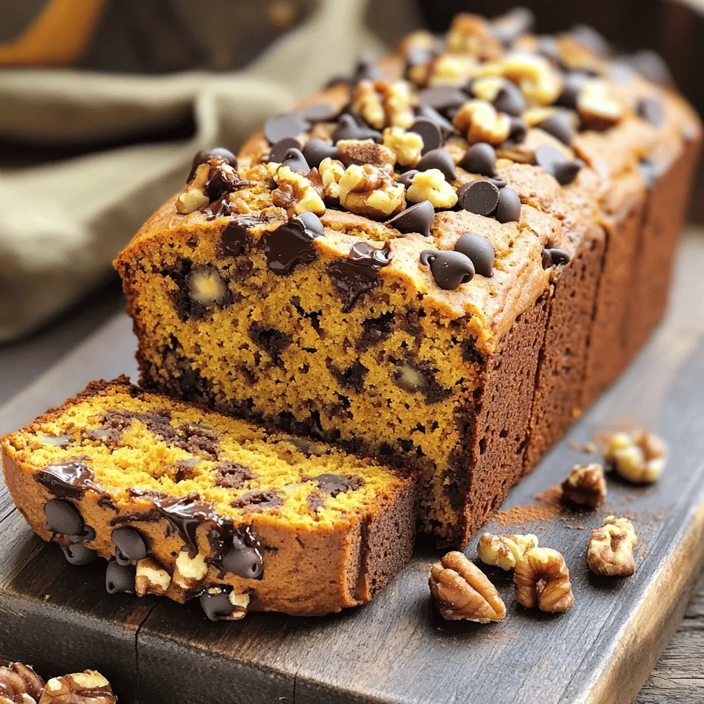 To create a delicious chocolate chip pumpkin bread, you'll need the following ingredients: - 1 cup canned pumpkin puree - 1/2 cup vegetable oil - 2 large eggs - 1 cup brown sugar, packed - 1/2 cup granulated sugar - 1 teaspoon vanilla extract - 2 cups all-purpose flour - 1 teaspoon baking soda - 1 teaspoon baking powder - 1 teaspoon ground cinnamon - 1/2 teaspoon ground nutmeg - 1/4 teaspoon ground ginger - 1/2 teaspoon salt - 1 cup semi-sweet chocolate chips - 1/2 cup chopped walnuts (optional) When measuring your ingredients, use dry measuring cups for flour and sugars. For liquids like oil and pumpkin puree, use liquid measuring cups. This ensures that you get the right amounts and a great texture in your bread. I find it helpful to level off dry ingredients with a knife for accuracy. This small step makes a big difference! - Canned Pumpkin Puree: This is the star of the show. It gives the bread moisture and flavor. It also adds a beautiful orange color. - Vegetable Oil: This keeps the bread moist and tender. You can also use melted butter for a richer taste. - Sugars: Brown sugar adds depth and moisture, while granulated sugar helps with the rise. - Spices: Cinnamon, nutmeg, and ginger give warmth and a cozy aroma. They make your kitchen smell wonderful while baking! - Chocolate Chips: Semi-sweet chips add sweetness and richness. They melt slightly, creating gooey pockets of chocolate. - Walnuts (optional): If you like a crunch, add chopped walnuts. They pair well with the soft bread and chocolate. This is a great way to bake a treat that combines fall flavors and chocolate. For the full recipe, check out the details above! Start by preheating your oven to 350°F (175°C). This step is key for even baking. Next, grab a 9x5 inch loaf pan. Grease it well with butter or oil to stop sticking. This makes it easy to remove the bread later. In a large bowl, add 1 cup of canned pumpkin puree. Pour in 1/2 cup of vegetable oil and crack in 2 large eggs. To sweeten, mix in 1 cup of brown sugar and 1/2 cup of granulated sugar. Finally, add 1 teaspoon of vanilla extract. Whisk these ingredients until smooth. Make sure there are no lumps; this helps the bread rise nicely. Now, take another bowl. Sift together 2 cups of all-purpose flour, 1 teaspoon of baking soda, and 1 teaspoon of baking powder. Add in 1 teaspoon of ground cinnamon, 1/2 teaspoon of ground nutmeg, 1/4 teaspoon of ground ginger, and 1/2 teaspoon of salt. Whisk well to mix all the dry ingredients evenly. This ensures every bite is full of flavor. Gradually add the dry mix into the wet mix. Stir gently with a spatula until just combined. A few lumps are okay; don’t overmix! Next, fold in 1 cup of semi-sweet chocolate chips. If you like, add 1/2 cup of chopped walnuts too. Pour the batter into your greased loaf pan and smooth the top. Place the pan in your preheated oven. Bake for 60 to 70 minutes. To check if it’s done, insert a toothpick into the center. It should come out clean or with a few moist crumbs. Take the loaf out of the oven and let it cool in the pan for 10 minutes. Then, move it to a wire rack to cool completely before slicing. This recipe is a great way to make delicious chocolate chip pumpkin bread. You can find the full recipe above for even more tips! To bake a perfect chocolate chip pumpkin bread, follow these tips: - Use fresh ingredients. Ensure your baking powder and baking soda are not expired. - Measure ingredients accurately. Use a kitchen scale for precise measurements. - Preheat your oven. This helps the bread bake evenly. - Grease the pan well. A well-greased pan ensures easy removal of the bread. Common mistakes can ruin your bread. Here’s how to avoid them: - Don’t overmix the batter. A few lumps are okay; overmixing can make it tough. - Test for doneness properly. Insert a toothpick into the center; it should come out clean. - Let the bread cool. Cooling in the pan for 10 minutes helps set the shape. You can take your chocolate chip pumpkin bread to the next level: - Add spices. A pinch of allspice or cloves can add warmth. - Use quality chocolate chips. Semi-sweet or dark chocolate can boost flavor. - Consider a glaze. A simple glaze of powdered sugar and milk can add sweetness. For the full recipe, refer to the Pumpkin Delight Chocolate Chip Bread. Enjoy the process, and happy baking! {{image_4}} You can make chocolate chip pumpkin bread healthier by swapping some ingredients. Use whole wheat flour instead of all-purpose flour. This adds fiber and nutrients. You can also reduce the sugar. Try using only 3/4 cup of brown sugar. If you want it sweeter, add mashed bananas or applesauce. These will keep the bread moist and tasty. Adding nuts can give your bread a nice crunch. I suggest using walnuts or pecans. Chop them coarsely and fold them into the batter with the chocolate chips. About 1/2 cup of nuts works great. The nuts add flavor and texture, making every bite even better. Spices can elevate your chocolate chip pumpkin bread. Besides cinnamon, you can add nutmeg and ginger for warmth. For a twist, try adding a pinch of cardamom or allspice. This will give your bread a unique taste. Mix these spices into the dry ingredients for even distribution. You’ll be amazed at how these flavors enhance the overall experience. For the complete method to make this delicious treat, check out the Full Recipe. After baking, allow the bread to cool in the pan for about 10 minutes. This helps it set and makes it easier to remove. Next, transfer the bread to a wire rack. This keeps it from getting soggy. Let it cool completely. When slicing, use a serrated knife for clean cuts. This keeps the edges nice and neat. If you have leftover chocolate chip pumpkin bread, store it in an airtight container. This keeps it fresh for up to four days at room temperature. If you like, you can wrap it in plastic wrap first. For added moisture, place a slice of bread in the container. This helps prevent it from drying out. To freeze your bread, wrap it tightly in plastic wrap. Then, put it in a freezer bag. Make sure to remove as much air as possible. This prevents freezer burn. You can freeze the bread for up to three months. When you're ready to eat it, thaw it at room temperature. For a warm treat, you can slice and toast it for a few minutes. Enjoy it fresh! Yes, you can use fresh pumpkin. Start by roasting a pumpkin until it’s soft. Scoop out the flesh and blend it until smooth. This gives your bread a fresh taste. Just make sure to measure out one cup of puree for the recipe. To make this recipe vegan, you can replace the eggs. Use one tablespoon of ground flaxseed mixed with three tablespoons of water for each egg. Let this sit for five minutes to thicken. Also, choose a plant-based oil and ensure your chocolate chips are dairy-free. Serve it warm or at room temperature. You can add a spread of cream cheese or butter. For a fun twist, sprinkle some cinnamon on top. This bread also tastes great with a cup of coffee or tea. Chocolate Chip Pumpkin Bread lasts about three days at room temperature. If you store it in an airtight container, it stays fresh longer. You can also refrigerate it for up to a week. Yes, you can double the recipe. Use two loaf pans for even baking. Check for doneness a few minutes earlier than the original time. Each loaf may need about 60 to 70 minutes, but keep an eye on them. This article covered everything you need for Chocolate Chip Pumpkin Bread. We explored essential ingredients, measurement tips, and baking steps. We shared advice to enhance flavor and avoid common mistakes. Plus, we looked at tasty variations and proper storage methods. Baking this bread is a fun way to enjoy fall flavors. With these tips, you’ll create a delicious treat everyone will love. Happy baking!
