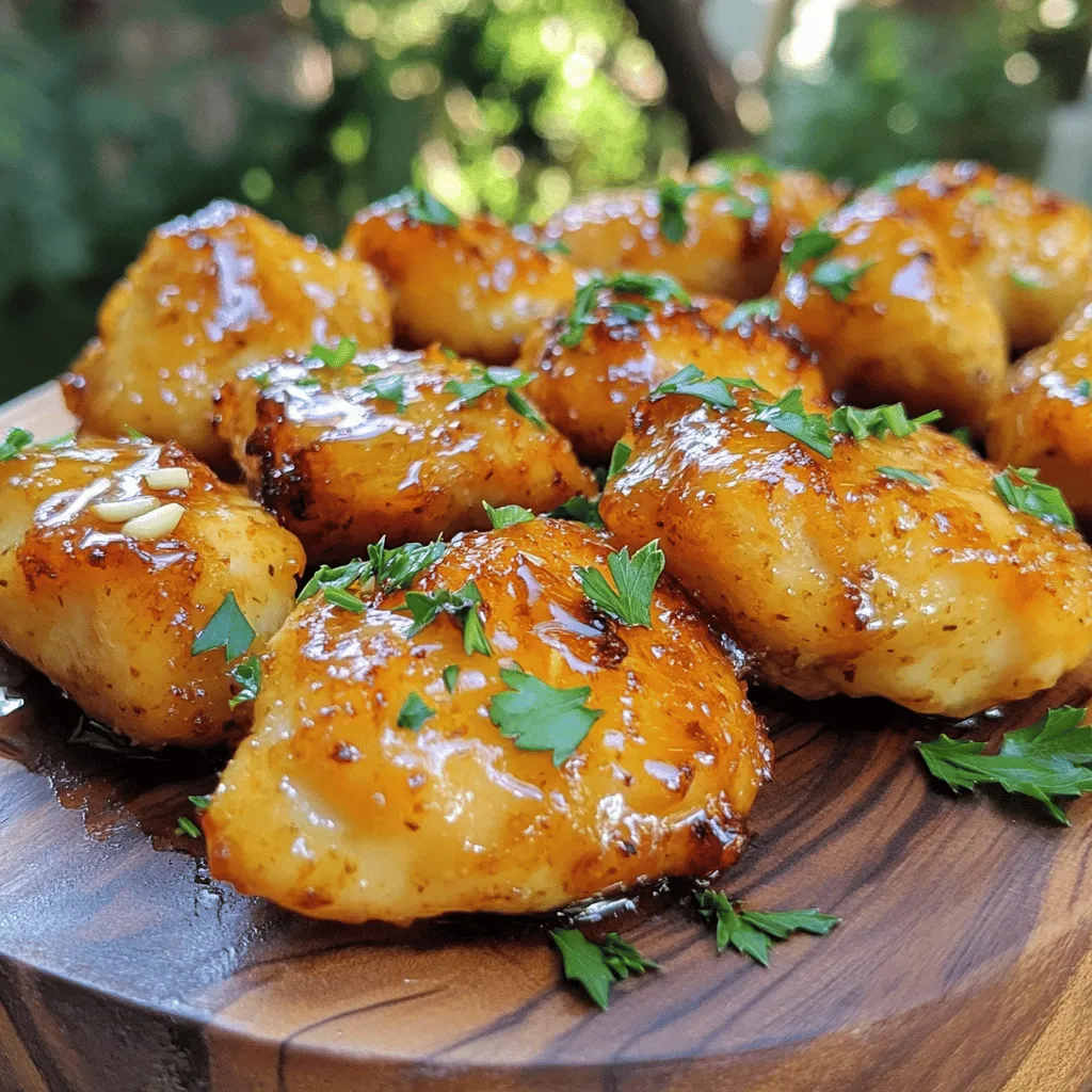 - 1 lb chicken breast - 1/4 cup honey - 2 cloves garlic - 2 tablespoons soy sauce - 1 tablespoon apple cider vinegar - 1 tablespoon cornstarch - Salt and pepper to taste - Optional: red pepper flakes - Fresh parsley for garnish Honey garlic chicken bites are simple yet full of flavor. The chicken breast is the star here. I love using fresh chicken for the best taste. It cooks quickly and stays juicy. Honey adds sweetness and a lovely glaze. The garlic brings a nice kick that makes this dish shine. For the sauce, I mix honey, garlic, soy sauce, and apple cider vinegar. This balance gives a sweet and tangy flavor. If you like it spicy, add red pepper flakes. They add a nice heat that balances the sweetness. Cornstarch thickens the sauce perfectly. It makes a sticky glaze that clings to each chicken piece. I always use fresh parsley for garnish. It adds color and a fresh taste. You can find the full recipe for honey garlic chicken bites in the recipe section. This dish is sure to impress! Start by mixing the marinade. In a big bowl, whisk together: - 1/4 cup honey - 2 cloves garlic, minced - 2 tablespoons soy sauce - 1 tablespoon apple cider vinegar - Salt and pepper, to taste - Optional: 1/4 teaspoon red pepper flakes Make sure it’s well combined. Now, add the chicken pieces. Coat each piece well in the marinade. Cover the bowl and let it sit in the fridge for at least 30 minutes. If you have more time, let it marinate for up to 2 hours. This makes the chicken taste even better. Next, heat 2 tablespoons of olive oil in a large skillet over medium-high heat. When the oil shimmers, add the marinated chicken. Don’t forget to save the marinade for later! Sear the chicken for about 4 to 5 minutes on each side. You want it to turn a nice golden-brown color. Make sure it cooks all the way through, reaching an internal temperature of 165°F (75°C). While the chicken cooks, prepare a cornstarch slurry. Mix 1 tablespoon of cornstarch with 1 tablespoon of water in a small bowl until smooth. Once the chicken is cooked, carefully pour the reserved marinade into the skillet. Stir it for about 2 minutes to warm it up. Gradually add the cornstarch slurry, stirring constantly. This will thicken the sauce and make it sticky, coating the chicken bites perfectly. - Adjust cooking time for chicken size. If your pieces are larger, cook them longer. Smaller pieces will cook faster. - Ensure the skillet is hot for proper searing. A hot skillet gives a nice brown color and flavor. - Present on a platter with parsley. This adds color and makes the dish look fresh. - Pair with side dishes for a complete meal. Rice, veggies, or a salad work well with these bites. - Cool and refrigerate leftovers. Make sure they are in an airtight container to keep them fresh. - Best consumed within 3 days. This way, you enjoy the best flavor and texture. For step-by-step details, check out the Full Recipe. {{image_4}} You can change the flavors of honey garlic chicken bites easily. Try adding different spices or herbs. For example, a pinch of ginger adds warmth. Fresh thyme can bring a nice herbal note. You can also experiment with sweeteners. Agave syrup works well if you want a lighter taste. Don't feel stuck with just chicken. You can use turkey or tofu as protein alternatives. Both options work great with the honey garlic sauce. If you want a different sweetener, swap honey for maple syrup. This will give you a unique twist on the dish. The way you serve these bites can change the meal. You can turn them into a salad topping. Just chop some greens and add them on top. Another option is to serve the chicken over rice or noodles. This adds a nice base and makes it a filling meal. For the full recipe, check the section above. To add some heat to your honey garlic chicken bites, try these tips: - Add more red pepper flakes to the marinade. - Use spicy soy sauce or sriracha for extra flavor. - Mix in chopped jalapeños or fresh chili peppers while cooking. These simple changes can boost the spice level without losing the sweet taste. Adjust the heat to match your taste buds. Yes, you can use frozen chicken for this recipe. Here’s how: - Thaw the chicken completely before using it. - This keeps the chicken from cooking unevenly. - Marinate it the same way as fresh chicken. Frozen chicken may take longer to cook, so check the internal temperature to ensure it reaches 165°F. Honey garlic chicken bites pair well with many sides. Here are some tasty options: - Steamed rice or fried rice for a filling meal. - Fresh salad for a light and crunchy contrast. - Roasted vegetables for added flavor and nutrients. - Noodles tossed in soy sauce or sesame oil. These sides create a balanced meal that highlights the sweet and savory chicken. You can mix and match for variety! To make honey garlic chicken bites, you start by marinating chicken. Mix honey, garlic, soy sauce, and vinegar. Coat the chicken pieces and let them soak up the flavor. Next, cook the chicken in a skillet until golden. Finally, add the reserved marinade and thicken it with cornstarch. This creates a sticky, sweet glaze that makes the bites irresistible. - 1 lb (450g) chicken breast, cut into bite-sized pieces - 1/4 cup honey - 2 cloves garlic, minced - 2 tablespoons soy sauce - 1 tablespoon apple cider vinegar - 1 tablespoon cornstarch - 1 tablespoon water - 2 tablespoons olive oil - Salt and pepper, to taste - 1/4 teaspoon red pepper flakes (optional) - Fresh parsley, chopped (for garnish) The prep time is 30 minutes. Cooking takes about 30 minutes. The total time is about 1 hour. This recipe serves 4 people, making it great for a family meal or gathering. You now have a complete guide to making honey garlic chicken bites. We covered main and additional ingredients, along with seasoning options. You learned step-by-step instructions to marinate and cook the chicken. I shared useful tips for cooking, serving, and storing. Exploring flavor variations kept the meal exciting. Remember to play with spices and ingredient swaps to match your taste. Enjoy this dish any way you like!