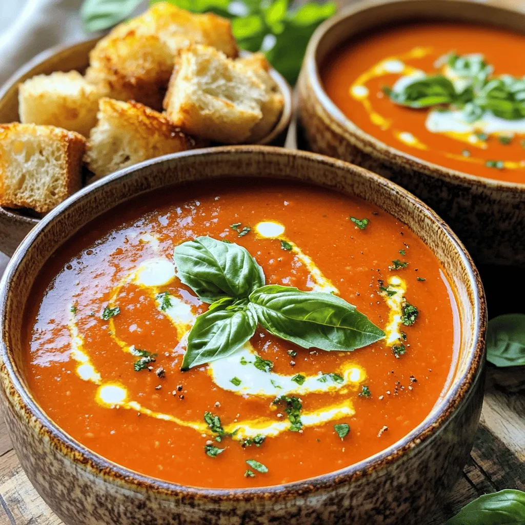 - 2 cans (28 ounces each) of whole peeled tomatoes - 1 medium onion, finely chopped - 4 cloves garlic, minced - 2 cups vegetable broth - 1 teaspoon dried basil - 1 teaspoon granulated sugar The base of this soup is simple yet full of flavor. Whole peeled tomatoes give a rich taste. Using fresh onion and garlic enhances the soup's depth. Vegetable broth adds a savory note, while dried basil offers that classic Italian flavor. A touch of sugar balances the acidity of the tomatoes, making each bite delightful. - 1 cup heavy cream or coconut cream - Sea salt and freshly ground black pepper - Fresh basil leaves for garnish - Croutons or slices of toasted bread for serving Adding cream makes the soup rich and creamy. If you prefer a dairy-free option, coconut cream works perfectly. Season to taste with sea salt and black pepper for a well-rounded flavor. Fresh basil leaves not only look beautiful but also add a burst of freshness. Pair your soup with croutons or toasted bread for the perfect dipping experience. For the full recipe, visit the provided link. To start, gather your ingredients for the slow cooker tomato basil soup. You will need: - 2 cans (28 ounces each) of whole peeled tomatoes - 1 medium onion, finely chopped - 4 cloves garlic, minced - 2 cups vegetable broth - 1 teaspoon dried basil - 1 teaspoon granulated sugar - Sea salt and freshly ground black pepper, to taste - 1 cup heavy cream or coconut cream - Fresh basil leaves, for garnish - Croutons or slices of toasted bread, for serving Now, combine all the ingredients in your slow cooker. Pour in the tomatoes, juice and all. Add the onion, garlic, vegetable broth, dried basil, and sugar. Mix these well. Season the mixture generously. Use sea salt and freshly ground black pepper. This step is key for great flavor. Taste as you go. Adjust the salt and pepper to your liking. Next, it’s time to set the slow cooker. You can choose between low or high heat. If you set it on low, let it cook for 6-8 hours. On high heat, it will take about 3-4 hours. This slow cooking helps develop the flavors. While it cooks, the smell will fill your kitchen. You will love how it draws everyone in! Once the cooking time is up, it’s time to puree the soup. If you have an immersion blender, use it directly in the slow cooker. Blend until the soup is smooth and creamy. If you’re using a regular blender, transfer the soup in batches. Blend until it reaches a velvety texture. After blending, stir in the heavy cream or coconut cream. This adds a rich taste. Mix well and let it warm on low heat for another 10-15 minutes. Now, taste the soup again. Adjust the seasoning if needed. You might want more salt, pepper, or sugar to get the taste just right. Serve the soup hot, garnished with fresh basil leaves. Add croutons or toasted bread on the side for a perfect meal. Enjoy this creamy, flavorful comfort dish! For the complete recipe, check out the Full Recipe. To make your soup taste great, balance the acidity. Use a little sugar to help. It cuts the sharpness of the tomatoes. Season your soup well with salt and pepper. This brings out all the flavors. For creaminess, add heavy cream or coconut cream. This makes the soup rich and smooth. Choose a reliable slow cooker. I recommend one with a timer and multiple heat settings. This helps cook the soup just right. For blending, use an immersion blender for ease. If you don’t have one, a regular blender works too. Just be careful when transferring hot soup. Garnishing adds charm to your dish. Toss in some fresh basil leaves on top. This gives color and boosts flavor. Serve the soup in nice bowls. Pair it with croutons or toasted bread for a full meal. Enjoy your comforting bowl of soup! {{image_4}} For a creamy texture, you can choose dairy-free options for cream. I recommend using coconut cream. It adds richness without the dairy. You can also swap the heavy cream for cashew cream. Just blend soaked cashews with water until smooth. When it comes to herbs, feel free to explore alternative herbs and spices. If basil isn’t your favorite, try thyme or oregano. They can give the soup a new twist. A pinch of red pepper flakes can add a nice kick, too. You can enhance the flavor by adding vegetables or proteins. Try adding carrots or bell peppers for extra nutrition. If you want protein, consider adding cooked lentils or shredded chicken. These additions make the soup heartier and more filling. Adjusting spice levels is easy, too. If you like heat, add more black pepper or even a dash of cayenne. If you prefer a milder soup, skip the extra spices. You control the flavor profile. To give your soup an Italian-style flair, use sun-dried tomatoes or Parmesan cheese. These ingredients boost the umami flavor. Fresh mozzarella can also make a delicious topping. For a spicy tomato basil soup variation, try adding diced jalapeños or chipotle peppers. This will give your soup a smoky, spicy kick. The combination of tomato and spice is simply delightful! For the full recipe, check out the [Full Recipe]. Enjoy getting creative with your slow cooker tomato basil soup! To keep your soup fresh, store it in an airtight container. This helps prevent spills and keeps the flavors in. Place the container in the fridge if you plan to eat it within a few days. Use it within 3-5 days for the best taste. If you want to save some for later, freeze the soup. Pour it into freezer-safe bags or containers. Leave some space for expansion. This soup can last up to three months in the freezer. When you're ready to enjoy it, let it thaw in the fridge overnight. When it’s time to eat, reheating the soup is easy. You can use the stove or microwave. If using the stove, pour the soup into a pot. Heat it over medium heat, stirring often until warm. For the microwave, place the soup in a bowl and cover it. Heat it in short bursts, stirring in between to avoid hot spots. To keep the texture nice, avoid boiling the soup when reheating. If it seems thick, add a splash of vegetable broth or water while heating. This will help restore its creamy texture. In the fridge, your soup lasts about 3-5 days. If you freeze it, expect it to stay good for about three months. After that, the taste may fade. Always check for off smells or changes in color before eating. Proper storage is key to enjoying your delicious Slow Cooker Tomato Basil Soup. You need to cook the soup for 6-8 hours on low heat or 3-4 hours on high. This slow cooking lets all the flavors blend well. You will smell the wonderful aroma as it cooks. Yes, you can skip the cream if you want a lighter version. The soup will still taste great. You can add a splash of extra vegetable broth for a thinner soup. Tomato basil soup pairs well with many sides. Here are some ideas: - Grilled cheese sandwiches - Croutons for crunch - Slices of toasted bread - A fresh garden salad Each option adds a nice touch to your meal. Yes, this soup is gluten-free! All the ingredients are safe for those avoiding gluten. Just ensure any added bread or croutons are gluten-free too. To make a larger batch, simply double the ingredients from the Full Recipe. You may need a bigger slow cooker. Adjust the cooking time slightly if necessary. Always taste and tweak to your liking. You now have all the ingredients and steps to make a delicious slow cooker tomato basil soup. From essential flavors to optional twists, you can customize this recipe. Remember to use proper seasoning and enjoy garnishing to make it visually appealing. Storing and reheating tips will help keep your soup fresh. Overall, this soup is easy to prepare and very satisfying. Enjoy your cooking journey and the warm bowls of comfort that follow!