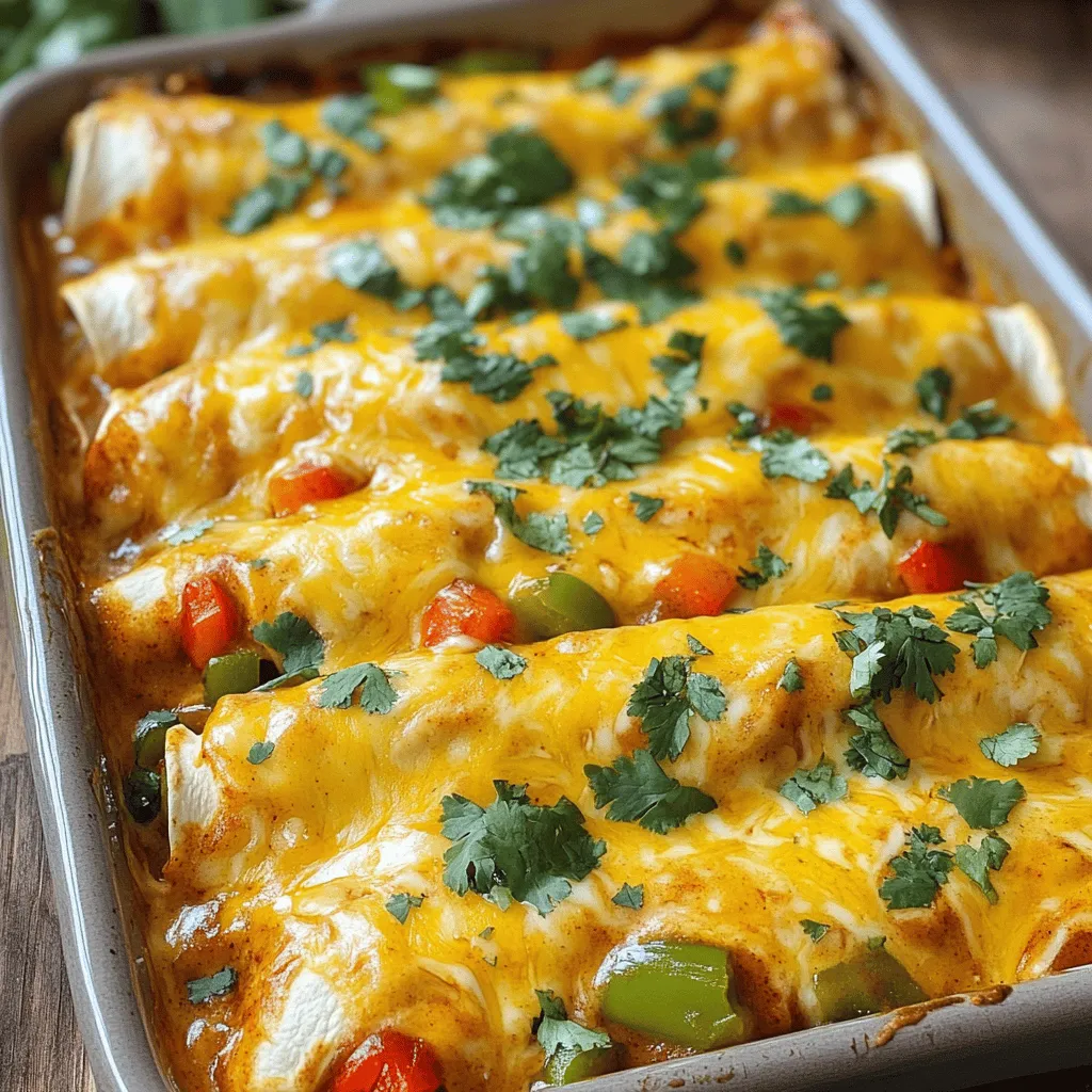 - 2 cups cooked chicken, shredded - 1 can (10 oz) enchilada sauce - 1 cup shredded cheese (cheddar or Monterey Jack) - 1 cup corn (frozen or canned, drained if using canned) - 1 cup black beans, drained and rinsed - 1 cup sliced bell peppers (any color) - 8 medium flour tortillas - 1 teaspoon ground cumin - 1 teaspoon garlic powder - 1 tablespoon olive oil - Salt and pepper to taste For these enchiladas, use cooked chicken you have on hand. Shredded rotisserie chicken works great. The enchilada sauce adds a rich flavor and moisture. I like to use cheddar or Monterey Jack cheese for a nice melt. You can mix in colorful bell peppers and black beans for extra taste and texture. Corn adds a sweet crunch, making every bite delightful. - Fresh cilantro, chopped (for garnish, optional) - Sour cream, guacamole, and salsa for serving For garnishments, fresh cilantro brings a burst of freshness. You can also serve the enchiladas with sour cream or guacamole. These toppings add creaminess and balance the flavors. If you want more heat, try adding some salsa on the side. Pair these enchiladas with a simple salad or rice for a complete meal. First, preheat your oven to 375°F (190°C). This step is key for baking your enchiladas evenly. While the oven heats, grab a large skillet. Pour in 1 tablespoon of olive oil and set it over medium heat. Once the oil is hot, add 1 cup of sliced bell peppers. Sauté these for about 3-4 minutes. You want them tender yet crisp, adding a nice crunch to your filling. In a mixing bowl, combine 2 cups of shredded chicken with 1 cup of corn and 1 cup of black beans. Add the sautéed bell peppers to this mix. Sprinkle in 1 teaspoon of ground cumin and 1 teaspoon of garlic powder. Season with salt and pepper to taste. Stir everything well so the flavors mix. This filling is both tasty and simple, perfect for your enchiladas. Now, take a greased 9x13 inch baking dish. Pour a thin layer of enchilada sauce at the bottom. This helps prevent sticking and adds flavor. Next, grab a flour tortilla. Spoon a generous amount of the chicken mixture down the center. Roll the tortilla tightly, tucking in the edges as you go. Place it seam-side down in the dish. Repeat this for all tortillas until you use all the filling. Once done, cover the rolled tortillas with the remaining enchilada sauce. Make sure all the tortillas are well-coated. Finish by sprinkling 1 cup of shredded cheese on top. Place your baking dish in the preheated oven. Bake for about 20-25 minutes. Keep an eye on the cheese; it should melt and bubble, creating a golden crust. Once done, remove the dish from the oven and let it cool for a few minutes. This helps the enchiladas set, making them easier to serve. Enjoy this easy chicken enchiladas recipe! For the full recipe, refer to the details provided earlier. How can I shred chicken quickly? To shred chicken fast, use two forks. Hold one fork steady and pull the chicken apart with the other fork. You can also use a stand mixer with a paddle attachment. Just mix on low speed for a few seconds. This method works well and saves time. How do I prep ingredients in advance? You can chop vegetables and shred chicken a day ahead. Store them in airtight containers. This way, when you're ready to cook, everything is ready to go. It cuts down on your cooking time. What are some suggestions for achieving the best flavor? To boost flavor, add spices like cumin and garlic powder. Use fresh herbs like cilantro for garnish. If you want a kick, add diced jalapeños. Choosing a good enchilada sauce makes a big difference too. How can I avoid soggy enchiladas? To keep enchiladas from getting soggy, ensure the sauce is not too watery. Also, cover the bottom of the baking dish with sauce, but don’t drown the enchiladas. Bake them until the cheese is bubbly and golden. This keeps the tortillas soft yet firm. For the full recipe, check out the [Full Recipe]. {{image_4}} You can easily change the filling in your enchiladas to suit your taste. If you want a vegetarian option, try using beans or lentils instead of chicken. You can also add extra veggies like zucchini or spinach. These add a nice crunch and color to your dish. The sauce is another area for creativity. While enchilada sauce is classic, you can switch it up with green salsa or mole. Each option offers a different flavor profile and can make your meal unique. Do you like it hot? You can add heat to your enchiladas using spices or fresh peppers. Try adding jalapeños to the filling for a kick. You can also sprinkle chili powder into your sauce for extra flavor. If you prefer mild enchiladas, skip the spicy peppers. Instead, you can use sweet bell peppers and stick with mild sauce. This way, everyone can enjoy them without the burn. After you enjoy your chicken enchiladas, store any leftovers in an airtight container. This keeps them fresh and tasty. Place the enchiladas in the fridge within two hours of cooking. They stay good for about three to four days. If you notice any change in smell or texture, it’s best to toss them. You can freeze enchiladas for later meals. To freeze before baking, prepare your dish as usual. Cover it tightly with plastic wrap and then foil. This keeps out air and moisture. You can freeze them for up to three months. To freeze after baking, let them cool completely first. Then, wrap them the same way. To reheat frozen enchiladas, simply thaw them in the fridge overnight. Once thawed, bake them at 350°F (175°C) for about 25 to 30 minutes. If they are still frozen, add 10 to 15 minutes to the baking time. Check that they are hot all the way through before serving. Enjoy them as if they were fresh! Can I use corn tortillas instead of flour? Yes, you can use corn tortillas. They add a nice flavor and texture. Keep in mind that corn tortillas can break more easily. Warm them up slightly before using. This will make them easier to roll. How can I make enchiladas ahead of time? You can prepare enchiladas a day in advance. Assemble them, but do not bake. Cover the dish with plastic wrap or foil and store it in the fridge. When you are ready to eat, just bake them as directed. This saves time and keeps dinner stress-free. Caloric content per serving Each serving of these chicken enchiladas is around 350 calories. This number can change based on the ingredients you choose. If you add more cheese or sour cream, it will be higher. Dietary adjustments and substitutions for health concerns You can make these enchiladas healthier by using lower-fat cheese or beans. If you want to cut carbs, try zucchini slices instead of tortillas. For a gluten-free option, use corn tortillas, as mentioned earlier. Always check labels to meet your dietary needs. In this blog post, we explored easy chicken enchiladas, from key ingredients to baking tips. You can mix shredded chicken, cheese, and veggies for a tasty filling. Don't forget optional garnishes like cilantro to elevate your dish. Try different sauces to change flavors or make it vegetarian. Storing tips ensure you enjoy these enchiladas later. In short, this dish is simple, fun, and great for sharing. Make it your own and enjoy!