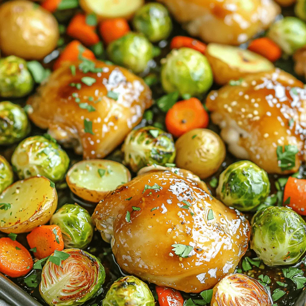 - 4 boneless, skinless chicken thighs - 1 cup Brussels sprouts, halved - 1 cup carrots, sliced - 1 red bell pepper, chopped into bite-sized pieces - 1 cup baby potatoes, halved The chicken thighs are juicy and tender. They soak up all the flavors. The veggies add color and crunch. Brussels sprouts bring a slight bitterness, while carrots are sweet. Red bell pepper gives a fresh taste, and baby potatoes add heartiness. - 1/4 cup honey - 1/4 cup soy sauce (or tamari for gluten-free) - 3 cloves garlic, minced - 1 tablespoon fresh ginger, grated Honey adds sweetness and helps caramelize the chicken. Soy sauce gives umami and saltiness. Garlic and ginger bring warmth and depth. This marinade makes the chicken and veggies shine. - Salt and pepper to taste - 2 tablespoons olive oil - Fresh parsley, chopped (for garnish) Salt and pepper boost all the flavors. Olive oil coats the veggies, helping them roast well. Fresh parsley brightens the dish and adds a pop of color. For the full recipe, check out the detailed steps above. 1. Preheat Oven: Start by preheating your oven to 400°F (200°C). This will help your chicken cook well and get that nice caramelized look. 2. Prepare Chicken Marinade: In a medium bowl, whisk together honey, soy sauce, minced garlic, grated ginger, olive oil, and a pinch of salt and pepper. Save about two tablespoons of this marinade for later. 3. Marinate Chicken: Put the chicken thighs in a large ziplock bag or a shallow dish. Pour half of the marinade over the chicken. Make sure it's well coated. Seal the bag or cover the dish and let it sit for at least 15 minutes at room temperature, or up to 2 hours in the fridge for a better taste. 4. Prepare Vegetables: On a large rimmed sheet pan, add halved brussels sprouts, sliced carrots, chopped red bell pepper, and halved baby potatoes. Drizzle with a tablespoon of olive oil. Season with salt and pepper, and toss everything until the veggies are coated. 5. Arrange on Sheet Pan: After the chicken has marinated, take it out and place the chicken thighs in the center of the sheet pan. Surround them with the colorful mix of veggies. 6. Bake: Drizzle the reserved marinade over the chicken and vegetables. Place the sheet pan in your preheated oven and bake for 30-35 minutes. Cook until chicken reaches an internal temperature of 165°F (75°C) and veggies are tender. 7. Broil for Crispiness: To get a crispy finish, switch your oven to broil for the last 2-3 minutes. Watch closely to avoid burning, as broiling cooks quickly. 8. Garnish and Serve: After cooking, take the sheet pan out and let it rest for a few minutes. Before serving, sprinkle chopped parsley on top for a fresh look. For the complete instructions, check the Full Recipe. To get the best flavor from your chicken, marinate it for at least 15 minutes. If you have more time, try marinating for up to 2 hours in the fridge. This longer time helps the flavors soak in deeply. Want to mix things up? You can use different marinades. Try a teriyaki sauce or a spicy sriracha blend. Each will give a unique twist to your dish. For even cooking on your sheet pan, space the chicken and veggies apart. This helps hot air circulate around them. Overcrowding can lead to steaming, which makes them soggy. To get that perfect caramelization, broil the dish in the last few minutes. Keep an eye on it to avoid burning. Broiling adds a nice crisp and brings out the dish's sweet flavors. For a fun presentation, serve the meal right from the sheet pan. It gives a rustic feel. Or, plate the chicken and veggies separately for a more refined look. Pair your honey garlic chicken with rice or a fresh salad for a complete meal. A slice of lemon on the side is a great touch. It brightens up the dish and adds a zesty flavor. {{image_4}} You can swap chicken for different meats. Try pork or turkey for a change. Both will offer great taste. You can also use shrimp for a seafood twist. Just adjust the cook time to keep them juicy. For a vegetarian option, tofu or seitan works well. Tofu absorbs flavors well, making it a great choice. Use firm tofu for best results. Cut it into cubes and marinate the same way as chicken. Seitan offers a chewy texture and is easy to cook. Simply slice it and add it to your sheet pan. Seasonal veggies can change the dish's look and taste. In spring, try asparagus or zucchini. In summer, bell peppers and corn are great picks. In fall, root veggies like parsnips or squash shine. You can also consider frozen veggies. They offer convenience and save prep time. Just ensure to thaw and drain them before use. Adding spices can bring new flavors to your dish. Try paprika for a smoky kick or cumin for warmth. You can even add chili flakes for heat. For a Mediterranean vibe, use oregano or thyme. If you want to switch up the sweetness, use maple syrup or agave. Both will give a different taste while keeping it sweet. The key is to balance flavors to suit your palate. For the full recipe, check out the details in the article. To keep your leftover sheet pan honey garlic chicken and veggies fresh, follow these steps: - Cool the food: Allow the dish to cool to room temperature before storing. - Use airtight containers: Glass or plastic containers with tight lids work best. This keeps moisture in and smells out. - Label and date: Write the date on each container to track freshness. Reheating properly helps retain the dish's great texture. Here’s how: - Microwave: Place the chicken and veggies on a microwave-safe plate. Cover with a damp paper towel. Heat in short bursts until warm. - Oven: Preheat the oven to 350°F (175°C). Spread the leftovers on a baking sheet. Heat for about 15-20 minutes, or until hot. - Avoid sogginess: Ensure you don’t cover food tightly while reheating. This prevents steam from making it mushy. Freezing is a smart way to save leftovers. Here’s how to do it safely: - Cool before freezing: Let the dish cool down completely first. - Use freezer bags or containers: Squeeze out as much air as possible from the bags. This helps prevent freezer burn. - Duration for keeping: You can keep it in the freezer for up to three months. After that, it may lose flavor and texture. For a full recipe, check out the [Full Recipe]. I recommend marinating the chicken for at least 15 minutes. This time allows the flavors to soak in. For more taste, marinate for up to 2 hours in the fridge. The longer you marinate, the more flavorful your chicken will be. Yes, you can! To prep ahead, marinate the chicken and chop the veggies. Store them in airtight containers in the fridge. You can bake them later when you are ready to eat. This makes dinner super easy after a long day. Some great sides include: - Steamed rice - Quinoa - A fresh salad - Garlic bread These options complement the flavors well. They also help to create a full meal. Yes, you can make this recipe gluten-free. Simply swap regular soy sauce for tamari. Tamari is a gluten-free option that tastes just as good. Always check labels to ensure other ingredients are gluten-free too. Absolutely! Here are some alternatives: - Broccoli - Zucchini - Cauliflower - Green beans Feel free to mix and match your favorite veggies. Just keep the cooking times in mind to ensure everything cooks evenly. For the full recipe, check the details provided earlier. This blog covered how to make Sheet Pan Honey Garlic Chicken. We discussed main ingredients like chicken, veggies, and a tasty marinade. You learned step-by-step instructions for prepping, cooking, and garnishing your dish. I offered tips for marinating, cooking, and serving, plus variations to suit your taste. In conclusion, you can create a flavorful, healthy meal with few ingredients. Try different proteins and veggies to keep it fresh. Cooking at home can be easy and fun!