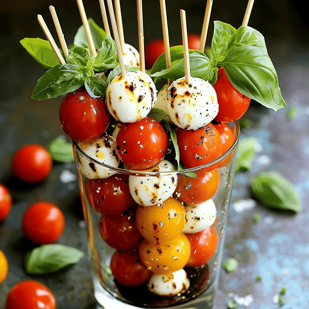 - Cherry tomatoes - Fresh mozzarella balls (bocconcini) - Fresh basil leaves - Balsamic glaze - Extra virgin olive oil - Salt and freshly cracked pepper - Wooden or bamboo skewers If you want to switch things up, try different cheeses. Goat cheese or feta can add great flavor. You can also use herbs like oregano or parsley for a twist. Spices like crushed red pepper can give your skewers a fun kick. Fresh ingredients make a big difference. They taste better than store-bought ones. Fresh basil and ripe tomatoes bring out the best flavors. Think about the season too. In summer, tomatoes taste sweeter and basil is fragrant. Using seasonal produce boosts taste and supports local farms. 1. Rinse and dry all your ingredients. 2. Start with cherry tomatoes. Wash them under cool water. 3. Then, rinse fresh basil leaves. Pat them dry with a paper towel. 4. Grab your skewers. You can use wooden or bamboo ones. 5. Begin assembling the skewers. Slide one cherry tomato onto the skewer. 6. Next, add a fresh basil leaf. Let it hug the tomato. 7. Follow with a mozzarella ball. Repeat this pattern. 8. Add 2-3 sets of tomatoes, basil, and mozzarella per skewer. 9. Leave space at both ends for easy handling. 1. Arrange the skewers nicely on a serving platter. 2. Drizzle extra virgin olive oil over the skewers. 3. Follow with a balsamic glaze for a rich touch. 4. Sprinkle salt and freshly cracked pepper on top. 5. Adjust seasoning to your taste. 6. Enjoy the skewers fresh. Refrigerate for up to one hour if needed. 1. You can prep your ingredients ahead of time. 2. Wash and dry tomatoes and basil the day before. 3. Store them in separate containers in the fridge. 4. Assemble skewers an hour before serving for the best flavor. 5. For storing assembled skewers, cover them tightly with plastic wrap. 6. Keep them in the fridge until you’re ready to serve. For the full recipe, check out Delightful Caprese Skewers. Enjoy your cooking! To make your Easy Caprese Skewers shine, balance the flavors. Use balsamic glaze for acidity. It adds sweetness and tang. Drizzle it generously on the skewers for a pop of flavor. You can also try unique spices. A sprinkle of Italian herbs or chili flakes can excite your taste buds. Experiment with flavors to find your favorite mix! Making these skewers ahead of time is simple. Prepare the ingredients a few hours in advance. Rinse and dry the tomatoes and basil early. Assemble the skewers but leave out the glaze until serving. This keeps them fresh and bright. For refrigeration, place the skewers in a sealed container. They stay fresh for about an hour before serving. Pair your skewers with drinks for a fun experience. A crisp white wine or sparkling water works well. For food pairings, serve the skewers with crusty bread or a light salad. This adds variety to your meal. You can even set up a skewers bar. Let guests build their own with different ingredients. This makes for a lively and interactive gathering! {{image_4}} You can make easy Caprese skewers even tastier by adding protein. Salami or prosciutto works great. These meats add a savory touch that pairs well with cheese and tomatoes. If you want to change the cheese, try using feta or goat cheese. Each cheese brings its own unique flavor. Get creative with themes for your skewers. For summer, use ripe peaches or nectarines for a fruity twist. In fall, add roasted pumpkin or sweet potato. You can also make international versions. Think of adding olives for a Mediterranean flair or spicy peppers for a kick. If you want a vegetarian option, use dairy-free cheese. Many brands offer great taste without dairy. For a veggie-centric skewer, try cherry tomatoes, zucchini, and bell peppers. These colorful veggies will add crunch and flavor. You can mix and match to fit your taste. For the full recipe, check out the delightful Caprese skewers section! To keep your Easy Caprese Skewers fresh, store them in an airtight container. This method keeps the flavors intact. Use a shallow container to avoid stacking, which can squish the skewers. If you have extra basil leaves, place them in the container to maintain freshness. You can also wrap the skewers in plastic wrap for added protection. You can freeze these skewers, but they may lose some texture. If you choose to freeze, remove the mozzarella before freezing. Freeze the tomatoes and basil separately. To reheat, let them thaw in the fridge overnight. After thawing, quickly warm the skewers in a pan over low heat for a few minutes. This method helps to revive some of their original flavors. In the fridge, your Easy Caprese Skewers can last for about two days. After that, the tomatoes may start to lose their firmness. Signs of spoilage include a mushy texture or a sour smell. Always check for these signs before serving. Enjoy your delicious skewers while they are still fresh! To make Easy Caprese Skewers, follow these steps: 1. Rinse a pint of cherry tomatoes and a handful of basil leaves. Dry them with a clean towel. 2. Take a wooden skewer and slide on one cherry tomato first. 3. Add a basil leaf next, so it hugs the tomato. 4. Follow with a mozzarella ball. 5. Repeat this pattern until the skewer is full. Leave space at both ends for easy handling. 6. Once done, arrange the skewers on a platter. 7. Drizzle with extra virgin olive oil and balsamic glaze. 8. Sprinkle salt and pepper to taste. This process takes about 10 minutes. You can find the Full Recipe above. If you need an alternative to balsamic glaze, consider these options: - Red wine vinegar mixed with a bit of honey. - Honey mustard dressing for a sweet and tangy touch. - Italian dressing for a zesty flavor. - Pesto can add a fresh twist. These dressings can change the taste but still keep the dish refreshing. Yes, you can make these skewers a day ahead. Here are some tips: - Prepare the skewers and keep them in the fridge. - Store them in an airtight container to keep them fresh. - Add the olive oil and balsamic glaze just before serving. This keeps the flavors bright and fresh. To keep mozzarella from getting soggy: - Use fresh mozzarella balls, as they hold up better. - Pat them dry with a paper towel before using. - Assemble skewers close to serving time. - Store skewers in the fridge without any dressing until ready to serve. These tips will help maintain the texture. Serve Caprese skewers at room temperature for the best flavor. Consider these ideas: - Place them upright in a glass or jar filled with fresh basil. - Drizzle extra balsamic glaze on the plate for an elegant touch. - Pair with a light white wine or sparkling water. These serving suggestions enhance the overall experience. In this post, we explored how to make delicious Caprese skewers using fresh ingredients. I shared tips on substitutions, storage, and enhancing flavor. Remember, fresh ingredients make a big difference in taste. You can customize your skewers with different cheeses and herbs for variety. Prepare ahead to save time and store leftovers properly. Enjoy these skewers as a tasty snack or appetizer. With your newfound knowledge, you can impress anyone with your homemade Caprese skewers. Get started and let your creativity shine!