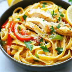 To make spicy Cajun chicken pasta, gather these ingredients: - Chicken: 2 boneless, skinless chicken breasts - Pasta: 8 oz fettuccine pasta - Seasoning: 2 tablespoons Cajun seasoning - Vegetables: 1 red bell pepper, 1 green bell pepper, 1 small onion - Dairy: 1 cup heavy cream, Grated Parmesan cheese - Other: 1 tablespoon olive oil, 1 cup chicken broth, Garlic, Salt, and black pepper This recipe is simple yet packed with flavor. Each item plays a key role in creating the dish's vibrant taste. The Cajun seasoning adds a lively kick, while the heavy cream balances it out, making it creamy and rich. Using fresh vegetables enhances the dish's color and texture. Feel free to adjust the amount of Cajun seasoning. If you want it spicier, add more! For a milder version, use less. You can also play with different veggies based on what you have. Check the Full Recipe for step-by-step instructions on how to combine these ingredients into a delicious meal. Enjoy your cooking! Start by boiling a large pot of water. Add a good amount of salt to the water. This salt helps flavor the pasta. Once the water boils, add the fettuccine. Cook it according to the package instructions until it is al dente. This usually takes about 8-10 minutes. Drain the pasta, but save a small cup of the pasta water for later. This water helps mix everything together. Next, heat a large skillet over medium heat. Add the olive oil and let it warm up. Once hot, add the sliced chicken breasts. Sprinkle them with Cajun seasoning, salt, and black pepper. Cook the chicken for about 6-7 minutes. Stir it often until it becomes golden brown and fully cooked. When done, remove the chicken from the skillet and place it on a plate to keep warm. In the same skillet, add the diced onion. Sauté the onion for about 3 minutes until it turns clear. Then, add the minced garlic. Cook it for another minute, stirring frequently. This brings out its aroma. Next, add the sliced bell peppers. Cook them for about 5 minutes, or until they start to soften. Now, pour in the chicken broth. Bring it to a gentle simmer. Let it cook for 3-4 minutes to reduce slightly. This step intensifies the flavors. After that, lower the heat and stir in the heavy cream. Allow it to simmer for another 2-3 minutes. Stir occasionally until the sauce thickens a bit. Return the cooked chicken to the skillet. Mix it well with the sauce. Allow the chicken to heat through for a minute or two. Now, add the drained fettuccine to the skillet. Toss everything together until the pasta is fully coated in the flavorful sauce. If it looks too thick, add a splash of the reserved pasta water. Taste and adjust the seasoning with salt and pepper as needed. For full details, check the Full Recipe. To achieve perfect pasta texture, cook the fettuccine until al dente. This means the pasta should be firm, but not hard. Always use plenty of salted water for boiling. It helps the pasta absorb flavor. Reserve a small cup of pasta water before draining. You can use it later to adjust the sauce. Timing is key when adding cream. Lower the heat before you stir in the heavy cream. This keeps the sauce from boiling too hard. A gentle simmer helps the cream mix well and thicken nicely. Stir occasionally for about 2-3 minutes. For serving, choose deep bowls to show off your dish. The vibrant colors of the peppers and chicken look great against the creamy sauce. Top each bowl with freshly chopped parsley. A sprinkle of grated Parmesan cheese adds a nice touch. For extra zing, add a lemon slice on the side. Guests can squeeze it over their pasta for a fresh twist. To boost flavor, consider adding a pinch of smoked paprika. It deepens the spice profile and adds warmth. You can also mix in diced tomatoes for a fresh taste. For heat, adjust the amount of Cajun seasoning. If you want it spicier, add cayenne pepper or red pepper flakes. Start with just a little, then taste and add more if needed. {{image_4}} You can switch up the protein in this dish. If you want chicken, try shrimp or sausage. Both options add great flavor. For a plant-based twist, use tofu or tempeh. Season them just like the chicken. This keeps the Cajun vibe while making it vegetarian-friendly. If you need gluten-free options, use rice noodles or gluten-free pasta. They work well with the sauce. Whole grain pasta is another great choice. It adds fiber and a nutty flavor to your dish. Both options help you enjoy this recipe without worries. Feel free to get creative with the sauce. For a lighter option, use a tomato-based sauce. You can also try a white wine sauce for a fresh taste. If you want a twist, add a bit of pesto or lemon juice. These variations can brighten up the dish and still keep that Cajun kick. For the full recipe, check out the original ingredients and instructions. Store your leftover spicy Cajun chicken pasta in an airtight container. This keeps it fresh and tasty. Be sure to cool the pasta first. Place it in the fridge within two hours of cooking. It will stay good for about three to four days. When ready to eat, check for any off smells or discoloration. If it looks or smells bad, throw it out. If you want to save some for later, freezing is a great option. First, let the pasta cool to room temperature. Then, place it in a freezer-safe container. Make sure to leave some space at the top for expansion. You can freeze it for up to three months. When you’re ready to eat, thaw it in the fridge overnight. This helps keep the flavors intact. Reheating requires care to keep the pasta's texture. You can use the microwave or the stove. If using the microwave, cover the dish and heat it in short bursts. Stir between each burst to ensure even heating. If using the stove, add a splash of chicken broth or cream to the pan. Heat it on low, stirring often until it's warmed through. This step helps restore some creaminess to the sauce. For the full recipe, refer back to the main section of this article. Cajun seasoning is a mix of spices that packs a punch. It often includes: - Paprika - Cayenne pepper - Garlic powder - Onion powder - Oregano - Thyme - Black pepper - Salt These spices work together to create a bold, smoky, and spicy flavor. Cajun seasoning enhances dishes with warmth and depth. You can find it in stores or make your own at home. Just blend the spices to your taste. Yes, you can prepare spicy Cajun chicken pasta ahead of time. Here are some tips: - Cook the chicken and sauce earlier in the day. - Store them in separate containers in the fridge. - Cook the pasta closer to serving time. - Reheat the chicken and sauce on low heat. - Toss with freshly cooked pasta before serving. This method helps keep the pasta from becoming mushy. You have many tasty options for side dishes. Here are my favorites: - Garlic bread: It’s perfect for soaking up the sauce. - Caesar salad: A fresh and crisp salad balances the meal. - Steamed vegetables: Broccoli or green beans add color and nutrition. - Coleslaw: A crunchy slaw brings a nice contrast to the pasta. These sides complement the rich flavors of the pasta. Enjoy experimenting with different combinations! We explored how to make spicy Cajun chicken pasta step-by-step. You learned about the key ingredients, cooking methods, and helpful tips. Remember to enjoy the process, as well as the final dish. Don’t forget to experiment with flavors or variations to make it your own. This recipe can easily adapt and fit your taste. With the right care, your dish will impress anyone. Happy cooking!