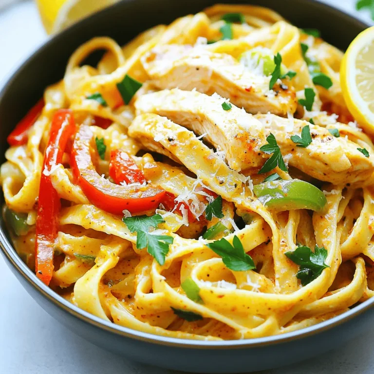 To make spicy Cajun chicken pasta, gather these ingredients: - Chicken: 2 boneless, skinless chicken breasts - Pasta: 8 oz fettuccine pasta - Seasoning: 2 tablespoons Cajun seasoning - Vegetables: 1 red bell pepper, 1 green bell pepper, 1 small onion - Dairy: 1 cup heavy cream, Grated Parmesan cheese - Other: 1 tablespoon olive oil, 1 cup chicken broth, Garlic, Salt, and black pepper This recipe is simple yet packed with flavor. Each item plays a key role in creating the dish's vibrant taste. The Cajun seasoning adds a lively kick, while the heavy cream balances it out, making it creamy and rich. Using fresh vegetables enhances the dish's color and texture. Feel free to adjust the amount of Cajun seasoning. If you want it spicier, add more! For a milder version, use less. You can also play with different veggies based on what you have. Check the Full Recipe for step-by-step instructions on how to combine these ingredients into a delicious meal. Enjoy your cooking! Start by boiling a large pot of water. Add a good amount of salt to the water. This salt helps flavor the pasta. Once the water boils, add the fettuccine. Cook it according to the package instructions until it is al dente. This usually takes about 8-10 minutes. Drain the pasta, but save a small cup of the pasta water for later. This water helps mix everything together. Next, heat a large skillet over medium heat. Add the olive oil and let it warm up. Once hot, add the sliced chicken breasts. Sprinkle them with Cajun seasoning, salt, and black pepper. Cook the chicken for about 6-7 minutes. Stir it often until it becomes golden brown and fully cooked. When done, remove the chicken from the skillet and place it on a plate to keep warm. In the same skillet, add the diced onion. Sauté the onion for about 3 minutes until it turns clear. Then, add the minced garlic. Cook it for another minute, stirring frequently. This brings out its aroma. Next, add the sliced bell peppers. Cook them for about 5 minutes, or until they start to soften. Now, pour in the chicken broth. Bring it to a gentle simmer. Let it cook for 3-4 minutes to reduce slightly. This step intensifies the flavors. After that, lower the heat and stir in the heavy cream. Allow it to simmer for another 2-3 minutes. Stir occasionally until the sauce thickens a bit. Return the cooked chicken to the skillet. Mix it well with the sauce. Allow the chicken to heat through for a minute or two. Now, add the drained fettuccine to the skillet. Toss everything together until the pasta is fully coated in the flavorful sauce. If it looks too thick, add a splash of the reserved pasta water. Taste and adjust the seasoning with salt and pepper as needed. For full details, check the Full Recipe. To achieve perfect pasta texture, cook the fettuccine until al dente. This means the pasta should be firm, but not hard. Always use plenty of salted water for boiling. It helps the pasta absorb flavor. Reserve a small cup of pasta water before draining. You can use it later to adjust the sauce. Timing is key when adding cream. Lower the heat before you stir in the heavy cream. This keeps the sauce from boiling too hard. A gentle simmer helps the cream mix well and thicken nicely. Stir occasionally for about 2-3 minutes. For serving, choose deep bowls to show off your dish. The vibrant colors of the peppers and chicken look great against the creamy sauce. Top each bowl with freshly chopped parsley. A sprinkle of grated Parmesan cheese adds a nice touch. For extra zing, add a lemon slice on the side. Guests can squeeze it over their pasta for a fresh twist. To boost flavor, consider adding a pinch of smoked paprika. It deepens the spice profile and adds warmth. You can also mix in diced tomatoes for a fresh taste. For heat, adjust the amount of Cajun seasoning. If you want it spicier, add cayenne pepper or red pepper flakes. Start with just a little, then taste and add more if needed. {{image_4}} You can switch up the protein in this dish. If you want chicken, try shrimp or sausage. Both options add great flavor. For a plant-based twist, use tofu or tempeh. Season them just like the chicken. This keeps the Cajun vibe while making it vegetarian-friendly. If you need gluten-free options, use rice noodles or gluten-free pasta. They work well with the sauce. Whole grain pasta is another great choice. It adds fiber and a nutty flavor to your dish. Both options help you enjoy this recipe without worries. Feel free to get creative with the sauce. For a lighter option, use a tomato-based sauce. You can also try a white wine sauce for a fresh taste. If you want a twist, add a bit of pesto or lemon juice. These variations can brighten up the dish and still keep that Cajun kick. For the full recipe, check out the original ingredients and instructions. Store your leftover spicy Cajun chicken pasta in an airtight container. This keeps it fresh and tasty. Be sure to cool the pasta first. Place it in the fridge within two hours of cooking. It will stay good for about three to four days. When ready to eat, check for any off smells or discoloration. If it looks or smells bad, throw it out. If you want to save some for later, freezing is a great option. First, let the pasta cool to room temperature. Then, place it in a freezer-safe container. Make sure to leave some space at the top for expansion. You can freeze it for up to three months. When you’re ready to eat, thaw it in the fridge overnight. This helps keep the flavors intact. Reheating requires care to keep the pasta's texture. You can use the microwave or the stove. If using the microwave, cover the dish and heat it in short bursts. Stir between each burst to ensure even heating. If using the stove, add a splash of chicken broth or cream to the pan. Heat it on low, stirring often until it's warmed through. This step helps restore some creaminess to the sauce. For the full recipe, refer back to the main section of this article. Cajun seasoning is a mix of spices that packs a punch. It often includes: - Paprika - Cayenne pepper - Garlic powder - Onion powder - Oregano - Thyme - Black pepper - Salt These spices work together to create a bold, smoky, and spicy flavor. Cajun seasoning enhances dishes with warmth and depth. You can find it in stores or make your own at home. Just blend the spices to your taste. Yes, you can prepare spicy Cajun chicken pasta ahead of time. Here are some tips: - Cook the chicken and sauce earlier in the day. - Store them in separate containers in the fridge. - Cook the pasta closer to serving time. - Reheat the chicken and sauce on low heat. - Toss with freshly cooked pasta before serving. This method helps keep the pasta from becoming mushy. You have many tasty options for side dishes. Here are my favorites: - Garlic bread: It’s perfect for soaking up the sauce. - Caesar salad: A fresh and crisp salad balances the meal. - Steamed vegetables: Broccoli or green beans add color and nutrition. - Coleslaw: A crunchy slaw brings a nice contrast to the pasta. These sides complement the rich flavors of the pasta. Enjoy experimenting with different combinations! We explored how to make spicy Cajun chicken pasta step-by-step. You learned about the key ingredients, cooking methods, and helpful tips. Remember to enjoy the process, as well as the final dish. Don’t forget to experiment with flavors or variations to make it your own. This recipe can easily adapt and fit your taste. With the right care, your dish will impress anyone. Happy cooking!