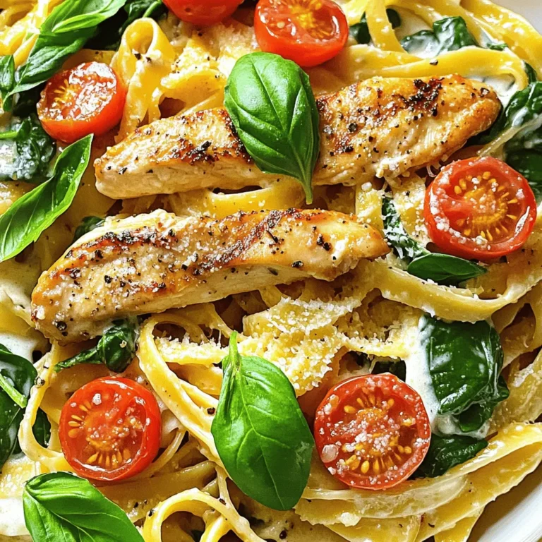 - 2 boneless, skinless chicken breasts, cut into thin strips - 8 oz fettuccine or your choice of pasta - 1 cup heavy cream - 1 cup freshly grated Parmesan cheese For this dish, I love using chicken breasts. They cook quickly and soak up flavors well. Fettuccine is my go-to pasta, but you can use any type you enjoy. The heavy cream adds a rich, smooth texture, while the Parmesan cheese gives it a savory, cheesy finish. - 1 teaspoon Italian seasoning blend - 3 cloves garlic, minced finely - 1 cup fresh baby spinach leaves - 1 cup cherry tomatoes, halved - Fresh basil leaves for garnish The Italian seasoning blend brings a warm, herbaceous taste to the dish. Fresh garlic adds a punch of flavor, while baby spinach gives a nice green touch. Cherry tomatoes burst with sweetness when cooked, making them a perfect addition. Finally, fresh basil leaves not only look pretty but also add aroma and flavor to the plate. For the full recipe, click here. To cook fettuccine correctly, start by boiling a large pot of salted water. Once it boils, add the fettuccine. Cook it for about 8-10 minutes until it is al dente. This means it should be firm but not hard. Afterward, drain the pasta and be sure to save about one cup of the pasta water. This water is full of starch, and it helps make the sauce creamy. For the chicken, I recommend seasoning it well. Use salt and freshly cracked black pepper. You can also add Italian seasoning for extra flavor. Heat extra virgin olive oil in a skillet over medium heat. Once hot, add the seasoned chicken. Cook it for about 6-7 minutes, until it turns golden brown. Make sure it cooks all the way through. Once done, place the chicken on a plate and cover it to keep it warm. To create the cream sauce, start by adding minced garlic to the skillet. Sauté it for about 30 seconds. You want it fragrant, but not browned. Then, add halved cherry tomatoes. Cook them for 3-4 minutes until they soften. Next, pour in the heavy cream and stir. Bring it to a gentle simmer. Add grated Parmesan cheese and mix until it melts. This makes the sauce rich and creamy. If you need to adjust the sauce's thickness, gradually stir in the reserved pasta water. Add it little by little until you reach your desired consistency. Mix in the chicken and fresh spinach, then combine everything with the cooked fettuccine. Toss gently to coat the pasta well in the sauce. For the full recipe, check out the details provided. - Best practices for sautéing garlic: Always heat your pan before adding garlic. Use medium heat to avoid burning. Stir frequently for about 30 seconds until it’s fragrant but not brown. This keeps the flavor bright and fresh. - Ensuring chicken is perfectly cooked: Cut chicken into thin strips for even cooking. Season well with salt and pepper. Sauté in olive oil for 6-7 minutes until golden brown. Always check if it’s cooked through by cutting into a piece. No pink should remain. - Pairing recommendations: A light white wine, like Pinot Grigio, complements this dish well. A crisp green salad with lemon dressing makes a nice side. - Ideal garnishes for presentation: Fresh basil leaves brighten the plate. A sprinkle of Parmesan cheese on top adds a lovely touch. - Overcooking the pasta or chicken: Follow package instructions for pasta. Cook until al dente to avoid mushiness. For chicken, ensure it turns golden but remains juicy inside. - Skipping the reserved pasta water: This water is starchy and helps the sauce cling to the pasta. Always reserve a cup before draining. Add it slowly to adjust the sauce’s thickness as needed. These tips enhance your experience with creamy Tuscan chicken pasta. For the full recipe, check out the detailed steps above! {{image_4}} You can change up the protein in this dish. Shrimp adds a nice touch, or you can use tofu for a plant-based option. Both cook quickly and will soak up the creamy sauce. For those who need dairy-free options, swap heavy cream with coconut milk or cashew cream. Nutritional yeast can replace Parmesan for a cheesy flavor without dairy. To boost flavor, consider adding spices or herbs. A pinch of red pepper flakes can give a nice kick. Fresh herbs like thyme or oregano can brighten the dish. You can also add seasonal vegetables. Zucchini or bell peppers work well and add color. Just sauté them with the garlic to keep them crisp. While fettuccine is a classic choice, try other pasta shapes like penne or farfalle. Each type has its own unique texture. Cooking times vary, so check the package. Most pasta takes about 8 to 12 minutes. Just remember to cook until it's al dente, so it holds up in the creamy sauce. If you want a gluten-free option, use rice or quinoa pasta. It brings a different flavor and pairs well with the sauce. For the full recipe, check out the Creamy Tuscan Chicken Pasta Delight! To keep your creamy Tuscan chicken pasta fresh, store it in the fridge. Place it in an airtight container to maintain its flavor. This dish stays good for about 3 to 4 days. For best taste, eat leftovers within this time. When reheating, keep the creaminess intact. You can use the microwave or the stove. For the microwave, heat in 30-second intervals. Stir in between to ensure even heating. On the stove, warm it over low heat. Add a splash of cream or reserved pasta water to restore its creamy texture. Yes, this dish can be frozen! To freeze, let it cool completely. Then, place it in a freezer-safe container. It can last up to 2 months in the freezer. When ready to eat, thaw it in the fridge overnight. Reheat gently on the stove, adding a bit of cream for extra creaminess. Fettuccine is my top choice because it holds sauce well. It has a nice balance of thickness and texture. You can also use penne or farfalle if you prefer. Both work great for this creamy dish. They trap the sauce in their shapes, giving you more flavor in every bite. Yes, you can prepare this dish ahead of time! Cook the pasta and chicken but leave the sauce separate. Store them in airtight containers. When you are ready to eat, heat the sauce and combine everything. This will keep your pasta from getting mushy. You can also add a splash of reserved pasta water to revive the creaminess. You can make a low-carb version by swapping pasta for zucchini noodles or spaghetti squash. These options give you a similar shape without the carbs. You can also use a low-carb pasta made from almond flour or chickpeas. This keeps the dish tasty while fitting into your diet. This article covered the key ingredients needed for Creamy Tuscan Chicken Pasta, including chicken breasts, pasta options, and the perfect cream sauce. I shared step-by-step cooking tips and how to avoid common mistakes. Feel free to tweak the recipe with variations like different proteins or pasta styles. Remember, storing and reheating leftovers properly keeps them enjoyable. Use this guide to make a tasty meal that anyone can master. With these tips, your dish will shine at any table. Enjoy your cooking!
