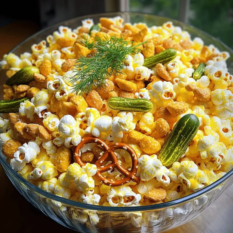 - 4 cups popped popcorn - 1 cup dill pickle chips - 1 cup mini pretzels - 1/2 cup roasted salted peanuts The main ingredients in this snack mix create a fun blend. First, you need popped popcorn. You can pop it on the stove or use a microwave. The popcorn gives a light and fluffy base. Next, add dill pickle chips for that tangy flavor. They add a crunch and a zesty kick. Mini pretzels bring a salty twist and a satisfying crunch. The roasted salted peanuts add nutty flavor and extra texture. Together, they make a wonderful mix. - 1/4 cup ranch seasoning mix - 1 tablespoon pickle juice - 2 tablespoons extra virgin olive oil - 1 teaspoon garlic powder - Salt to taste For the dressing, combine ranch seasoning mix with pickle juice. This mix gives your snack a creamy and tangy taste. The extra virgin olive oil adds richness and helps coat everything. Garlic powder boosts the flavor even more. Adjust with salt to make it just right for your taste. This dressing ties all the flavors together, making each bite special. - Fresh dill fronds For a fresh touch, I like to add fresh dill fronds. They enhance the pickle flavor and make the mix look pretty. You can sprinkle them on top just before serving. This simple garnish can really elevate your snack mix. If you want to impress your guests, this small step makes a big difference. For the full recipe, check out the recipe section. Enjoy making this tasty and crunchy treat! To start, you need to pop the popcorn. You can use a popcorn maker or a large pot. If using a pot, heat it over medium heat. Add a bit of oil and the kernels. Cover it with a lid. Wait for the popping sounds to slow down. Once done, carefully pour the popcorn into a large mixing bowl. Check for any unpopped kernels and toss those aside. Next, let’s make the dressing. In a small bowl, mix extra virgin olive oil, pickle juice, garlic powder, and ranch seasoning. Use a whisk to blend them well until the dressing is smooth and creamy. This dressing will add amazing flavor to your snack mix. Now it’s time to combine everything. To your popcorn, add chopped dill pickle chips, mini pretzels, and roasted salted peanuts. Pour the dressing over the mix. Using a large spatula or your hands, gently toss everything. Make sure each piece is coated well with the dressing. Once mixed, it’s time to taste. Sample your snack mix and see if it needs more salt. If it does, sprinkle some in and toss again. Adjusting the flavors will make the mix even better. Let the mix sit for 15-20 minutes. This time allows the flavors to meld together beautifully. For serving, use individual snack bowls or one big bowl to share. - Presentation Tips: Add a touch of visual charm by garnishing with fresh dill fronds. You can also serve it in a clear bowl with a scoop for easy access. For the complete recipe, check out the Full Recipe. To make your pickle popcorn snack mix truly unique, think about customizing the flavors. You can add a sprinkle of cayenne for heat or some cheese powder for a savory twist. Try adding a bit of lemon zest for a fresh kick. Each change can make your mix tasty in a new way. When adjusting the seasoning, start with the ranch mix. Taste it before you add more salt. Everyone’s taste is different. You might find you love it just as it is! Popping corn can be fun! I recommend using an air popper for light, fluffy popcorn. If you use the stove, heat oil in a heavy pot. Add a few kernels first to test the heat. When they pop, add the rest. This keeps your popcorn crisp. After popping, let your popcorn cool a bit. This helps keep it from getting soggy when you add the dressing. For drinks, pickle popcorn pairs great with lemonade or a light beer. The tanginess of the popcorn goes well with these drinks. When you serve your snack mix, use a big bowl for sharing or small cups for each guest. For a nice touch, consider adding fresh dill on top. It makes your snack look fancy and fun! {{image_4}} For a spicy kick, try a spicy dill pickle popcorn mix. Add cayenne pepper or chili powder to the mix. This adds heat and flavor, making it exciting. You can also use spicy pickles for a bolder taste. If you prefer something sweet, create a sweet and salty variation. Mix in chocolate chips or caramel bits. This balance will satisfy your cravings for both salty and sweet. Use less ranch seasoning for a milder flavor. If you need gluten-free options, use gluten-free pretzels. They provide the same crunch without the gluten. You can also swap regular peanuts for roasted chickpeas. This keeps the mix crunchy and adds protein. For vegan alternatives, replace ranch seasoning with a vegan blend. You can also use nutritional yeast for a cheesy flavor without dairy. This way, everyone can enjoy the snack mix! Game day recipes benefit from this mix's crunch. Serve it in a big bowl for sharing. Add some spicy nuts for extra flavor. Your friends will love it during the game! For movie night recipes, pair this mix with your favorite movie snacks. Create small bowls for each guest. This makes it easy to munch while watching. You can even add popcorn toppings like cheese powder for added fun! To keep your Pickle Popcorn Snack Mix fresh, use an airtight container. Glass jars or plastic bins work well. These containers help keep out air and moisture. Store the mix in a cool, dark place like a pantry or cupboard. Avoid warm areas, as heat can make it go stale. Your snack mix will taste best for about one week. After that, the flavors may fade. Look for signs of staleness. If the mix feels soft or tastes bland, it has likely gone stale. Trust your senses to know when it’s time to toss it. If your mix loses its crunch, don’t worry! You can easily restore it. Preheat your oven to 250°F (120°C). Spread the mix on a baking sheet. Bake for about 10 minutes. Keep an eye on it, so it doesn’t burn. This will help revive the crispiness of the popcorn and pretzels. Enjoy the crunch again! Pickle Popcorn Snack Mix is a fun and crunchy treat. It combines flavors of dill pickles, popcorn, pretzels, and peanuts. The tangy taste from the pickles pairs well with the salty crunch of the other snacks. This mix is great for parties or movie nights. You can serve it in a big bowl or in individual cups. The mix is easy to make and full of flavor. If you want the full recipe, check the earlier section. Yes, you can make this snack mix in advance. Just store it in an airtight container. This keeps it fresh and crunchy. I recommend making it a day ahead for the best taste. Letting it rest helps the flavors blend well. Just remember to avoid adding salt too early, as it can make the popcorn soggy. You can find ready-made versions of pickle popcorn snack mix at some stores. Check specialty snack shops or health food stores. Many places offer unique flavors of popcorn. You can also look online for brands that sell this type of mix. However, homemade versions taste better and are fresher. Yes, there are some health benefits in this mix. Popcorn is a whole grain, which is good for digestion. Dill pickles can have probiotics, which help gut health. Peanuts provide protein and healthy fats. However, be careful with the salt and ranch seasoning. Enjoy this mix in moderation for a tasty yet nutritious snack! There are many ways to customize your pickle popcorn mix. You can add spices like cayenne for heat. Try using different nuts or adding cheese puffs for extra crunch. You can swap the ranch seasoning for taco seasoning for a fun twist. Experiment with flavors to make it your own! In this post, we explored how to make a tasty Pickle Popcorn Snack Mix. You learned about the main ingredients, the dressing, and optional garnishes. I provided step-by-step instructions and shared tips to perfect the taste. You also discovered variations to try, storage info, and answered common questions. This snack is perfect for any gathering. With easy customization, it’s simple to add your favorite flavors. Enjoy making and sharing this fun treat!