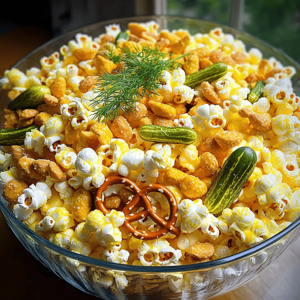 - 4 cups popped popcorn - 1 cup dill pickle chips - 1 cup mini pretzels - 1/2 cup roasted salted peanuts The main ingredients in this snack mix create a fun blend. First, you need popped popcorn. You can pop it on the stove or use a microwave. The popcorn gives a light and fluffy base. Next, add dill pickle chips for that tangy flavor. They add a crunch and a zesty kick. Mini pretzels bring a salty twist and a satisfying crunch. The roasted salted peanuts add nutty flavor and extra texture. Together, they make a wonderful mix. - 1/4 cup ranch seasoning mix - 1 tablespoon pickle juice - 2 tablespoons extra virgin olive oil - 1 teaspoon garlic powder - Salt to taste For the dressing, combine ranch seasoning mix with pickle juice. This mix gives your snack a creamy and tangy taste. The extra virgin olive oil adds richness and helps coat everything. Garlic powder boosts the flavor even more. Adjust with salt to make it just right for your taste. This dressing ties all the flavors together, making each bite special. - Fresh dill fronds For a fresh touch, I like to add fresh dill fronds. They enhance the pickle flavor and make the mix look pretty. You can sprinkle them on top just before serving. This simple garnish can really elevate your snack mix. If you want to impress your guests, this small step makes a big difference. For the full recipe, check out the recipe section. Enjoy making this tasty and crunchy treat! To start, you need to pop the popcorn. You can use a popcorn maker or a large pot. If using a pot, heat it over medium heat. Add a bit of oil and the kernels. Cover it with a lid. Wait for the popping sounds to slow down. Once done, carefully pour the popcorn into a large mixing bowl. Check for any unpopped kernels and toss those aside. Next, let’s make the dressing. In a small bowl, mix extra virgin olive oil, pickle juice, garlic powder, and ranch seasoning. Use a whisk to blend them well until the dressing is smooth and creamy. This dressing will add amazing flavor to your snack mix. Now it’s time to combine everything. To your popcorn, add chopped dill pickle chips, mini pretzels, and roasted salted peanuts. Pour the dressing over the mix. Using a large spatula or your hands, gently toss everything. Make sure each piece is coated well with the dressing. Once mixed, it’s time to taste. Sample your snack mix and see if it needs more salt. If it does, sprinkle some in and toss again. Adjusting the flavors will make the mix even better. Let the mix sit for 15-20 minutes. This time allows the flavors to meld together beautifully. For serving, use individual snack bowls or one big bowl to share. - Presentation Tips: Add a touch of visual charm by garnishing with fresh dill fronds. You can also serve it in a clear bowl with a scoop for easy access. For the complete recipe, check out the Full Recipe. To make your pickle popcorn snack mix truly unique, think about customizing the flavors. You can add a sprinkle of cayenne for heat or some cheese powder for a savory twist. Try adding a bit of lemon zest for a fresh kick. Each change can make your mix tasty in a new way. When adjusting the seasoning, start with the ranch mix. Taste it before you add more salt. Everyone’s taste is different. You might find you love it just as it is! Popping corn can be fun! I recommend using an air popper for light, fluffy popcorn. If you use the stove, heat oil in a heavy pot. Add a few kernels first to test the heat. When they pop, add the rest. This keeps your popcorn crisp. After popping, let your popcorn cool a bit. This helps keep it from getting soggy when you add the dressing. For drinks, pickle popcorn pairs great with lemonade or a light beer. The tanginess of the popcorn goes well with these drinks. When you serve your snack mix, use a big bowl for sharing or small cups for each guest. For a nice touch, consider adding fresh dill on top. It makes your snack look fancy and fun! {{image_4}} For a spicy kick, try a spicy dill pickle popcorn mix. Add cayenne pepper or chili powder to the mix. This adds heat and flavor, making it exciting. You can also use spicy pickles for a bolder taste. If you prefer something sweet, create a sweet and salty variation. Mix in chocolate chips or caramel bits. This balance will satisfy your cravings for both salty and sweet. Use less ranch seasoning for a milder flavor. If you need gluten-free options, use gluten-free pretzels. They provide the same crunch without the gluten. You can also swap regular peanuts for roasted chickpeas. This keeps the mix crunchy and adds protein. For vegan alternatives, replace ranch seasoning with a vegan blend. You can also use nutritional yeast for a cheesy flavor without dairy. This way, everyone can enjoy the snack mix! Game day recipes benefit from this mix's crunch. Serve it in a big bowl for sharing. Add some spicy nuts for extra flavor. Your friends will love it during the game! For movie night recipes, pair this mix with your favorite movie snacks. Create small bowls for each guest. This makes it easy to munch while watching. You can even add popcorn toppings like cheese powder for added fun! To keep your Pickle Popcorn Snack Mix fresh, use an airtight container. Glass jars or plastic bins work well. These containers help keep out air and moisture. Store the mix in a cool, dark place like a pantry or cupboard. Avoid warm areas, as heat can make it go stale. Your snack mix will taste best for about one week. After that, the flavors may fade. Look for signs of staleness. If the mix feels soft or tastes bland, it has likely gone stale. Trust your senses to know when it’s time to toss it. If your mix loses its crunch, don’t worry! You can easily restore it. Preheat your oven to 250°F (120°C). Spread the mix on a baking sheet. Bake for about 10 minutes. Keep an eye on it, so it doesn’t burn. This will help revive the crispiness of the popcorn and pretzels. Enjoy the crunch again! Pickle Popcorn Snack Mix is a fun and crunchy treat. It combines flavors of dill pickles, popcorn, pretzels, and peanuts. The tangy taste from the pickles pairs well with the salty crunch of the other snacks. This mix is great for parties or movie nights. You can serve it in a big bowl or in individual cups. The mix is easy to make and full of flavor. If you want the full recipe, check the earlier section. Yes, you can make this snack mix in advance. Just store it in an airtight container. This keeps it fresh and crunchy. I recommend making it a day ahead for the best taste. Letting it rest helps the flavors blend well. Just remember to avoid adding salt too early, as it can make the popcorn soggy. You can find ready-made versions of pickle popcorn snack mix at some stores. Check specialty snack shops or health food stores. Many places offer unique flavors of popcorn. You can also look online for brands that sell this type of mix. However, homemade versions taste better and are fresher. Yes, there are some health benefits in this mix. Popcorn is a whole grain, which is good for digestion. Dill pickles can have probiotics, which help gut health. Peanuts provide protein and healthy fats. However, be careful with the salt and ranch seasoning. Enjoy this mix in moderation for a tasty yet nutritious snack! There are many ways to customize your pickle popcorn mix. You can add spices like cayenne for heat. Try using different nuts or adding cheese puffs for extra crunch. You can swap the ranch seasoning for taco seasoning for a fun twist. Experiment with flavors to make it your own! In this post, we explored how to make a tasty Pickle Popcorn Snack Mix. You learned about the main ingredients, the dressing, and optional garnishes. I provided step-by-step instructions and shared tips to perfect the taste. You also discovered variations to try, storage info, and answered common questions. This snack is perfect for any gathering. With easy customization, it’s simple to add your favorite flavors. Enjoy making and sharing this fun treat!