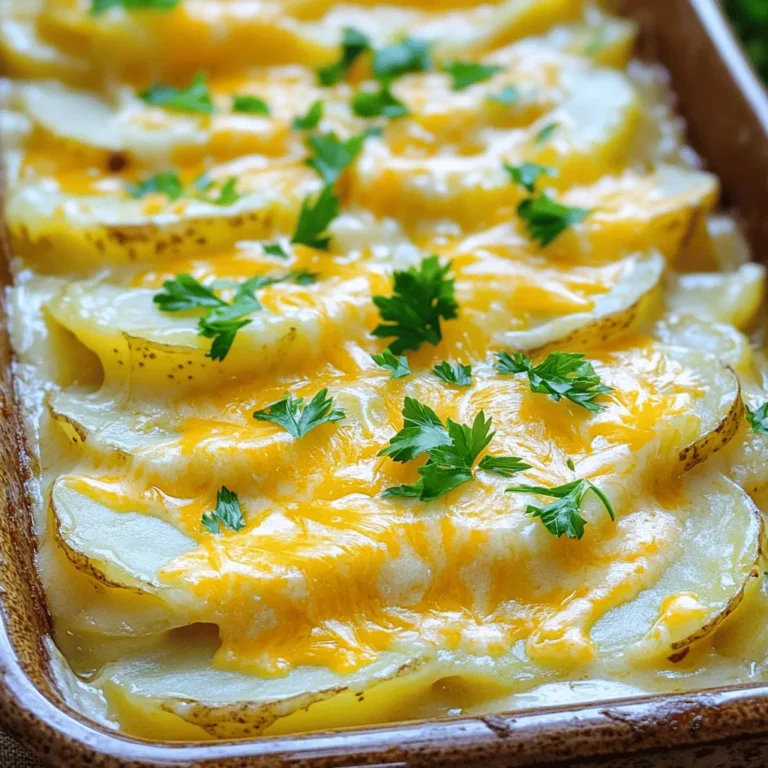- 4 large russet potatoes, peeled and sliced - 2 cups shredded sharp cheddar cheese - 1 cup heavy cream - 1 cup milk - 4 tablespoons unsalted butter - 3 tablespoons all-purpose flour - 1 teaspoon garlic powder - 1 teaspoon onion powder - Salt and pepper, to taste - Optional: 1/2 teaspoon paprika - Fresh parsley for garnish Gathering these ingredients is simple and fun. Start with four large russet potatoes. Peel them and slice them into thin rounds. This will give the dish a nice texture. Next, you’ll need two cups of sharp cheddar cheese. This cheese adds a rich flavor that makes the dish shine. Heavy cream and milk are key for creaminess. You need one cup of each. Unsalted butter, at four tablespoons, helps create a smooth sauce. You’ll also need three tablespoons of all-purpose flour to thicken it. Don’t forget the spices! Garlic powder and onion powder each need one teaspoon. They boost flavor without overpowering the dish. Salt and pepper are crucial for seasoning. You can add 1/2 teaspoon of paprika if you want a hint of color and smokiness. Finally, fresh parsley adds a bright touch. It makes your dish look and taste fresh. Make sure you have everything ready before you start cooking. This will make the process smooth and enjoyable. For the full recipe, check the section above! - Preheat oven to 375°F (190°C). - Melt butter in a medium saucepan over medium heat. Create a roux by adding flour and whisking for 1-2 minutes until smooth. - In a greased 9x13-inch baking dish, lay half of the sliced potatoes. - Evenly sprinkle half of the shredded cheddar cheese over the potatoes. - Pour half of the sauce over the cheese and potatoes. - Repeat with the remaining potato slices, cheese, and sauce. - Cover the dish tightly with aluminum foil and bake for 45 minutes. - After 45 minutes, uncover the dish and bake for another 15-20 minutes until golden brown. - Let the dish rest for about 10 minutes before serving. Whisking is key to a smooth sauce. It helps blend the butter and flour well. If you skip whisking, you may end up with lumps. To avoid lumps, add the cream slowly while whisking. This helps to keep everything nice and creamy. You can switch up the seasonings. Try adding thyme or rosemary for a fresh twist. If you want a bolder flavor, add a pinch of cayenne pepper. For cheese, sharp cheddar is great, but you can also use gouda or mozzarella. Mixing cheeses gives depth to the dish. If your dish is too watery, try baking it a bit longer. This will help thicken the sauce. You can also add a bit more cheese to absorb excess liquid. If your potatoes are undercooked, cover the dish and bake for another 10 minutes. This will help soften them without burning the top. {{image_4}} You can easily swap heavy cream or milk. Try using half-and-half or coconut milk. These alternatives keep the dish rich and creamy. Want to add some color? Toss in veggies like spinach or broccoli. They not only boost nutrition but also add a pop of green. Cheddar is a classic choice, but don’t stop there! Gouda adds a smoky flavor, while mozzarella gives a nice stretch. You can also mix cheeses for more depth. A blend of sharp cheddar and creamy mozzarella creates a delightful texture and taste. Need a gluten-free option? Use cornstarch instead of flour for the sauce. It thickens without gluten. For a vegan version, swap heavy cream with cashew cream and use plant-based cheese. You can still enjoy creamy scalloped potatoes while keeping it plant-based. Explore these variations to find your perfect cheesy delight! For a complete recipe, check the Full Recipe section. To keep your cheesy scalloped potatoes fresh, store them in the fridge. Place them in an airtight container. This will keep the flavors intact. You can also cover the dish with plastic wrap if you prefer. Just be sure it is tight to avoid air exposure. The potatoes will stay good for about 3 to 5 days in the fridge. When reheating, avoid drying out your dish. Use the oven for the best results. Preheat your oven to 350°F (175°C). Cover the dish with foil to keep moisture in. Heat for about 20 to 30 minutes until warmed through. If you want a crispy top, remove the foil for the last 5 to 10 minutes. You can also use a microwave, but be careful. Heat in small bursts and stir in between. This will help keep the texture nice. You can freeze cheesy scalloped potatoes, but there are some tips. It is best to freeze them after cooking. Let them cool first, then place in a freezer-safe container. They will stay good for about 2 to 3 months. When you're ready to eat, thaw them in the fridge overnight. For quick thawing, you can use the microwave on defrost. After thawing, reheat as mentioned above. Keep in mind that uncooked scalloped potatoes may not freeze well. They can become mushy when thawed. Yes, you can prep Cheesy Scalloped Potatoes in advance. This makes meal time easier. To do this, prepare the layers and sauce, but don't bake them yet. Assemble everything in your baking dish, then cover it tightly. Store in the fridge for up to two days. When ready to bake, let it sit at room temperature for 30 minutes. Then, bake as directed. This method helps the flavors mix well. You can tell when the potatoes are done by checking for tenderness. After baking, use a fork to pierce the potatoes. They should feel soft and break apart easily. The top should also be golden brown. If the potatoes are still hard, continue to bake for a few more minutes. Keep a close eye on the color of the top to avoid burning. Cheesy Scalloped Potatoes go well with many main dishes. Here are some great options: - Roast chicken: The savory flavors balance nicely. - Grilled steak: Adds a hearty touch to the meal. - Baked ham: A classic pairing that many love. - Steamed green beans: The fresh crunch complements the creaminess. - Caesar salad: A crisp salad contrasts well with the rich potatoes. These pairings enhance the meal and create a satisfying dining experience. Enjoy! You’ve learned how to make creamy, cheesy scalloped potatoes step by step. We covered the ingredients, useful tools, and tips for the best results. Don’t forget to try different cheeses and seasonings to make the dish your own. Store leftovers properly, and reheat them without losing flavor. Enjoy this hearty side dish with your favorite meals and make it a family favorite. Simple changes can add joy to your cooking. Happy baking!