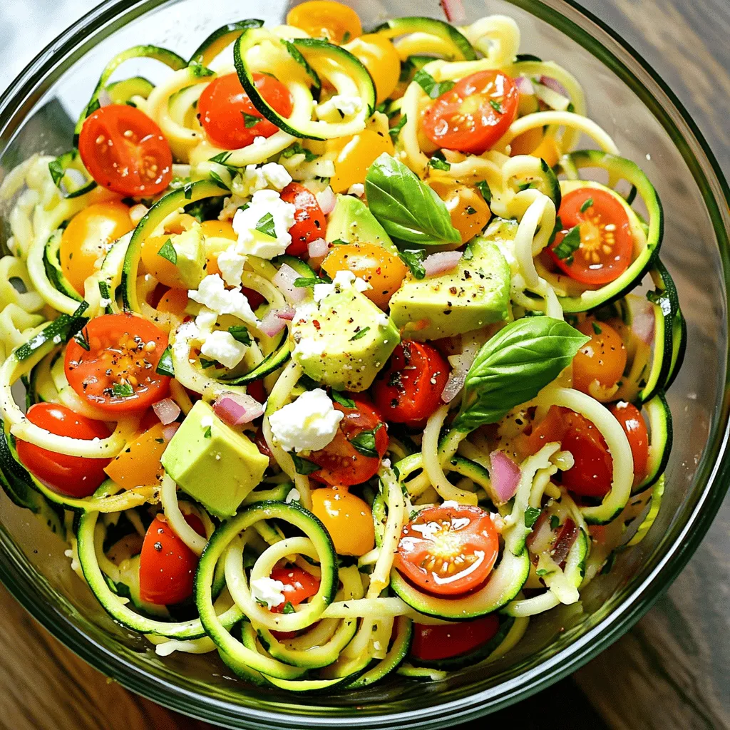 - 3 medium zucchinis, spiralized into noodles - 1 cup cherry tomatoes, halved - 1/2 red bell pepper, finely diced - 1/4 cup red onion, finely chopped - 1 ripe avocado, diced - 1/4 cup feta cheese, crumbled - 1/4 cup fresh basil leaves, torn I love using fresh, crisp ingredients for this salad. The zucchini makes a great base. Spiralizing them gives a fun twist. Cherry tomatoes add a sweet burst. Red bell pepper brings a nice crunch. Red onion gives it a slight kick. Avocado adds creaminess and healthy fats. Feta cheese adds a salty touch. Fresh basil ties it all together with a hint of herbal flavor. - 2 tablespoons extra virgin olive oil - 1 tablespoon freshly squeezed lemon juice - 1 teaspoon garlic powder - Salt and black pepper, to taste - Optional: A sprinkle of red pepper flakes The dressing is simple yet flavorful. Extra virgin olive oil provides richness. Lemon juice adds brightness and tang. Garlic powder deepens the taste. Salt and pepper balance flavors. If you like spice, add red pepper flakes for a kick. This salad is packed with nutrients. It is low in calories and high in fiber. The fats from avocado and feta are healthy. Each serving provides a good amount of vitamin C and antioxidants. This salad supports a healthy diet. Eating fresh vegetables can boost your mood and energy. You can feel good about enjoying this tasty dish. For the full recipe, check out the instructions included. To make zucchini noodles, start with fresh zucchinis. Look for ones that are firm and shiny. Avoid zucchinis that feel soft or have blemishes. Use a spiralizer to turn the zucchinis into long noodles. This makes them fun to eat and great for salads. 1. Wash the zucchinis well. 2. Cut off both ends. 3. Secure the zucchini in the spiralizer. 4. Turn the handle to create long strands. Your zucchini noodles should look like spaghetti. Place them in a large bowl. This is the base for your salad. Now it's time to add more flavor! Gather your chopped vegetables. - Cherry tomatoes add a burst of sweetness. - Red bell pepper gives a nice crunch. - Red onion adds a zesty kick. - Avocado brings creaminess. Combine these in the bowl with the zucchini noodles. Mixing them helps create layers of flavor. Each bite should taste different and exciting. Next, let's whip up the dressing. This is where the magic happens! You’ll need: - Extra virgin olive oil for richness. - Fresh lemon juice for brightness. - Garlic powder for depth. In a small bowl, mix these ingredients. Use a whisk to blend them well. If you like a bit of heat, add red pepper flakes. 1. Drizzle the dressing over the salad. 2. Toss gently to coat all the vegetables. Be careful not to mash the avocado. Your salad is almost ready! For the finishing touch, sprinkle crumbled feta cheese and torn basil leaves on top. This gives your dish a beautiful look and adds extra flavor. To see the full recipe, check the details above. Enjoy your fresh and flavorful zucchini noodle salad! To get the best texture in zucchini noodles, choose firm zucchinis. Spiralize them just before serving. This keeps them fresh and crunchy. For a perfect spiral, use a good spiralizer. It makes long, thin noodles that mimic pasta. Next, avoid excess moisture in your salad. After spiralizing, sprinkle the noodles with salt. Let them sit in a colander for about 10 minutes. The salt draws out water. Pat them dry with a paper towel before mixing. This keeps your salad crisp and not soggy. For an appealing look, use a large, clear bowl. This showcases the vibrant colors of the salad. Start with a base of zucchini noodles. Layer the cherry tomatoes, bell pepper, and avocado on top. Use a light hand to keep everything intact. Garnish ideas include extra basil leaves or a sprinkle of feta. A drizzle of olive oil adds a nice shine. You can also add a few red pepper flakes for a pop of color. This makes your salad look as good as it tastes. This salad pairs well with grilled chicken or shrimp. These proteins add a nice contrast to the fresh flavors. You can also serve it alongside a crusty bread for a complete meal. For a heartier option, add canned beans like chickpeas or black beans. They boost protein and fiber. This makes your salad filling and nutritious. If you want a lighter meal, enjoy it by itself. It’s refreshing and satisfying on its own. For the full recipe, check out the Zesty Zucchini Noodle Salad. {{image_4}} You can swap out some veggies in your salad. Try adding carrots or bell peppers. These add crunch and color. You can also use cucumbers for a refreshing twist. For cheese, try goat cheese or mozzarella. Both bring a creamy taste. Fresh herbs really brighten up the salad. You can use parsley or cilantro instead of basil. Want a creamier salad? Use a yogurt-based dressing. It adds a rich texture. Mix yogurt with lemon juice and herbs for flavor. Balsamic vinegar is another great option. You can try flavored balsamic for a unique taste. Maple balsamic gives a sweet note, while fig balsamic adds depth. Make your salad shine with seasonal produce. In summer, add fresh corn or radishes. In fall, try roasted squash or apples. Both bring fresh flavors to your dish. You can also add different proteins. Grilled chicken works well in warm weather, while chickpeas add heartiness in colder months. This keeps your salad fresh and exciting all year round. For the full recipe, check out the Zesty Zucchini Noodle Salad. Zucchini noodle salad stays fresh for three days in the fridge. To keep the salad crunchy, store it in an airtight container. Avoid mixing in the dressing until you are ready to eat. This way, the noodles won't get soggy. You should not freeze zucchini noodle salad. Freezing changes the texture of the zucchini. Instead, freeze the ingredients separately. You can freeze cherry tomatoes and bell peppers, but not the zucchini noodles. To refresh the salad after storing, add a splash of lemon juice. This brightens up the flavors. You can also mix in fresh herbs like basil for extra taste. If the flavor seems dull, a pinch of salt or pepper can help too. Try adding a bit of olive oil to revive the salad. You can store zucchini noodle salad in the fridge for up to three days. To keep it fresh, place it in an airtight container. Keep the dressing separate until you serve. This helps prevent the noodles from getting soggy. If you notice any moisture, drain it before serving. Yes, you can make zucchini noodle salad ahead of time! Prepare the salad, but wait to add the dressing. Mix the salad without the dressing and store it in the fridge. This keeps the noodles crisp and fresh. Add the dressing just before you eat. You can add many proteins to make your salad heartier. Here are some tasty options: - Grilled chicken for a smoky flavor - Cooked shrimp for a seafood twist - Canned beans, like chickpeas or black beans, for a plant-based option These proteins pair well with the fresh veggies and boost the meal's nutrition. Yes, zucchini noodle salad is gluten-free! Zucchini is a great alternative to pasta. It fits well in gluten-free diets. You can enjoy this salad without worrying about gluten. Absolutely! Store-bought dressing can save time and effort. When using pre-made dressings, check the labels for added sugars or preservatives. Choose a dressing that matches your flavor preferences. Just remember to add it sparingly and adjust to taste. For a fresh twist, consider mixing it with a little lemon juice or olive oil. For the complete recipe, check out the Full Recipe. This zucchini noodle salad is fresh, tasty, and packed with nutrients. You learned how to prepare crispy veggie noodles and a simple dressing. We discussed swaps and tips to tailor it to your taste. Remember, this salad stays fresh in the fridge for a few days. Make it ahead and enjoy the flavors. Explore new ingredients and dressings to keep things fun. Enjoy making this dish that’s healthy and satisfying!