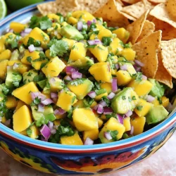 To create a vibrant Mango Avocado Salsa, you need fresh ingredients. Here’s a list to help you: - 1 ripe mango, diced into small cubes - 2 ripe avocados, diced into bite-sized pieces - 1 small red onion, finely chopped - 1 jalapeño pepper, deseeded and minced - 1/4 cup fresh cilantro, finely chopped - Juice of 2 limes (about 1/4 cup of juice) - 1 tablespoon honey (optional) - Sea salt and freshly cracked black pepper to taste These ingredients blend together to create a fresh and zesty dish. You can personalize your salsa with optional add-ins. Here are a few ideas: - Diced bell peppers for crunch - Chopped tomatoes for added juiciness - A sprinkle of cumin for warm flavor - Chopped garlic for a savory kick Adding these ingredients can enhance the taste of your salsa while making it unique. Choosing ripe fruits is key to a great salsa. Here’s how to pick the best mangoes and avocados: - Mango: Look for a mango that feels slightly soft when you press it. It should have a sweet smell near the stem. The skin color can vary, so check for a nice, even hue. - Avocado: A ripe avocado should yield to gentle pressure. If it feels hard, it’s not ready yet. Darker skin often means ripeness, but check for soft spots. Selecting ripe produce ensures your Mango Avocado Salsa will have great flavor and texture. First, gather all your ingredients. You will need fresh mango, avocados, red onion, jalapeño, cilantro, lime juice, honey, sea salt, and black pepper. Make sure your mango and avocados are ripe. This ensures the best flavor. You can prepare this salsa in just 10 minutes. It’s fresh and easy to make. Start by dicing the mango into small cubes. I like to use a sharp knife for clean cuts. Next, cut the avocados into bite-sized pieces. Be careful not to mash them. In a large bowl, combine the diced mango and avocado. Gently mix them together. Now, add the finely chopped red onion and minced jalapeño. Mix these in slowly to keep the avocado intact. Then sprinkle in the chopped cilantro. This adds a nice green color and flavor. Squeeze the juice of two limes over the mixture. This brightens up the salsa. If you want it sweeter, add the honey. Carefully fold all the ingredients together. You want them mixed well but not mushy. Season your salsa with sea salt and black pepper to taste. Taste it! Adjust the lime or honey if needed. Finally, let it rest for 15 minutes. This helps all the flavors blend nicely. To keep your avocado from browning, use fresh lime juice right away. The acid helps slow down browning. Also, avoid cutting the avocados too early. Prepare them close to when you mix everything. If you have leftovers, store them in an airtight container. You can also cover it tightly with plastic wrap. This keeps the salsa fresh longer. Try this Mango Avocado Salsa recipe for a tasty treat. You can find the full recipe above. Enjoy! To make your mango avocado salsa even tastier, consider these tips: - Add fresh herbs like basil or mint for extra flavor. - A splash of orange juice adds a sweet twist. - Try using diced red bell pepper for a crunchy texture. These small changes can elevate your salsa. You will enjoy different flavors that surprise your taste buds. Avoid these common errors when making salsa: - Cutting the mango and avocado too small can lead to mushiness. - Mixing too hard can squash the avocado. - Forgetting to taste your salsa before serving might leave it bland. Being aware of these mistakes helps you create the best salsa possible. Resting your salsa is important. Allow it to sit for at least 15 minutes. This time lets all the flavors blend together. The lime juice marinates the fruits, making each bite delicious. If you let it sit longer, the flavors deepen. Just be careful not to let it rest too long, as the avocado can brown. For the full recipe, check out the Tropical Mango Avocado Salsa. Enjoy making this fresh treat! {{image_4}} You can make your mango avocado salsa even better with some tropical fruit. Try adding diced pineapple or papaya for a sweet twist. These fruits bring new flavors and can brighten the dish. You might also consider including diced kiwi for a fun color and taste. Each fruit adds its own unique flair. If you want more heat, add extra jalapeño. For a milder salsa, use less or leave it out. You can also swap jalapeño for a milder pepper like a poblano. If you love spice, try adding diced serrano peppers. Remember, you can always taste as you go! This salsa is great with tortilla chips, but you have other options, too. Try serving it over grilled chicken or fish. It also makes a great topping for tacos or burritos. You can even use it as a fresh side dish at barbecues. Your guests will love the bright, fresh flavors! For the full recipe, check out the Tropical Mango Avocado Salsa recipe above. To keep your salsa fresh, store it in an airtight container. This helps prevent air exposure. If you have leftovers, press plastic wrap directly onto the salsa. This reduces browning from air. Always refrigerate the salsa. It tastes best when cold and crisp. Mango avocado salsa lasts about two days in the fridge. After that, the avocado may turn brown and mushy. The mango can also lose its flavor. If you see browning, it’s still safe to eat, but the taste may change. You can’t really heat salsa. Instead, refresh it! Add a splash of lime juice. This brightens the flavors. You can also mix in more diced mango or avocado for a fresh taste. Serve it cold with chips or on tacos for a delightful twist. For the full recipe, check out the Tropical Mango Avocado Salsa section. You can tell mangoes are ripe by their color and feel. A ripe mango has a yellow or red tint and gives slightly when you press it. For avocados, look for a dark green color. Gently squeeze it; if it feels soft, it’s ripe. If it is hard, wait a few days before using it. Yes, you can make Mango Avocado Salsa ahead of time. However, avocados can brown quickly. To keep it fresh, add lime juice after mixing. Store it in an airtight container in the fridge. For best taste, enjoy it within a day. Mango Avocado Salsa pairs well with many dishes. Here are some ideas: - Crispy tortilla chips - Grilled fish or chicken - Tacos or burritos - On a salad for extra flavor You can also use it as a topping for quesadillas or nachos. The bright flavors enhance any meal. You can find the Full Recipe for this salsa in the earlier sections. In this blog post, we explored how to make delicious mango avocado salsa. We covered the freshest ingredients and how to pick ripe produce. You learned step-by-step mixing instructions and tips for keeping your avocado's texture. I shared tricks for enhancing flavor and common mistakes to avoid. We also discussed variations, storage, and answers to frequently asked questions. This salsa is bright, tasty, and easy to prepare. Enjoy it with your favorite dishes or as a snack!