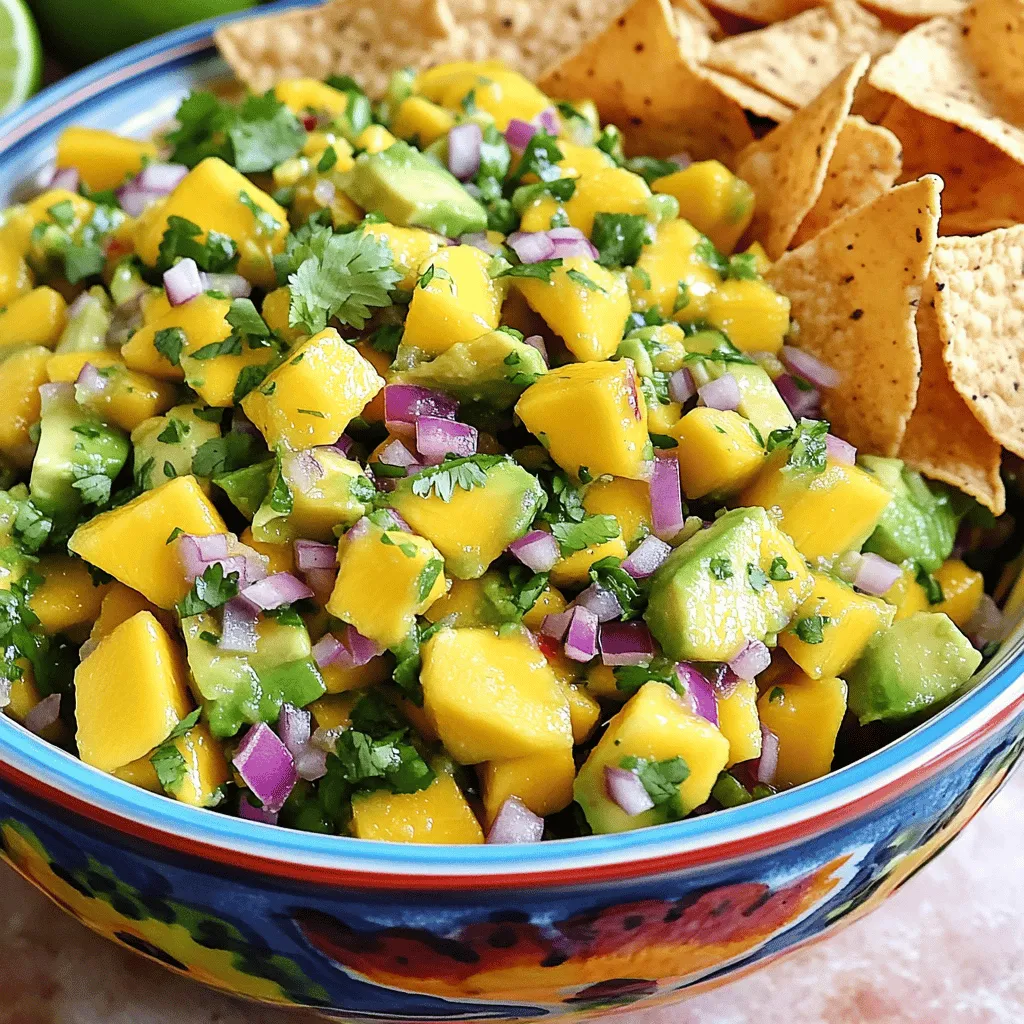 To create a vibrant Mango Avocado Salsa, you need fresh ingredients. Here’s a list to help you: - 1 ripe mango, diced into small cubes - 2 ripe avocados, diced into bite-sized pieces - 1 small red onion, finely chopped - 1 jalapeño pepper, deseeded and minced - 1/4 cup fresh cilantro, finely chopped - Juice of 2 limes (about 1/4 cup of juice) - 1 tablespoon honey (optional) - Sea salt and freshly cracked black pepper to taste These ingredients blend together to create a fresh and zesty dish. You can personalize your salsa with optional add-ins. Here are a few ideas: - Diced bell peppers for crunch - Chopped tomatoes for added juiciness - A sprinkle of cumin for warm flavor - Chopped garlic for a savory kick Adding these ingredients can enhance the taste of your salsa while making it unique. Choosing ripe fruits is key to a great salsa. Here’s how to pick the best mangoes and avocados: - Mango: Look for a mango that feels slightly soft when you press it. It should have a sweet smell near the stem. The skin color can vary, so check for a nice, even hue. - Avocado: A ripe avocado should yield to gentle pressure. If it feels hard, it’s not ready yet. Darker skin often means ripeness, but check for soft spots. Selecting ripe produce ensures your Mango Avocado Salsa will have great flavor and texture. First, gather all your ingredients. You will need fresh mango, avocados, red onion, jalapeño, cilantro, lime juice, honey, sea salt, and black pepper. Make sure your mango and avocados are ripe. This ensures the best flavor. You can prepare this salsa in just 10 minutes. It’s fresh and easy to make. Start by dicing the mango into small cubes. I like to use a sharp knife for clean cuts. Next, cut the avocados into bite-sized pieces. Be careful not to mash them. In a large bowl, combine the diced mango and avocado. Gently mix them together. Now, add the finely chopped red onion and minced jalapeño. Mix these in slowly to keep the avocado intact. Then sprinkle in the chopped cilantro. This adds a nice green color and flavor. Squeeze the juice of two limes over the mixture. This brightens up the salsa. If you want it sweeter, add the honey. Carefully fold all the ingredients together. You want them mixed well but not mushy. Season your salsa with sea salt and black pepper to taste. Taste it! Adjust the lime or honey if needed. Finally, let it rest for 15 minutes. This helps all the flavors blend nicely. To keep your avocado from browning, use fresh lime juice right away. The acid helps slow down browning. Also, avoid cutting the avocados too early. Prepare them close to when you mix everything. If you have leftovers, store them in an airtight container. You can also cover it tightly with plastic wrap. This keeps the salsa fresh longer. Try this Mango Avocado Salsa recipe for a tasty treat. You can find the full recipe above. Enjoy! To make your mango avocado salsa even tastier, consider these tips: - Add fresh herbs like basil or mint for extra flavor. - A splash of orange juice adds a sweet twist. - Try using diced red bell pepper for a crunchy texture. These small changes can elevate your salsa. You will enjoy different flavors that surprise your taste buds. Avoid these common errors when making salsa: - Cutting the mango and avocado too small can lead to mushiness. - Mixing too hard can squash the avocado. - Forgetting to taste your salsa before serving might leave it bland. Being aware of these mistakes helps you create the best salsa possible. Resting your salsa is important. Allow it to sit for at least 15 minutes. This time lets all the flavors blend together. The lime juice marinates the fruits, making each bite delicious. If you let it sit longer, the flavors deepen. Just be careful not to let it rest too long, as the avocado can brown. For the full recipe, check out the Tropical Mango Avocado Salsa. Enjoy making this fresh treat! {{image_4}} You can make your mango avocado salsa even better with some tropical fruit. Try adding diced pineapple or papaya for a sweet twist. These fruits bring new flavors and can brighten the dish. You might also consider including diced kiwi for a fun color and taste. Each fruit adds its own unique flair. If you want more heat, add extra jalapeño. For a milder salsa, use less or leave it out. You can also swap jalapeño for a milder pepper like a poblano. If you love spice, try adding diced serrano peppers. Remember, you can always taste as you go! This salsa is great with tortilla chips, but you have other options, too. Try serving it over grilled chicken or fish. It also makes a great topping for tacos or burritos. You can even use it as a fresh side dish at barbecues. Your guests will love the bright, fresh flavors! For the full recipe, check out the Tropical Mango Avocado Salsa recipe above. To keep your salsa fresh, store it in an airtight container. This helps prevent air exposure. If you have leftovers, press plastic wrap directly onto the salsa. This reduces browning from air. Always refrigerate the salsa. It tastes best when cold and crisp. Mango avocado salsa lasts about two days in the fridge. After that, the avocado may turn brown and mushy. The mango can also lose its flavor. If you see browning, it’s still safe to eat, but the taste may change. You can’t really heat salsa. Instead, refresh it! Add a splash of lime juice. This brightens the flavors. You can also mix in more diced mango or avocado for a fresh taste. Serve it cold with chips or on tacos for a delightful twist. For the full recipe, check out the Tropical Mango Avocado Salsa section. You can tell mangoes are ripe by their color and feel. A ripe mango has a yellow or red tint and gives slightly when you press it. For avocados, look for a dark green color. Gently squeeze it; if it feels soft, it’s ripe. If it is hard, wait a few days before using it. Yes, you can make Mango Avocado Salsa ahead of time. However, avocados can brown quickly. To keep it fresh, add lime juice after mixing. Store it in an airtight container in the fridge. For best taste, enjoy it within a day. Mango Avocado Salsa pairs well with many dishes. Here are some ideas: - Crispy tortilla chips - Grilled fish or chicken - Tacos or burritos - On a salad for extra flavor You can also use it as a topping for quesadillas or nachos. The bright flavors enhance any meal. You can find the Full Recipe for this salsa in the earlier sections. In this blog post, we explored how to make delicious mango avocado salsa. We covered the freshest ingredients and how to pick ripe produce. You learned step-by-step mixing instructions and tips for keeping your avocado's texture. I shared tricks for enhancing flavor and common mistakes to avoid. We also discussed variations, storage, and answers to frequently asked questions. This salsa is bright, tasty, and easy to prepare. Enjoy it with your favorite dishes or as a snack!