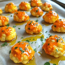 - Cauliflower florets - All-purpose flour - Buffalo sauce - Olive oil - Fresh parsley for garnish - Garlic powder - Onion powder - Smoked paprika - Salt and pepper To make buffalo cauliflower bites, you need a few key items. First, use fresh cauliflower florets. This gives a great texture. Next, grab all-purpose flour. It helps create a crispy coating. Finally, buffalo sauce brings the heat and flavor. You can add olive oil for extra richness. Fresh parsley adds a nice touch when you serve. It makes the dish pop with color. For seasonings, garlic powder and onion powder are must-haves. They add depth to the flavor. Smoked paprika gives a slight smokiness. Don't forget salt and pepper to enhance everything. These ingredients are simple but crucial. They work together to create a delicious snack. You'll enjoy every crispy bite. For more details, check the Full Recipe. To make buffalo cauliflower bites, follow these clear steps. - Preheat your oven to 450°F (230°C). - Line a baking sheet with parchment paper. This helps with cleanup and sticking. - In a bowl, combine 1/2 cup of all-purpose flour, 1/2 cup of water, 1 teaspoon of garlic powder, 1 teaspoon of onion powder, 1/2 teaspoon of smoked paprika, and salt and pepper to taste. - Whisk these ingredients until smooth. The batter should not have lumps. - Dip each cauliflower floret into the batter. Make sure each piece is well-coated. - Place the coated florets on the lined baking sheet. Bake for 25 minutes, flipping them halfway for even browning. - In a small bowl, mix 1 cup of buffalo sauce with 1 tablespoon of olive oil. - Stir well to ensure the sauce is smooth and even. - After the first bake, toss the cauliflower bites in the buffalo sauce. - Return them to the oven for another 10 to 15 minutes. This makes them crispy and flavorful. For a complete guide, check the Full Recipe. Enjoy creating this tasty snack! To make your buffalo cauliflower bites extra crispy, you can bake them longer if necessary. Keep an eye on them in the oven. If they aren’t brown enough, add a few more minutes. If your oven has a convection setting, use it! This setting helps circulate hot air, which makes the bites crispier. Want to switch things up? Use gluten-free flour for a great gluten-free option. You can also try different hot sauces. Each sauce brings its own unique flavor. Experiment to find your favorite! These bites are tasty on their own, but you can make them even better. Pair them with crunchy vegetable sticks like celery or carrots. They add a fresh taste and nice texture. For dipping sauces, ranch or blue cheese works wonders. These flavors complement the spicy bites perfectly. Try these tips to elevate your buffalo cauliflower bites! For the complete cooking process, don’t forget to check out the Full Recipe! {{image_4}} You can easily make buffalo cauliflower bites vegan. First, check that your buffalo sauce is vegan. Many brands offer plant-based options. Next, instead of all-purpose flour, use a flax egg. To make a flax egg, mix one tablespoon of ground flaxseed with three tablespoons of water. Let it sit for about five minutes until it thickens. This swap keeps the bites vegan while adding a nice texture. Want more kick? Add a pinch of cayenne pepper to the batter for extra heat. You can also try different spices. Cumin adds a warm, earthy flavor. Smoked paprika gives a rich taste that enhances the dish. Don’t be afraid to get creative here; you might find a new favorite. For a healthier option, try using an air fryer. Set it to 400°F (200°C) and cook the bites for about 15 minutes, shaking the basket halfway through. This method keeps them crispy without much oil. If you prefer stovetop frying, heat oil in a pan over medium heat. Fry the battered cauliflower for about 3-4 minutes on each side until golden brown. This traditional method offers a delightful crunch and a rich flavor. To store leftover buffalo cauliflower bites, let them cool first. Place the bites in an airtight container. This helps keep them fresh. I recommend using glass or plastic containers with tight lids. These containers prevent moisture loss and keep your bites crispy. If you want to freeze your buffalo cauliflower bites, let them cool completely. Then, lay them on a baking sheet in a single layer. This way, they freeze without sticking together. After a few hours, transfer them to a freezer-safe bag or container. Make sure to remove as much air as possible. To reheat, bake them at 400°F (200°C) for about 15 minutes. This will help restore their crispiness. Buffalo cauliflower bites last about 3-5 days in the fridge. Make sure to check for signs of spoilage, like a sour smell or slimy texture. If you see any mold, it’s best to discard them. Keeping track of your bites will ensure you enjoy them at their best! Buffalo cauliflower bites are a tasty, plant-based snack. They have a crunchy outside and a tender inside. The flavor combines the heat of buffalo sauce with garlic and spices. You get a hint of smoke from the smoked paprika. This snack is a great alternative to chicken wings. To boost the heat, you can add cayenne pepper to the batter. You can also mix in extra hot sauce with the buffalo sauce. Try using a spicier brand of buffalo sauce for more kick. Adjust the spice level to fit your taste buds. Start small and add more heat until it’s just right. Yes, you can use frozen cauliflower florets. Thaw them first and pat them dry with a towel. This step helps remove excess moisture. A dry floret will get crispier when baked. Keep in mind that the cooking time may change slightly. Making buffalo sauce at home is easy. Start with 1 cup of hot sauce. Combine it with 1/4 cup of melted butter. Mix in a bit of garlic powder for flavor. Adjust the flavor with more hot sauce or butter to suit your taste. For a twist, add a dash of vinegar or a pinch of cayenne. You can find the full recipe in the main article. Buffalo cauliflower bites are easy and fun to make. We covered key ingredients like cauliflower, flour, and buffalo sauce. I shared step-by-step instructions for baking them to crispy perfection. You now have tips for extra crispiness and ways to customize flavors. Whether you enjoy them as a snack or a meal, these bites deliver a tasty punch. Keep experimenting with new flavors and cooking methods to find your favorite way to enjoy them. With the right ingredients and techniques, you can impress friends and family every time.