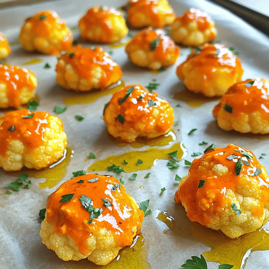 - Cauliflower florets - All-purpose flour - Buffalo sauce - Olive oil - Fresh parsley for garnish - Garlic powder - Onion powder - Smoked paprika - Salt and pepper To make buffalo cauliflower bites, you need a few key items. First, use fresh cauliflower florets. This gives a great texture. Next, grab all-purpose flour. It helps create a crispy coating. Finally, buffalo sauce brings the heat and flavor. You can add olive oil for extra richness. Fresh parsley adds a nice touch when you serve. It makes the dish pop with color. For seasonings, garlic powder and onion powder are must-haves. They add depth to the flavor. Smoked paprika gives a slight smokiness. Don't forget salt and pepper to enhance everything. These ingredients are simple but crucial. They work together to create a delicious snack. You'll enjoy every crispy bite. For more details, check the Full Recipe. To make buffalo cauliflower bites, follow these clear steps. - Preheat your oven to 450°F (230°C). - Line a baking sheet with parchment paper. This helps with cleanup and sticking. - In a bowl, combine 1/2 cup of all-purpose flour, 1/2 cup of water, 1 teaspoon of garlic powder, 1 teaspoon of onion powder, 1/2 teaspoon of smoked paprika, and salt and pepper to taste. - Whisk these ingredients until smooth. The batter should not have lumps. - Dip each cauliflower floret into the batter. Make sure each piece is well-coated. - Place the coated florets on the lined baking sheet. Bake for 25 minutes, flipping them halfway for even browning. - In a small bowl, mix 1 cup of buffalo sauce with 1 tablespoon of olive oil. - Stir well to ensure the sauce is smooth and even. - After the first bake, toss the cauliflower bites in the buffalo sauce. - Return them to the oven for another 10 to 15 minutes. This makes them crispy and flavorful. For a complete guide, check the Full Recipe. Enjoy creating this tasty snack! To make your buffalo cauliflower bites extra crispy, you can bake them longer if necessary. Keep an eye on them in the oven. If they aren’t brown enough, add a few more minutes. If your oven has a convection setting, use it! This setting helps circulate hot air, which makes the bites crispier. Want to switch things up? Use gluten-free flour for a great gluten-free option. You can also try different hot sauces. Each sauce brings its own unique flavor. Experiment to find your favorite! These bites are tasty on their own, but you can make them even better. Pair them with crunchy vegetable sticks like celery or carrots. They add a fresh taste and nice texture. For dipping sauces, ranch or blue cheese works wonders. These flavors complement the spicy bites perfectly. Try these tips to elevate your buffalo cauliflower bites! For the complete cooking process, don’t forget to check out the Full Recipe! {{image_4}} You can easily make buffalo cauliflower bites vegan. First, check that your buffalo sauce is vegan. Many brands offer plant-based options. Next, instead of all-purpose flour, use a flax egg. To make a flax egg, mix one tablespoon of ground flaxseed with three tablespoons of water. Let it sit for about five minutes until it thickens. This swap keeps the bites vegan while adding a nice texture. Want more kick? Add a pinch of cayenne pepper to the batter for extra heat. You can also try different spices. Cumin adds a warm, earthy flavor. Smoked paprika gives a rich taste that enhances the dish. Don’t be afraid to get creative here; you might find a new favorite. For a healthier option, try using an air fryer. Set it to 400°F (200°C) and cook the bites for about 15 minutes, shaking the basket halfway through. This method keeps them crispy without much oil. If you prefer stovetop frying, heat oil in a pan over medium heat. Fry the battered cauliflower for about 3-4 minutes on each side until golden brown. This traditional method offers a delightful crunch and a rich flavor. To store leftover buffalo cauliflower bites, let them cool first. Place the bites in an airtight container. This helps keep them fresh. I recommend using glass or plastic containers with tight lids. These containers prevent moisture loss and keep your bites crispy. If you want to freeze your buffalo cauliflower bites, let them cool completely. Then, lay them on a baking sheet in a single layer. This way, they freeze without sticking together. After a few hours, transfer them to a freezer-safe bag or container. Make sure to remove as much air as possible. To reheat, bake them at 400°F (200°C) for about 15 minutes. This will help restore their crispiness. Buffalo cauliflower bites last about 3-5 days in the fridge. Make sure to check for signs of spoilage, like a sour smell or slimy texture. If you see any mold, it’s best to discard them. Keeping track of your bites will ensure you enjoy them at their best! Buffalo cauliflower bites are a tasty, plant-based snack. They have a crunchy outside and a tender inside. The flavor combines the heat of buffalo sauce with garlic and spices. You get a hint of smoke from the smoked paprika. This snack is a great alternative to chicken wings. To boost the heat, you can add cayenne pepper to the batter. You can also mix in extra hot sauce with the buffalo sauce. Try using a spicier brand of buffalo sauce for more kick. Adjust the spice level to fit your taste buds. Start small and add more heat until it’s just right. Yes, you can use frozen cauliflower florets. Thaw them first and pat them dry with a towel. This step helps remove excess moisture. A dry floret will get crispier when baked. Keep in mind that the cooking time may change slightly. Making buffalo sauce at home is easy. Start with 1 cup of hot sauce. Combine it with 1/4 cup of melted butter. Mix in a bit of garlic powder for flavor. Adjust the flavor with more hot sauce or butter to suit your taste. For a twist, add a dash of vinegar or a pinch of cayenne. You can find the full recipe in the main article. Buffalo cauliflower bites are easy and fun to make. We covered key ingredients like cauliflower, flour, and buffalo sauce. I shared step-by-step instructions for baking them to crispy perfection. You now have tips for extra crispiness and ways to customize flavors. Whether you enjoy them as a snack or a meal, these bites deliver a tasty punch. Keep experimenting with new flavors and cooking methods to find your favorite way to enjoy them. With the right ingredients and techniques, you can impress friends and family every time.