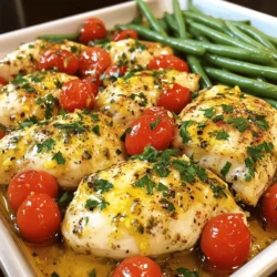 - 4 boneless, skinless chicken breasts - 2 tablespoons extra virgin olive oil - Zest and juice of 2 fresh lemons - 4 garlic cloves, finely minced - 1 teaspoon dried oregano - 1 teaspoon dried thyme - 1 teaspoon dried basil - Salt and freshly ground black pepper, to taste - 1 cup cherry tomatoes, halved - 1 cup green beans, trimmed and cleaned - Fresh parsley, finely chopped (for garnish) I love using fresh ingredients in my cooking. For this dish, I start with chicken breasts. They are easy to cook and soak up flavors well. The olive oil adds richness. The fresh lemons bring a bright taste. A few garlic cloves add depth to the flavor. I use three herbs to boost the taste: oregano, thyme, and basil. Each adds its unique touch. I like to sprinkle salt and pepper to make the flavors pop. Adding veggies makes this dish colorful and healthy. Cherry tomatoes burst with sweetness. Green beans add a nice crunch. Finally, fresh parsley gives a lovely finish. You can find the full recipe to see how these ingredients come together in a delicious way. - Preheat the Oven: Set your oven to 400°F (200°C). This will help cook the chicken evenly. - Make the Marinade: In a large bowl, mix the olive oil, lemon juice, lemon zest, minced garlic, and herbs together. Whisk until everything blends well. - Marinate the Chicken: Add the chicken breasts to the bowl. Make sure each piece is coated in the marinade. Let it sit for 15 minutes to soak up the flavors. - Prepare for Baking: Take a large skillet and arrange the marinated chicken in a single layer. Pour any leftover marinade over the chicken to keep it juicy. - Add the Vegetables: Scatter the halved cherry tomatoes and green beans around the chicken. This adds color and flavor. - Bake: Place the skillet in the oven. Bake for 25-30 minutes. Check if the chicken reaches 165°F (75°C). This keeps the meat safe and tasty. Cooking this One-Pan Lemon Herb Chicken is simple and fun. With just a few steps, you create a flavorful meal that looks great and tastes even better. For the complete guide, check the full recipe. Marinating the chicken adds great flavor. Aim for at least 15 minutes. If you can, let it sit for a couple of hours in the fridge. This time allows the chicken to soak up all the tasty juices. Use a covered bowl or a zip-lock bag for storage. This keeps the chicken fresh and prevents spills in your fridge. To ensure the chicken cooks perfectly, use a meat thermometer. Insert it into the thickest part of the chicken. It should read 165°F (75°C) when done. This will help you avoid dry chicken. A large, oven-safe skillet works best for this recipe. It lets you cook everything in one pan, making cleanup easy. For a beautiful presentation, serve the chicken and veggies right from the pan. This keeps the dish warm and inviting. You can add a sprinkle of fresh parsley on top. It adds a nice touch of color. Pair this dish with fluffy couscous or quinoa. These sides soak up the delightful lemon-herb juices. This makes each bite even better. {{image_4}} You can switch out chicken for tofu or other proteins. Tofu absorbs flavors well and makes a great plant-based option. If you want a different protein, try shrimp or fish. They cook fast and add a nice flavor. Using seasonal vegetables gives your dish a fresh twist. In summer, use zucchini, bell peppers, or corn. In fall, try butternut squash or Brussels sprouts. Each season brings new tastes to explore! Feel free to experiment with additional herbs or spices. Fresh rosemary or dill can add a new layer of flavor. You can also try using smoked paprika for a hint of smokiness. Different citrus options can change the taste profile. Lime or orange juice works great instead of lemon. Each citrus brings its unique flavor, so mix it up! For gluten-free variations, ensure all ingredients are certified gluten-free. Most spices and olive oil are safe. Pair it with quinoa or brown rice for a healthy meal. If you're looking for low-carb or keto-friendly alternatives, replace the green beans with broccoli or cauliflower. These veggies are low in carbs and high in nutrients. Enjoy a tasty meal that fits your dietary needs! Store leftover chicken in the fridge. Place it in a sealed container. This keeps it fresh and prevents smells from mixing. Use glass or plastic containers with tight lids for best results. Make sure to refrigerate within two hours of cooking to avoid bacteria growth. To reheat the chicken, use the oven or stovetop. Both methods help keep the chicken juicy. If using the oven, set it to 350°F (175°C). Heat for about 15 minutes or until warm. On the stovetop, add a splash of chicken broth in a pan. Cover it and heat on low. Always check the internal temperature. It should reach 165°F (75°C) for safety. To freeze One-Pan Lemon Herb Chicken, let it cool completely. Then, wrap it tightly in plastic wrap and place it in a freezer bag. Remove as much air as possible to prevent freezer burn. It can last up to three months. When ready to eat, thaw in the fridge overnight. Reheat in the oven or stovetop to enjoy a tasty meal again. Baking One-Pan Lemon Herb Chicken takes about 25 to 30 minutes. First, preheat your oven to 400°F (200°C). Once you place the marinated chicken in the oven, check it after 25 minutes. Use a meat thermometer to ensure the chicken reaches 165°F (75°C). The vegetables should be tender and bright when done. Yes, you can use frozen chicken for this recipe. However, you must thaw it safely first. The best way is to put it in the fridge overnight. If you are short on time, you can use the microwave's defrost setting. Make sure the chicken is fully thawed before marinating. This helps ensure even cooking and better flavor. Many sides complement this dish well. Here are some tasty options: - Fluffy couscous - Quinoa - Roasted potatoes - Steamed broccoli - A fresh garden salad These sides add texture and flavor to your meal. They also soak up the delicious lemon-herb juices. Enjoy exploring new combinations! This guide covered all you need for One-Pan Lemon Herb Chicken. We discussed essential ingredients, preparation steps, and cooking tips. You can make this dish your own with easy variations as well as great storage options. Remember, cooking should be fun and satisfying. Try it out and enjoy a delicious meal with less mess. Feel free to share your own tips or twists for even more flavors!