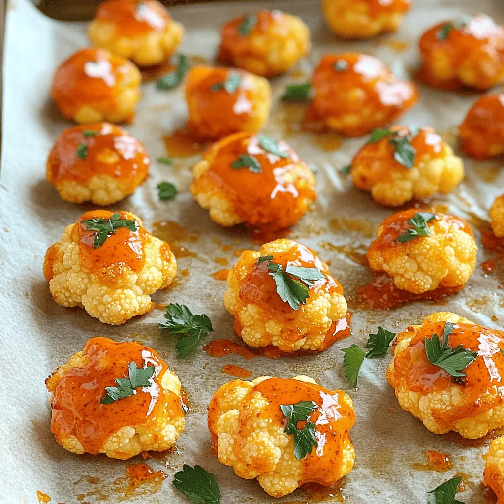 - Medium head of cauliflower, cut into bite-sized florets - Fresh parsley for garnish (optional) - All-purpose flour - Garlic powder - Onion powder - Smoked paprika - Salt - Black pepper - Water - Hot sauce (such as Frank’s RedHot) - Melted butter or vegan butter alternative - Honey or maple syrup (optional for sweetness) For my Buffalo Cauliflower Bites, I start with fresh, crisp cauliflower. I cut it into small florets. This size helps them cook evenly and get crispy. Fresh parsley adds a nice touch for garnish but is not a must. Next, I gather my dry ingredients. I use all-purpose flour as the base. Garlic powder and onion powder bring rich flavor. Smoked paprika adds a warm, smoky taste. Salt and black pepper balance everything out, making each bite tasty. For the wet ingredients, I mix water with hot sauce. The hot sauce gives the bites their famous kick. I also add melted butter to enhance the flavor. If I want a bit of sweetness, I toss in honey or maple syrup. This creates a balanced taste in the sauce. These ingredients work together to make crispy, flavorful Buffalo Cauliflower Bites. You can find the full recipe above for step-by-step guidance. 1. Preheat your oven to 450°F (230°C). This helps the bites get crispy. 2. Line a baking sheet with parchment paper. This makes cleanup easy and prevents sticking. 3. In a large bowl, mix together the flour, water, garlic powder, onion powder, smoked paprika, salt, and black pepper. Whisk until the batter is smooth and lump-free. 1. Take each cauliflower floret and dip it in the batter. Make sure to coat it well for great flavor. 2. Place the coated florets on the prepared baking sheet. Spread them out in a single layer for even cooking. 1. Bake the cauliflower bites in the oven for 20 minutes. Flip them halfway through so they cook evenly. 2. While they bake, prepare the buffalo sauce. Mix hot sauce, melted butter, and honey or maple syrup in a bowl. Stir until combined. 1. When the cauliflower is crispy, take it out of the oven. Toss the bites in the buffalo sauce until they are well coated. 2. Return the cauliflower to the baking sheet and bake for an additional 10 minutes. This helps the sauce stick and adds more flavor. Enjoy your spicy, crispy Buffalo Cauliflower Bites! For more details, check the Full Recipe. To get the best texture, coat the florets well. The batter should cover each floret fully. This coating helps create that crunchy layer we love. Bake them at a high temperature for maximum crispiness. Use parchment paper on your baking sheet to keep them from sticking. This will also make cleanup much easier. For more flavor, add spices like cayenne pepper or smoked paprika. You can also mix in some ranch seasoning for a tangy twist. To balance the heat, use honey or maple syrup. This sweetness cuts through spicy flavors and makes every bite more enjoyable. It’s all about finding that perfect balance. Serve your Buffalo Cauliflower Bites with ranch or blue cheese dressing. These dips cool down the heat and add creaminess. You can also pair them with fresh veggie sticks like carrots or celery. They make a great side dish or snack for game day. Enjoy your bites warm for the best taste. For the full recipe, check out the earlier section. {{image_4}} For a lighter bite, you can swap out regular flour for gluten-free flour. This keeps the taste and crunch, while making it safe for those with gluten issues. You can also make the batter vegan by using plant-based milk instead of water. For sauces, try a yogurt or avocado base instead of hot sauce. This gives a creamy touch without the heat. Want to customize the heat? Start with less hot sauce in the batter. You can add spices like cayenne pepper or smoked paprika to kick it up. If you like it mild, go easy on the hot sauce. You can also add garlic powder or onion powder for extra flavor. Feel free to mix in different herbs and spices. Try adding Italian herbs like oregano or thyme for a twist. You can also use Buffalo Cauliflower Bites as inspiration. Think of making tacos or wraps with these bites. Just add your favorite toppings to create a fun meal. For more ideas, check out the Full Recipe for unique ways to enjoy these bites! After you enjoy your Buffalo Cauliflower Bites, store any leftovers in the fridge. Use an airtight container to keep them fresh. They stay good for about 3 to 4 days. If you want to enjoy them later, refrigerating is the best option. To reheat your bites and keep them crispy, I suggest using an oven. Preheat your oven to 350°F (175°C). Place the bites on a baking sheet and heat them for about 10 minutes. This method helps to maintain their crunch. If you prefer, you can also use an air fryer. This will give you a crispy texture without drying them out. Serve them fresh with your favorite dip to enhance the flavor. You can freeze Buffalo Cauliflower Bites if you want to save some for later. First, let them cool completely. Then, place them in a single layer on a baking sheet and freeze for a few hours. Once frozen, transfer them to a freezer-safe bag or container. They can stay in the freezer for up to 3 months. For the best taste, use them within this time frame. You can try broccoli, eggplant, or even Brussels sprouts. Each option gives a different taste and texture. For a crunchier bite, use broccoli. If you like something softer, eggplant works well. These veggies soak up the buffalo sauce nicely, just like cauliflower. Yes, you can prep them ahead of time. Cut the cauliflower and make the batter. Store them in the fridge for up to 24 hours. When you’re ready to cook, just coat the florets and bake. This keeps them fresh and tasty. To add more heat, mix extra hot sauce into the batter. You can also sprinkle in cayenne pepper or red pepper flakes. For a unique twist, try adding sriracha to the buffalo sauce. Adjust it to fit your spice preference. Yes! These bites are a great low-calorie snack. Cauliflower is high in fiber and vitamins. Baking instead of frying cuts down on fat. Using hot sauce adds flavor without many calories. It’s a tasty way to enjoy veggies. Absolutely! Just swap regular butter for vegan butter. Use maple syrup in place of honey for sweetness. The batter and the sauce can be fully plant-based. This way, everyone can enjoy them, regardless of their diet. Ranch dressing is a classic choice. It balances the heat of the bites. Blue cheese dressing also works well for those who love strong flavors. For a healthier option, try a yogurt-based dip or a homemade avocado sauce. These dips enhance the overall taste. For the full recipe, check out the detailed instructions above! In this post, we explored a tasty recipe for Buffalo Cauliflower Bites. We covered every ingredient needed, from fresh produce to dry and wet items. You learned step-by-step instructions for preparation, baking, and serving tips for the perfect bite. We also shared variations to make your dish healthier, spicier, or more creative. Don't let leftovers go to waste; we provided storage and reheating tips too. Enjoy your cooking, and feel free to experiment with flavors. You now have the tools to make delicious Buffalo Cauliflower Bites!