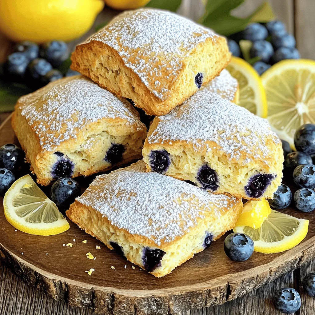 To make the best blueberry lemon scones, you need these key ingredients: - 2 cups all-purpose flour - 1/3 cup granulated sugar - 1 tablespoon baking powder - 1/2 teaspoon baking soda - 1/2 teaspoon salt - 1/2 cup unsalted butter, cold and cubed - 1 cup fresh blueberries (frozen blueberries can be used if fresh are unavailable) - Zest of 1 lemon - 1/2 cup buttermilk - 1 large egg - 1 teaspoon vanilla extract - 1 tablespoon lemon juice - 1 tablespoon coarse sugar for topping (optional) These ingredients come together to create a bright and tasty treat. The all-purpose flour gives the scones their structure. Sugar adds sweetness, while baking powder and baking soda help them rise. Cold butter is essential for a flaky texture. Fresh blueberries burst with flavor, and lemon zest adds a refreshing kick. Buttermilk helps keep the scones moist. I love adding a sprinkle of coarse sugar on top for a delightful crunch. This recipe is simple and quick, making it great for any morning. You can find the full recipe above to guide you through the steps! Preheat your oven to 400°F (200°C). This helps the scones rise well. Next, prepare a baking sheet by lining it with parchment paper. This step prevents the scones from sticking. In a large bowl, combine the dry ingredients. Whisk together 2 cups of all-purpose flour, 1/3 cup of granulated sugar, 1 tablespoon of baking powder, 1/2 teaspoon of baking soda, and 1/2 teaspoon of salt. Mix well until everything is even. Now, add the cold, cubed unsalted butter. Use a pastry cutter or your fingers to mix. Aim for a crumbly texture, leaving some pea-sized pieces of butter. This gives the scones a nice flakiness. Gently fold in 1 cup of fresh blueberries and the zest of 1 lemon. Be careful not to crush the berries. This adds a burst of flavor. In another bowl, whisk together the wet ingredients. Combine 1/2 cup buttermilk, 1 large egg, 1 teaspoon vanilla extract, and 1 tablespoon lemon juice. Mix until fully combined. Pour the wet mixture into the bowl with the dry ingredients. Stir gently until just combined. A slightly shaggy dough is perfect. Avoid overmixing. Turn the dough out onto a floured surface. Knead it gently for about 30 seconds. Shape the dough into a circle that is about 1 inch thick. Using a sharp knife, cut the dough into 8 equal wedges. Place each wedge on the prepared baking sheet. Leave some space between them to allow for rising. If you want a sweet crunch, sprinkle the tops with 1 tablespoon of coarse sugar. Bake the scones for 15-18 minutes. Look for a golden brown top. A toothpick inserted should come out clean. Enjoy your delicious Blueberry Lemon Scones! For the full recipe, refer to the earlier section. To get great scones, keep your butter cold. I always use cold butter, cut into small cubes. This helps create a flaky texture. When the butter melts in the oven, it makes little pockets. These pockets make the scones rise and become light. Next, avoid overmixing the dough. Mix just until everything blends together. If you mix too much, the scones can turn tough. A light hand keeps them soft and tender. You can boost the flavor with herbs or spices. Try adding a pinch of fresh thyme or a dash of cinnamon. These small additions can create a unique twist that everyone will love. For an even stronger lemon taste, use lemon extract. A teaspoon can make your scones pop with citrus flavor. This is especially nice if you want a more intense lemon bite. Pair your scones with delicious jams or clotted cream. Strawberry jam or lemon curd works perfectly with blueberry lemon scones. These toppings add sweetness and richness. For a special touch, present the scones on a pretty platter. Dust them lightly with powdered sugar. Add fresh blueberries and bright lemon slices for color. This will make your dish look as good as it tastes. Enjoy your baking! Check out the Full Recipe for more details on making these delightful scones. {{image_4}} You can swap blueberries for other fruits. Raspberries work well in this recipe. They add a nice tartness. Cranberries can also be great, especially in the fall. For a tangy twist, try adding lemon curd. This gives your scones a zesty burst of flavor. It pairs perfectly with both the blueberries and the lemon. If you need gluten-free scones, use a gluten-free flour blend. Many brands work well in baking. You can also make this recipe vegan. Swap the butter for vegan butter and the buttermilk for plant-based milk with a splash of vinegar. These changes keep your scones tasty and light. Mixing flavors can elevate your scones. Try adding fresh herbs like lavender for a floral note. It adds a unique twist that many love. You might also want to incorporate nuts or chocolate chips. Chopped walnuts or dark chocolate can give a delightful crunch and richness. Each option brings its own fun twist to the classic scone. For the full recipe, check out the earlier sections! To keep your scones fresh, store them in an airtight container. This helps lock in moisture. For short-term storage, place them at room temperature for up to two days. If you want to keep them longer, consider the freezer. Make sure the container fits your scones well. A glass jar or a plastic box works great. You can freeze scones before or after baking. To freeze before baking, shape the dough into wedges. Place them on a baking sheet and freeze for about an hour. Once frozen, transfer the wedges to an airtight bag. If freezing after baking, let them cool first. Then, wrap them individually in plastic wrap. Finally, place them in a freezer-safe bag. To thaw, leave them in the fridge overnight. For a warm treat, reheat them in the oven at 350°F for about 10 minutes. At room temperature, these scones stay fresh for about two days. After that, they may dry out. Look for signs of spoilage like mold or an off smell. If you see any of these, it's best to toss them. Enjoy your Blueberry Lemon Scones Delightful and Easy Recipe to the fullest! For the full recipe, refer back to the section above. Yes, you can make these scones ahead of time. You can prepare the dough and cut it into wedges. Place the wedges on a baking sheet and cover them tightly. Store the sheet in the fridge for up to 24 hours. When you're ready to bake, just pop them in the oven straight from the fridge. This way, you will have fresh scones in no time. To check if the scones are done, look for a golden brown color on top. You can also insert a toothpick into the center of a scone. If it comes out clean, the scones are ready. They should feel firm to the touch. Trust your senses—the aroma will also be a good hint! To reheat leftover scones, place them on a baking sheet. Preheat your oven to 350°F (175°C). Bake for about 5 to 10 minutes. This warms them up and keeps them nice and soft. You can also use a microwave, but this may make them a bit chewy. Absolutely! You can use frozen blueberries if fresh ones are not available. Just toss them in flour before adding to the dough. This helps prevent them from sinking during baking. They will still taste great and give you that burst of flavor in every bite. If you don't have buttermilk, you can make a simple substitute. Mix 1/2 cup of milk with 1/2 tablespoon of white vinegar or lemon juice. Let it sit for about 5 minutes. This will give you a similar acidity and richness as buttermilk. You can also use plain yogurt or sour cream mixed with a little milk. Blueberry lemon scones are a delicious treat that anyone can make. We covered key ingredients, step-by-step baking instructions, and tips for the best results. You learned about tasty variations and how to store your scones for freshness. With these simple steps, you can impress family and friends. Enjoy your baking journey and don't hesitate to get creative with flavors. Your kitchen will be filled with warm, sweet scents in no time!