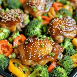 To make this dish shine, you need a few key items. Here is what you'll need: - 4 boneless, skinless chicken thighs - 2 cups broccoli florets - 2 cups bell peppers (mixed colors, sliced into strips) - 1 cup carrots (sliced into thin rounds) - 4 cloves garlic (minced finely) - 1/4 cup honey - 1/4 cup low-sodium soy sauce - 2 tablespoons olive oil - 1 teaspoon fresh ginger (grated finely) - 1 tablespoon sesame oil - Salt and black pepper to taste - Sesame seeds and chopped green onions for garnish These ingredients work together to create a tasty meal. You can add many veggies to this dish. Some great choices are: - Zucchini - Asparagus - Green beans - Cauliflower Feel free to mix and match. Each vegetable brings its own flavor and crunch. Just cut them into similar sizes to cook evenly. The magic in this dish lies in the marinade. Honey adds sweetness. Soy sauce gives it a salty kick. Garlic and ginger bring warmth and depth. Together, these flavors create a delightful glaze. You can adjust the marinade to your taste. Want it sweeter? Add more honey. Want a saltier bite? Add extra soy sauce. This is your chance to make it your own! Use the Full Recipe for more details on how to combine these flavors. First, you need to marinate the chicken. Gather your chicken thighs in a large bowl. In a small bowl, mix together honey, soy sauce, minced garlic, grated ginger, and sesame oil. Whisk until smooth. Pour most of this marinade over the chicken. Make sure each thigh is coated well. Sprinkle salt and black pepper to taste. Let the chicken sit for at least 15 minutes. If you have time, marinate it for an hour in the fridge for deeper flavor. While the chicken marinates, get your vegetables ready. In another large bowl, combine broccoli florets, sliced bell peppers, and carrot rounds. Drizzle olive oil over them, and add salt and pepper. Toss the veggies to coat them evenly. This step ensures they roast nicely in the oven. Now it's time to combine everything on the sheet pan. Arrange the marinated chicken on one side of the pan. Place the seasoned vegetables on the other side. This helps them cook evenly. Drizzle any leftover marinade over both the chicken and veggies. Bake everything in a preheated oven at 400°F (200°C) for 25-30 minutes. Check that the chicken reaches an internal temperature of 165°F (74°C). The veggies should be tender and slightly caramelized. Once done, drizzle the reserved marinade on top for extra flavor before serving. Enjoy your meal! To get the best flavor, marinate your chicken. Use the marinade from the recipe. Coat the chicken well. Let it sit for at least 15 minutes. If you have time, marinate for an hour or longer. This will make the chicken juicy and tasty. For extra kick, add a pinch of red pepper flakes to the marinade. Preheat your oven to 400°F (200°C). This helps the chicken cook evenly. Use a large sheet pan to avoid crowding. Space out the chicken and veggies. This allows the heat to circulate. Bake for 25-30 minutes. Check that the chicken reaches 165°F (74°C). Veggies should be tender and slightly sweet. If you want extra caramelization, broil for a couple of minutes at the end. Serve the chicken and veggies right on the sheet pan. This gives a rustic feel. For a more polished look, plate individual servings. Sprinkle sesame seeds and green onions on top. This adds color and crunch. You can also use a drizzle of the reserved marinade for extra flavor. This makes the dish look and taste even better. For a fun touch, serve with rice or noodles on the side. Try this recipe for more delicious meals: [Full Recipe]. {{image_4}} You can switch the chicken for other proteins. Tofu is a great choice for a vegetarian dish. Just make sure to press it first to remove excess water. Salmon works well too. The honey garlic sauce complements its rich flavor. Shrimp cooks fast, so adjust your baking time. Use about 10 minutes for shrimp to cook through. You can also try pork tenderloin. It will soak up the marinade nicely. Feel free to mix up the veggies. Asparagus brings a nice crunch and pairs well with the sauce. Zucchini slices add a fresh taste and cook quickly. Snap peas can add a sweet pop, while cauliflower offers a hearty bite. You can even use sweet potatoes for a filling option. Just cut them into small pieces for even cooking. The key is to choose vegetables that roast well. You can get creative with the sauce. Add chili paste for a spicy kick. If you like citrus, try adding orange juice to the marinade. It gives a refreshing twist. You can also use teriyaki sauce instead of soy sauce for a different flavor. If you want a smoky taste, add some smoked paprika. Fresh herbs like cilantro or basil can brighten the dish. Experiment to find your favorite combination. Check the full recipe for more ideas! To store leftover Sheet Pan Honey Garlic Chicken and Veggies, first let it cool. Place the chicken and veggies in an airtight container. This keeps them fresh for your next meal. They will last up to four days in the fridge. Always label your container with the date. This way, you know when to use it. If you want to save the chicken and veggies for later, freezing works well. After cooling, place them in freezer-safe bags. Remove as much air as possible before sealing. This prevents freezer burn. You can store them in the freezer for up to three months. When ready to eat, just thaw them in the fridge overnight. To reheat your chicken and veggies, use the oven for best results. Preheat your oven to 350°F (175°C). Place the food on a baking sheet and cover it with foil. This helps keep the moisture in. Bake for about 15-20 minutes or until heated through. You can also use the microwave, but be careful. The chicken may dry out if heated too long. Drizzle with leftover marinade for extra flavor before serving. For the full recipe, check out the link! You can check the chicken's doneness by using a meat thermometer. The chicken should reach an internal temperature of 165°F (74°C). If you don't have a thermometer, cut into the thickest part of the chicken. The meat should look white and the juices should run clear. If you see pink, it needs more cooking. Remember, the chicken should be tender and juicy when it's done. For best results, let it rest for a few minutes after baking. This helps it stay moist. Yes, you can use frozen vegetables! They are a great time-saver. Just toss them straight into the pan with the chicken. However, frozen veggies may release more water than fresh ones. This can change the cooking time slightly. So, keep an eye on them. You want them crisp and flavorful. If they seem too wet, bake them a bit longer to get rid of excess moisture. This dish pairs well with many sides. Here are some ideas: - Rice or quinoa for a hearty meal. - A fresh salad for a light crunch. - Garlic bread for a comforting touch. - Roasted potatoes for extra flavor. These sides will complement the sweet and savory notes of the chicken and veggies. Feel free to mix and match based on what you enjoy! For the full recipe, check out [Full Recipe]. This recipe for Sheet Pan Honey Garlic Chicken combines simple steps and tasty flavors. You learned about the key ingredients, marinating methods, and how to bake everything perfectly. Remember, you can switch proteins or veggies for variety. Store leftovers well to enjoy later. With these tips and tricks, I hope you feel excited to cook this dish. It’s a fun, easy way to enjoy a delicious meal. Dive in and enjoy your cooking adventure!