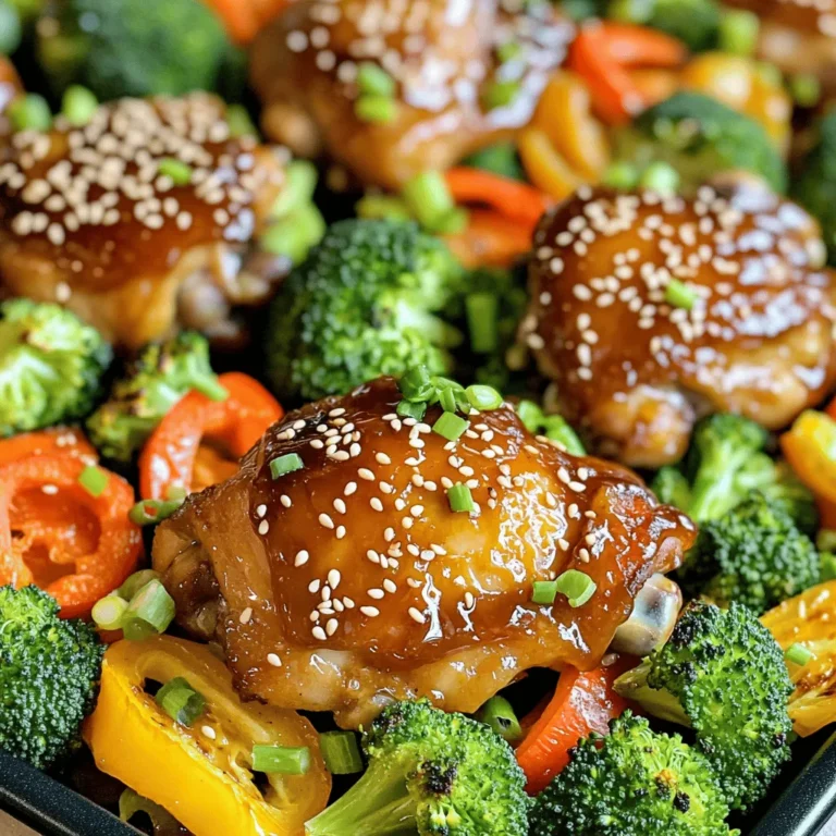 To make this dish shine, you need a few key items. Here is what you'll need: - 4 boneless, skinless chicken thighs - 2 cups broccoli florets - 2 cups bell peppers (mixed colors, sliced into strips) - 1 cup carrots (sliced into thin rounds) - 4 cloves garlic (minced finely) - 1/4 cup honey - 1/4 cup low-sodium soy sauce - 2 tablespoons olive oil - 1 teaspoon fresh ginger (grated finely) - 1 tablespoon sesame oil - Salt and black pepper to taste - Sesame seeds and chopped green onions for garnish These ingredients work together to create a tasty meal. You can add many veggies to this dish. Some great choices are: - Zucchini - Asparagus - Green beans - Cauliflower Feel free to mix and match. Each vegetable brings its own flavor and crunch. Just cut them into similar sizes to cook evenly. The magic in this dish lies in the marinade. Honey adds sweetness. Soy sauce gives it a salty kick. Garlic and ginger bring warmth and depth. Together, these flavors create a delightful glaze. You can adjust the marinade to your taste. Want it sweeter? Add more honey. Want a saltier bite? Add extra soy sauce. This is your chance to make it your own! Use the Full Recipe for more details on how to combine these flavors. First, you need to marinate the chicken. Gather your chicken thighs in a large bowl. In a small bowl, mix together honey, soy sauce, minced garlic, grated ginger, and sesame oil. Whisk until smooth. Pour most of this marinade over the chicken. Make sure each thigh is coated well. Sprinkle salt and black pepper to taste. Let the chicken sit for at least 15 minutes. If you have time, marinate it for an hour in the fridge for deeper flavor. While the chicken marinates, get your vegetables ready. In another large bowl, combine broccoli florets, sliced bell peppers, and carrot rounds. Drizzle olive oil over them, and add salt and pepper. Toss the veggies to coat them evenly. This step ensures they roast nicely in the oven. Now it's time to combine everything on the sheet pan. Arrange the marinated chicken on one side of the pan. Place the seasoned vegetables on the other side. This helps them cook evenly. Drizzle any leftover marinade over both the chicken and veggies. Bake everything in a preheated oven at 400°F (200°C) for 25-30 minutes. Check that the chicken reaches an internal temperature of 165°F (74°C). The veggies should be tender and slightly caramelized. Once done, drizzle the reserved marinade on top for extra flavor before serving. Enjoy your meal! To get the best flavor, marinate your chicken. Use the marinade from the recipe. Coat the chicken well. Let it sit for at least 15 minutes. If you have time, marinate for an hour or longer. This will make the chicken juicy and tasty. For extra kick, add a pinch of red pepper flakes to the marinade. Preheat your oven to 400°F (200°C). This helps the chicken cook evenly. Use a large sheet pan to avoid crowding. Space out the chicken and veggies. This allows the heat to circulate. Bake for 25-30 minutes. Check that the chicken reaches 165°F (74°C). Veggies should be tender and slightly sweet. If you want extra caramelization, broil for a couple of minutes at the end. Serve the chicken and veggies right on the sheet pan. This gives a rustic feel. For a more polished look, plate individual servings. Sprinkle sesame seeds and green onions on top. This adds color and crunch. You can also use a drizzle of the reserved marinade for extra flavor. This makes the dish look and taste even better. For a fun touch, serve with rice or noodles on the side. Try this recipe for more delicious meals: [Full Recipe]. {{image_4}} You can switch the chicken for other proteins. Tofu is a great choice for a vegetarian dish. Just make sure to press it first to remove excess water. Salmon works well too. The honey garlic sauce complements its rich flavor. Shrimp cooks fast, so adjust your baking time. Use about 10 minutes for shrimp to cook through. You can also try pork tenderloin. It will soak up the marinade nicely. Feel free to mix up the veggies. Asparagus brings a nice crunch and pairs well with the sauce. Zucchini slices add a fresh taste and cook quickly. Snap peas can add a sweet pop, while cauliflower offers a hearty bite. You can even use sweet potatoes for a filling option. Just cut them into small pieces for even cooking. The key is to choose vegetables that roast well. You can get creative with the sauce. Add chili paste for a spicy kick. If you like citrus, try adding orange juice to the marinade. It gives a refreshing twist. You can also use teriyaki sauce instead of soy sauce for a different flavor. If you want a smoky taste, add some smoked paprika. Fresh herbs like cilantro or basil can brighten the dish. Experiment to find your favorite combination. Check the full recipe for more ideas! To store leftover Sheet Pan Honey Garlic Chicken and Veggies, first let it cool. Place the chicken and veggies in an airtight container. This keeps them fresh for your next meal. They will last up to four days in the fridge. Always label your container with the date. This way, you know when to use it. If you want to save the chicken and veggies for later, freezing works well. After cooling, place them in freezer-safe bags. Remove as much air as possible before sealing. This prevents freezer burn. You can store them in the freezer for up to three months. When ready to eat, just thaw them in the fridge overnight. To reheat your chicken and veggies, use the oven for best results. Preheat your oven to 350°F (175°C). Place the food on a baking sheet and cover it with foil. This helps keep the moisture in. Bake for about 15-20 minutes or until heated through. You can also use the microwave, but be careful. The chicken may dry out if heated too long. Drizzle with leftover marinade for extra flavor before serving. For the full recipe, check out the link! You can check the chicken's doneness by using a meat thermometer. The chicken should reach an internal temperature of 165°F (74°C). If you don't have a thermometer, cut into the thickest part of the chicken. The meat should look white and the juices should run clear. If you see pink, it needs more cooking. Remember, the chicken should be tender and juicy when it's done. For best results, let it rest for a few minutes after baking. This helps it stay moist. Yes, you can use frozen vegetables! They are a great time-saver. Just toss them straight into the pan with the chicken. However, frozen veggies may release more water than fresh ones. This can change the cooking time slightly. So, keep an eye on them. You want them crisp and flavorful. If they seem too wet, bake them a bit longer to get rid of excess moisture. This dish pairs well with many sides. Here are some ideas: - Rice or quinoa for a hearty meal. - A fresh salad for a light crunch. - Garlic bread for a comforting touch. - Roasted potatoes for extra flavor. These sides will complement the sweet and savory notes of the chicken and veggies. Feel free to mix and match based on what you enjoy! For the full recipe, check out [Full Recipe]. This recipe for Sheet Pan Honey Garlic Chicken combines simple steps and tasty flavors. You learned about the key ingredients, marinating methods, and how to bake everything perfectly. Remember, you can switch proteins or veggies for variety. Store leftovers well to enjoy later. With these tips and tricks, I hope you feel excited to cook this dish. It’s a fun, easy way to enjoy a delicious meal. Dive in and enjoy your cooking adventure!