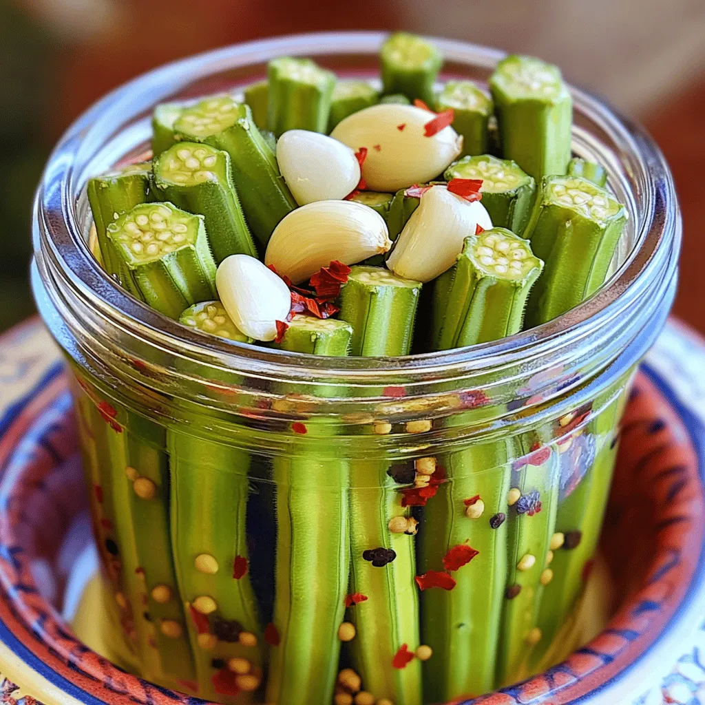For this recipe, you'll need 1 pound of fresh okra. Look for firm, bright green pods. Trim the stems but leave the okra whole. This keeps the texture crunchy and fun to eat. To make your pickled okra pop, gather these spices: - 4 cloves garlic, smashed - 1 teaspoon red pepper flakes (you can adjust this based on how spicy you like it) - 1 tablespoon pickling salt - 1 teaspoon mustard seeds - 1 teaspoon whole black peppercorns These ingredients add layers of flavor to your dish. The garlic gives a strong aroma, while the red pepper flakes add the heat that makes it special. Now, let's talk about the brine. It’s key to the pickling process. For this, you will need: - 1 cup distilled white vinegar - 1 cup water - 1 tablespoon granulated sugar This mix balances tartness and sweetness. The vinegar acts as a preservative, while the sugar rounds out the flavors. For the full recipe, check out the link above. Happy pickling! Start by rinsing the fresh okra. Use cold water to wash off any dirt. Next, trim the stems carefully. Keep the okra whole for that nice crunch. This step is key to a great texture. In a medium saucepan, mix the distilled white vinegar, water, granulated sugar, and pickling salt. Heat the mix over medium heat. Stir it often until the salt and sugar dissolve completely. Once it boils, take it off the heat and let it cool for about ten minutes. Cooling the brine helps keep that crispy texture we love. Grab your sterilized canning jars. Place the smashed garlic cloves, red pepper flakes, mustard seeds, and black peppercorns in each jar. Then, pack the okra tightly into the jars. Leave about an inch of space at the top for the brine. Carefully pour the cooled brine over the okra until they are fully submerged. If needed, add more vinegar or water to cover them well. Seal the jars with their lids and let them cool on the counter. After cooling, put them in the fridge for at least 24 hours. This waiting time allows the flavors to blend. The pickles will taste even better after a few days. You can find the full recipe for more details. To keep your okra crunchy, start with fresh, young pods. Look for pods that are bright green and firm. Avoid any that are soft or blemished. When rinsing, do not soak them for long. Trim the ends but leave the okra whole. After cooking the brine, let it cool for about ten minutes. This helps the okra stay crisp. Always pack the okra tightly in jars but don’t squish them. Leave space for the brine to circulate. You can easily change the spice level of your pickled okra. If you want more heat, add extra red pepper flakes. For less spice, reduce the amount. You can also add sliced jalapeños or other peppers to the jars. Just remember, the flavor gets stronger over time. Taste the brine before pouring it over the okra. This way, you can adjust it to your liking. Sterilizing jars is key for safe pickling. Start by washing the jars and lids in hot, soapy water. Rinse well and place them in a pot of boiling water for ten minutes. This kills any germs. Let them air dry on a clean towel. You can also put them in the oven at 225°F for about 15 minutes. Make sure they are hot when you fill them with okra. This keeps your pickles safe and tasty. For the full recipe, check out the Spicy Garlic Pickled Okra section. {{image_4}} You can change the heat of your spicy garlic pickled okra easily. If you want a milder taste, reduce the red pepper flakes to half a teaspoon. You can also use sweet peppers for a gentler kick. For more spice, add sliced jalapeños or even habaneros. Just remember, a little goes a long way. Adjusting heat lets you enjoy this snack just the way you like it! Herbs can add depth to your pickled okra. Dill is a classic choice, giving a fresh taste. You can also try thyme or rosemary for a unique flavor twist. Just add a few sprigs to your jars before pouring in the brine. The herbs will infuse as the okra pickles, creating a zesty treat packed with flavor. While okra shines in this recipe, you can pickle other veggies too! Try cucumbers for a classic crunch or carrots for a sweet bite. Green beans and cauliflower also work well. Just cut them to fit your jars and follow the same brining steps. Each veggie brings its own flavor, making this recipe versatile and fun! For the full recipe, check out the details above. Store your spicy garlic pickled okra in the refrigerator. Keep it in a cool, dark place. Make sure the jars are sealed tightly to prevent spoilage. Avoid exposing them to direct sunlight. When stored properly, spicy garlic pickled okra lasts about 2 to 3 months in the fridge. The flavors deepen and get better over time. However, for the best taste, enjoy them within the first month. For long-term storage, consider canning the okra. Use sterilized jars to keep them fresh. Ensure the brine fully covers the okra. This helps prevent spoilage and keeps them crunchy. Always check for signs of spoilage before eating. If the jar is bulging or leaking, discard it immediately. It takes about 2 days to pickle okra properly. You need to allow the okra to sit in the brine for at least 24 hours. This time helps the flavors blend well. After that, the taste improves over the next few days. I do not recommend using frozen okra. Frozen okra loses its crunch and texture. Fresh okra gives the best results. If you can find fresh, use it for a crispier pickle. You can find pre-made spicy garlic pickled okra at many grocery stores. Check the international or pickle aisle. Local farmers' markets may also sell homemade versions. Online shops often offer diverse brands too. Pickled okra is low in calories and high in fiber. It helps with digestion and keeps you full. It also contains vitamins A, C, and K. The probiotics from fermentation can boost gut health. Enjoying this snack can be a tasty way to eat healthy! We covered how to pickle okra, from ingredients to storage. Fresh okra, the right spices, and a solid brine work wonders. Remember to pack jars tightly for a good crunch. Play with spices to fit your taste, and try other veggies too. Store them correctly to keep their flavor and crispness. Hopefully, you feel ready to enjoy homemade pickled okra!