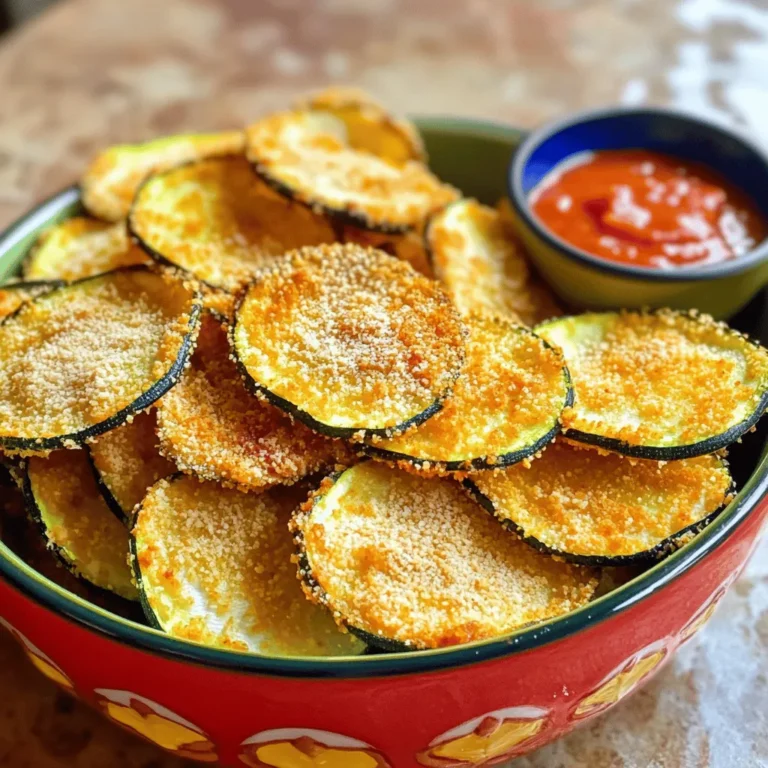 - 2 medium zucchinis - 1 cup panko breadcrumbs - ½ cup freshly grated Parmesan cheese - 1 teaspoon garlic powder - 1 teaspoon onion powder - ½ teaspoon smoked paprika - Salt and freshly cracked black pepper - 1 large egg - Cooking spray or oil The key to making crispy air fryer zucchini chips lies in the right ingredients. Start with two medium zucchinis, which you will slice. Thin slices, around 1/8 inch thick, help the chips cook evenly. Next, grab one cup of panko breadcrumbs. These breadcrumbs give a nice crunch that regular ones can’t match. You’ll need half a cup of freshly grated Parmesan cheese. This cheese not only adds flavor but also helps the chips crisp up nicely. Garlic powder and onion powder, each a teaspoon, add a savory touch. Smoked paprika, just half a teaspoon, brings a hint of warmth. Don’t forget salt and freshly cracked black pepper to taste. You’ll also need one large egg, beaten for coating. Finally, have some cooking spray or a light drizzle of oil ready to prevent sticking. These ingredients come together to create a tasty snack. For the full recipe, refer to the detailed instructions above. Start by washing the zucchinis under cool water. This removes any dirt. Next, slice the zucchinis into thin rounds, about 1/8 inch thick. Thin slices cook better and become crispier. After slicing, pat the rounds dry using a paper towel. This step is key for getting that perfect crunch. In a shallow bowl, combine panko breadcrumbs, grated Parmesan cheese, garlic powder, onion powder, smoked paprika, salt, and pepper. Mix all the ingredients well until they are evenly combined. In a separate bowl, beat the egg until it looks frothy. This creates a light coating for the zucchini. Take each zucchini slice and dip it into the beaten egg. Let any extra egg drip back into the bowl. Then, transfer the slice to the breadcrumb mix. Make sure to coat it fully. Press down lightly on each slice to help the breadcrumbs stick well. Preheat your air fryer to 380°F (193°C). This step ensures the chips cook evenly. Lightly spray or drizzle the air fryer basket with cooking spray to prevent sticking. Arrange the breaded zucchini chips in a single layer in the basket. Avoid overlapping the slices for even cooking. If you have many slices, fry them in batches. Air fry the zucchini chips for 10-12 minutes. Flip them halfway through the cooking time. This helps them brown evenly. The chips should come out golden and crispy. Carefully remove the chips from the air fryer. Let them cool slightly on a wire rack or plate. If you have more slices, repeat the air frying. Enjoy your crispy air fryer zucchini chips as a healthy snack! For the full recipe, check out the details above! When choosing zucchini, look for small and firm ones. They have less water and better texture. Fresh zucchinis should feel heavy for their size. Avoid any that are soft or have blemishes. This choice makes a big difference in your chips. Cutting the zucchini into even slices is key. Aim for about 1/8 inch thick rounds. This ensures they cook uniformly. Use a sharp knife for clean cuts. If you have a mandoline, it works great for this task. Even thickness leads to crispy chips every time. Drying the zucchini slices is vital for crispiness. After slicing, pat them dry with a paper towel. Removing excess moisture helps them crisp up in the air fryer. Remember, the drier they are, the crunchier they get. For a perfect batch, don’t skip this step. For the full recipe, refer to the previous section. {{image_4}} You can make your zucchini chips even better by adding different spices and herbs. Try using Italian seasoning for a classic taste. A sprinkle of cayenne pepper gives a nice kick. Or mix in some paprika for a smoky flavor. Experiment with garlic powder, onion powder, or even chili powder. The options are endless. Just remember to adjust the amounts based on your taste, and have fun! Changing the cheese can really change the flavor of your zucchini chips. If you want a sharper taste, try using Cheddar cheese. For a dairy-free option, vegan cheese works great too. You could even mix cheeses for a unique flavor blend. Grated Pecorino Romano adds a nice salty bite. Find what you enjoy the most. Each cheese brings its own character to your chips. These chips are great on their own, but you can make them even more special. Pair your crispy zucchini chips with delicious dips. Marinara sauce is a classic choice and adds a nice tang. Ranch dressing offers a creamy contrast that many love. You could also try hummus or tzatziki for a Mediterranean twist. Serving these with a tasty dip makes for a fun snack or appetizer. To keep your crispy air fryer zucchini chips fresh, store them in an airtight container. Place a paper towel in the container to absorb moisture. This keeps the chips crispy. They can last in the fridge for up to three days. If they start to lose their crunch, it may be time to finish them off. To reheat your zucchini chips and keep them crispy, use the air fryer. Preheat it to 350°F (175°C). Place the chips in a single layer and heat for about 3-5 minutes. This method revives their crunch. You can also use a toaster oven for a similar effect. Avoid the microwave, as it may make them soggy. If you want to freeze your zucchini chips, first let them cool completely. Place them in a single layer on a baking sheet. Freeze until solid, then transfer to a freezer bag. This helps prevent them from sticking together. They can be frozen for up to three months. To reheat, follow the same steps as for refrigeration. Enjoy your tasty snack anytime! For the full recipe, check out the detailed steps in the earlier sections. Yes, you can use regular breadcrumbs, but panko works better. Panko is lighter and crispier. It gives your zucchini chips a nice crunch. Regular breadcrumbs may make them denser. If you want that perfect texture, stick with panko. To bake zucchini chips, preheat your oven to 425°F (220°C). Place your coated zucchini slices on a baking sheet lined with parchment paper. Make sure they do not touch. Bake for 20-25 minutes, flipping halfway. Keep an eye on them until they are golden brown. You can get creative with leftover zucchini! Here are some ideas: - Add it to soups or stews for extra flavor. - Grate and mix it into pancake or muffin batter. - Sauté it with garlic and olive oil for a quick side dish. - Use it in stir-fries or pasta dishes for added nutrition. To keep your zucchini chips crispy, follow these tips: - Slice the zucchini thinly, about 1/8 inch thick. - Pat the slices dry with a paper towel before coating. - Make sure the chips do not overlap in the air fryer. - Store them in an airtight container after they cool. This helps them stay crunchy longer. Zucchini chips are easy to make and taste great. You learned how to prep, coat, and crisp them in an air fryer. Choosing firm zucchinis and cutting them evenly help with cooking. Have fun trying different spices and cheeses for new flavors. Store leftovers properly to keep them fresh. If you follow these tips, your crunchy zucchini chips will impress anyone. Enjoy your cooking and experiment with new ideas!
