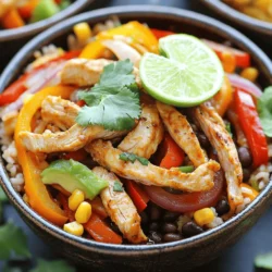 - 1 pound chicken breast, cut into thin strips - 1 tablespoon olive oil - 1 bell pepper (any color), sliced into thin strips - 1 medium onion, sliced into rings - 2 cloves garlic, finely minced - 1 tablespoon fajita seasoning (store-bought or homemade) - 2 cups cooked rice (brown or white) - 1 cup black beans, rinsed and drained - 1 cup corn (fresh or frozen, cooked) - ½ cup diced tomatoes (fresh or canned, drained if canned) - ¼ cup fresh cilantro, finely chopped - Juice of 1 lime - Optional toppings: avocado slices, shredded cheese, sour cream, and lime wedges When I make my chicken fajita rice bowl, I gather these fresh, vibrant ingredients. The chicken breast is my star protein. I slice it into thin strips for quick cooking. The olive oil helps the chicken brown nicely. Next, I choose a bell pepper. I love the crunch and color it adds. Any color works, so pick your favorite! Onions give a sweet flavor, and I slice them into rings. Garlic brings a lovely aroma and taste. For extra flavor, I use fajita seasoning. This blend can be store-bought or homemade. The spices make the dish pop. I also prepare 2 cups of cooked rice, either brown or white, as my base. Black beans and corn add texture and nutrition. Diced tomatoes keep things juicy, while cilantro brings freshness. Finally, I squeeze lime juice for a zesty twist. The optional toppings let you customize each bowl. Avocado slices, shredded cheese, and sour cream make it rich and creamy. Lime wedges add a fun, tangy kick. You can find the full recipe [here](#). - Heat olive oil in a skillet over medium-high heat. - Season the chicken with salt, pepper, and fajita seasoning. - Cook until browned and fully cooked (5-7 minutes). Cooking the chicken is key. The oil should shimmer, which means it’s hot enough. I like to use fresh chicken breast for the best taste. Make sure to cut it into thin strips. This helps it cook evenly. Seasoning is important. A good fajita seasoning gives that zesty flavor. Stir the chicken often to brown all sides. You want it juicy, not dry! - Add bell pepper, onion, and garlic to the skillet. - Sauté until vegetables are tender-crisp (3-4 minutes). Next, add in the veggies. Colorful bell peppers and onions add crunch and flavor. Sauté them until they are bright and tender-crisp. This usually takes about 3-4 minutes. Don't forget the garlic! It gives a wonderful aroma and taste. Stir everything well so the flavors blend. - Combine cooked rice, black beans, corn, diced tomatoes, lime juice, and chopped cilantro in a bowl. - Season to taste with additional salt and pepper. In a large bowl, mix cooked rice with black beans, corn, and diced tomatoes. I prefer brown rice for more fiber. Add fresh lime juice and chopped cilantro for a fresh kick. This mix adds a lot of texture and taste. Don't forget to taste it! Adjust salt and pepper as needed. - Divide rice mixture into bowls. - Top with chicken and vegetable mixture. Now it’s time to serve! Spoon the rice mixture into each bowl. Then, top it with the sizzling chicken and vegetables. This creates a beautiful, colorful dish. You can add extras like avocado, cheese, or sour cream. For a full experience, check out the Full Recipe for more tips and tricks! To make your chicken fajita rice bowl really pop, use homemade fajita seasoning. This blend adds depth and a personal touch to your dish. You can mix spices like cumin, chili powder, and paprika to create your own. Marinating the chicken for 30 minutes with the seasoning will also enhance the taste. This step makes the chicken juicy and flavorful, ensuring every bite is delicious. The way you serve your dish makes a big difference. Use colorful bowls to create a visual feast. Bright colors from the peppers and cilantro make the meal more inviting. Garnish each bowl with extra cilantro and lime wedges. This not only looks nice but adds fresh flavor. A sprinkle of lime juice right before eating brightens the whole dish. Searing the chicken properly is key to getting maximum flavor. Heat your skillet well before adding the chicken. This helps lock in the juices and gives a nice brown crust. When choosing vegetables, look for fresh, vibrant ones. Crisp bell peppers and firm onions will give your bowl a great texture. Avoid soft or wilted vegetables; they won't hold up well in your dish. For the full recipe, check out the details earlier in this article. Enjoy your cooking! {{image_4}} You can make this bowl without chicken. Grilled tofu or tempeh works great. Both options absorb flavors well. Add more veggies like zucchini or mushrooms for a tasty mix. These veggies are full of nutrients. They also add color and crunch to your meal. You don’t have to use rice. Quinoa is a great swap. It’s packed with protein and has a nice texture. Cauliflower rice is another fun choice. It’s light and low in carbs. You can even try farro for a chewy bite. Brown rice or wild rice blends also taste good. Each grain offers unique flavors and health benefits. Want a spicy kick? Add jalapeños or hot sauce to your bowl. These ingredients bring heat and flavor. If you prefer mild dishes, reduce the seasoning. Use less fajita seasoning or skip the spice altogether. This way, you keep the dish tasty but gentle on the palate. For the full recipe, check the main article! To keep your chicken fajita rice bowl fresh, store leftovers properly. Place the bowl in an airtight container. This will help prevent any odors from the fridge. Make sure to let the bowl cool before sealing it. The bowl stays good for up to three days. For best results, use glass containers. They are safe for reheating and do not stain. If using plastic, ensure it's BPA-free to keep your food safe. When reheating, keep the chicken and rice moist. The best way is to use the microwave. Heat it on medium for about two to three minutes. Stir halfway through to warm it evenly. You can also use a skillet. Heat it on low for about five minutes, stirring often. This keeps the texture nice and the flavors intact. You can freeze the chicken fajita rice bowl, but do it in parts. Freeze the chicken and veggies separately from the rice. This helps keep flavors fresh and textures right. To thaw, place the bowl in the fridge overnight. For quick thawing, use the microwave's defrost setting. Reheat the thawed bowl as mentioned before for best taste. For more details, check out the Full Recipe to make this easy dish! To add heat to your chicken fajita rice bowl, you can use several spices and ingredients. Here are some great options: - Add sliced jalapeños for fresh heat. - Sprinkle cayenne pepper for a fiery kick. - Mix in hot sauce, like sriracha or your favorite brand. - Use spicy fajita seasoning instead of mild. - Include red pepper flakes for extra warmth. These simple tweaks will turn up the flavor and give your meal a nice spicy edge. Yes, you can use frozen chicken for this recipe. Here’s how to do it: - Thaw the chicken in the fridge overnight for best results. - If you're short on time, you can cook it from frozen. - Just increase the cooking time to about 10-12 minutes. - Ensure the chicken reaches an internal temperature of 165°F. Using frozen chicken is convenient and saves time. Just be mindful of the cooking time. Many sides complement chicken fajita rice bowls. Here’s a list to consider: - Fresh guacamole or salsa. - A simple green salad with lime dressing. - Corn on the cob, grilled or boiled. - Tortilla chips for a crunchy contrast. For drinks, I recommend: - A refreshing limeade or iced tea. - A light beer or margarita pairs nicely too. For dessert, try: - Churros dusted with cinnamon sugar. - Flan for a creamy finish. These sides and drinks will make your meal even more enjoyable. Yes, chicken fajita rice bowls can be healthy. Here’s a quick overview of the nutrition: - They are high in protein from the chicken and beans. - The veggies add fiber and vitamins. - Brown rice can boost the fiber content too. To make it healthier, consider these tips: - Use less oil when cooking. - Opt for brown rice instead of white. - Load up on more veggies and skip the cheese or sour cream. This way, you keep the flavors while making a smart choice for your health. In this article, we explored how to make delicious chicken fajita rice bowls. We discussed key ingredients, step-by-step cooking instructions, and variations for different tastes. You can customize your bowl with fresh vegetables, grains, and toppings. Remember to store and reheat leftovers properly to keep flavors intact. Fajita rice bowls are not just tasty; they can be healthy, too. Enjoy this satisfying meal, and don’t hesitate to experiment with your ingredients!