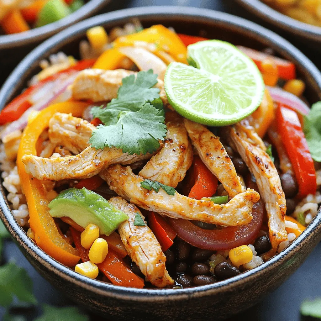 - 1 pound chicken breast, cut into thin strips - 1 tablespoon olive oil - 1 bell pepper (any color), sliced into thin strips - 1 medium onion, sliced into rings - 2 cloves garlic, finely minced - 1 tablespoon fajita seasoning (store-bought or homemade) - 2 cups cooked rice (brown or white) - 1 cup black beans, rinsed and drained - 1 cup corn (fresh or frozen, cooked) - ½ cup diced tomatoes (fresh or canned, drained if canned) - ¼ cup fresh cilantro, finely chopped - Juice of 1 lime - Optional toppings: avocado slices, shredded cheese, sour cream, and lime wedges When I make my chicken fajita rice bowl, I gather these fresh, vibrant ingredients. The chicken breast is my star protein. I slice it into thin strips for quick cooking. The olive oil helps the chicken brown nicely. Next, I choose a bell pepper. I love the crunch and color it adds. Any color works, so pick your favorite! Onions give a sweet flavor, and I slice them into rings. Garlic brings a lovely aroma and taste. For extra flavor, I use fajita seasoning. This blend can be store-bought or homemade. The spices make the dish pop. I also prepare 2 cups of cooked rice, either brown or white, as my base. Black beans and corn add texture and nutrition. Diced tomatoes keep things juicy, while cilantro brings freshness. Finally, I squeeze lime juice for a zesty twist. The optional toppings let you customize each bowl. Avocado slices, shredded cheese, and sour cream make it rich and creamy. Lime wedges add a fun, tangy kick. You can find the full recipe [here](#). - Heat olive oil in a skillet over medium-high heat. - Season the chicken with salt, pepper, and fajita seasoning. - Cook until browned and fully cooked (5-7 minutes). Cooking the chicken is key. The oil should shimmer, which means it’s hot enough. I like to use fresh chicken breast for the best taste. Make sure to cut it into thin strips. This helps it cook evenly. Seasoning is important. A good fajita seasoning gives that zesty flavor. Stir the chicken often to brown all sides. You want it juicy, not dry! - Add bell pepper, onion, and garlic to the skillet. - Sauté until vegetables are tender-crisp (3-4 minutes). Next, add in the veggies. Colorful bell peppers and onions add crunch and flavor. Sauté them until they are bright and tender-crisp. This usually takes about 3-4 minutes. Don't forget the garlic! It gives a wonderful aroma and taste. Stir everything well so the flavors blend. - Combine cooked rice, black beans, corn, diced tomatoes, lime juice, and chopped cilantro in a bowl. - Season to taste with additional salt and pepper. In a large bowl, mix cooked rice with black beans, corn, and diced tomatoes. I prefer brown rice for more fiber. Add fresh lime juice and chopped cilantro for a fresh kick. This mix adds a lot of texture and taste. Don't forget to taste it! Adjust salt and pepper as needed. - Divide rice mixture into bowls. - Top with chicken and vegetable mixture. Now it’s time to serve! Spoon the rice mixture into each bowl. Then, top it with the sizzling chicken and vegetables. This creates a beautiful, colorful dish. You can add extras like avocado, cheese, or sour cream. For a full experience, check out the Full Recipe for more tips and tricks! To make your chicken fajita rice bowl really pop, use homemade fajita seasoning. This blend adds depth and a personal touch to your dish. You can mix spices like cumin, chili powder, and paprika to create your own. Marinating the chicken for 30 minutes with the seasoning will also enhance the taste. This step makes the chicken juicy and flavorful, ensuring every bite is delicious. The way you serve your dish makes a big difference. Use colorful bowls to create a visual feast. Bright colors from the peppers and cilantro make the meal more inviting. Garnish each bowl with extra cilantro and lime wedges. This not only looks nice but adds fresh flavor. A sprinkle of lime juice right before eating brightens the whole dish. Searing the chicken properly is key to getting maximum flavor. Heat your skillet well before adding the chicken. This helps lock in the juices and gives a nice brown crust. When choosing vegetables, look for fresh, vibrant ones. Crisp bell peppers and firm onions will give your bowl a great texture. Avoid soft or wilted vegetables; they won't hold up well in your dish. For the full recipe, check out the details earlier in this article. Enjoy your cooking! {{image_4}} You can make this bowl without chicken. Grilled tofu or tempeh works great. Both options absorb flavors well. Add more veggies like zucchini or mushrooms for a tasty mix. These veggies are full of nutrients. They also add color and crunch to your meal. You don’t have to use rice. Quinoa is a great swap. It’s packed with protein and has a nice texture. Cauliflower rice is another fun choice. It’s light and low in carbs. You can even try farro for a chewy bite. Brown rice or wild rice blends also taste good. Each grain offers unique flavors and health benefits. Want a spicy kick? Add jalapeños or hot sauce to your bowl. These ingredients bring heat and flavor. If you prefer mild dishes, reduce the seasoning. Use less fajita seasoning or skip the spice altogether. This way, you keep the dish tasty but gentle on the palate. For the full recipe, check the main article! To keep your chicken fajita rice bowl fresh, store leftovers properly. Place the bowl in an airtight container. This will help prevent any odors from the fridge. Make sure to let the bowl cool before sealing it. The bowl stays good for up to three days. For best results, use glass containers. They are safe for reheating and do not stain. If using plastic, ensure it's BPA-free to keep your food safe. When reheating, keep the chicken and rice moist. The best way is to use the microwave. Heat it on medium for about two to three minutes. Stir halfway through to warm it evenly. You can also use a skillet. Heat it on low for about five minutes, stirring often. This keeps the texture nice and the flavors intact. You can freeze the chicken fajita rice bowl, but do it in parts. Freeze the chicken and veggies separately from the rice. This helps keep flavors fresh and textures right. To thaw, place the bowl in the fridge overnight. For quick thawing, use the microwave's defrost setting. Reheat the thawed bowl as mentioned before for best taste. For more details, check out the Full Recipe to make this easy dish! To add heat to your chicken fajita rice bowl, you can use several spices and ingredients. Here are some great options: - Add sliced jalapeños for fresh heat. - Sprinkle cayenne pepper for a fiery kick. - Mix in hot sauce, like sriracha or your favorite brand. - Use spicy fajita seasoning instead of mild. - Include red pepper flakes for extra warmth. These simple tweaks will turn up the flavor and give your meal a nice spicy edge. Yes, you can use frozen chicken for this recipe. Here’s how to do it: - Thaw the chicken in the fridge overnight for best results. - If you're short on time, you can cook it from frozen. - Just increase the cooking time to about 10-12 minutes. - Ensure the chicken reaches an internal temperature of 165°F. Using frozen chicken is convenient and saves time. Just be mindful of the cooking time. Many sides complement chicken fajita rice bowls. Here’s a list to consider: - Fresh guacamole or salsa. - A simple green salad with lime dressing. - Corn on the cob, grilled or boiled. - Tortilla chips for a crunchy contrast. For drinks, I recommend: - A refreshing limeade or iced tea. - A light beer or margarita pairs nicely too. For dessert, try: - Churros dusted with cinnamon sugar. - Flan for a creamy finish. These sides and drinks will make your meal even more enjoyable. Yes, chicken fajita rice bowls can be healthy. Here’s a quick overview of the nutrition: - They are high in protein from the chicken and beans. - The veggies add fiber and vitamins. - Brown rice can boost the fiber content too. To make it healthier, consider these tips: - Use less oil when cooking. - Opt for brown rice instead of white. - Load up on more veggies and skip the cheese or sour cream. This way, you keep the flavors while making a smart choice for your health. In this article, we explored how to make delicious chicken fajita rice bowls. We discussed key ingredients, step-by-step cooking instructions, and variations for different tastes. You can customize your bowl with fresh vegetables, grains, and toppings. Remember to store and reheat leftovers properly to keep flavors intact. Fajita rice bowls are not just tasty; they can be healthy, too. Enjoy this satisfying meal, and don’t hesitate to experiment with your ingredients!