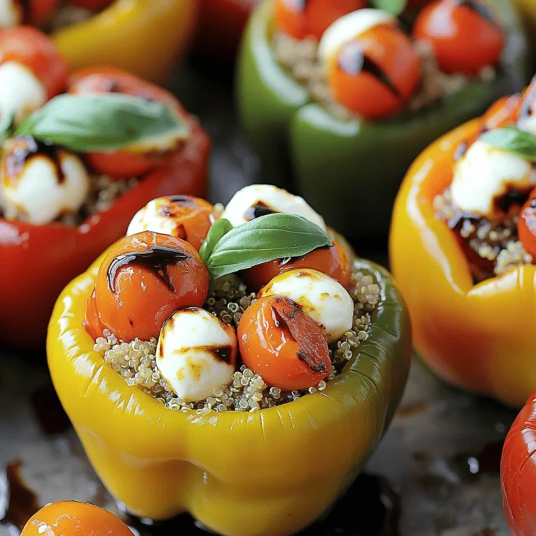- 4 large bell peppers (any vibrant color) - 1 cup cooked quinoa (preferably chilled) - 1 cup cherry tomatoes, halved - 1 cup fresh mozzarella balls - 1/4 cup fresh basil, finely chopped - 2 tablespoons extra virgin olive oil - 1 tablespoon balsamic vinegar - Salt and pepper to taste - 1/2 teaspoon garlic powder To make stuffed bell peppers, you need a mix of fresh and tasty ingredients. First, pick four large bell peppers. You can choose any bright color you like. I often pick red, yellow, or green for a beautiful look. Next, use one cup of cooked quinoa. It should be cold for easy mixing. Quinoa adds a nutty flavor and good texture to the dish. Then, grab one cup of cherry tomatoes. Halve them to bring out their sweetness. They will burst with flavor as they cook. You'll also need one cup of fresh mozzarella balls. Slice them in half for creaminess. Their soft texture pairs well with the other ingredients. Finally, add 1/4 cup of fresh basil. Chop it finely to release its fragrant aroma. Basil gives a bright taste that lifts the whole dish. For the additional flavors, use two tablespoons of extra virgin olive oil. This will enhance all the other tastes. One tablespoon of balsamic vinegar adds a nice tang. Don’t forget salt and pepper! They help to balance the flavors. A half teaspoon of garlic powder adds a savory kick that makes everything better. This combination makes stuffed bell peppers a delicious treat. For the complete instructions on how to prepare this dish, check the Full Recipe. - Preheat the oven to 375°F (190°C). - Slice off the tops of the bell peppers and remove seeds. Start by preheating your oven. This step ensures that your peppers cook evenly. While the oven heats, grab your bell peppers. I like to choose colorful ones; they make the dish pop. Carefully cut off the tops and set them aside. Don’t forget to remove all the seeds inside. This keeps the peppers sweet and tasty. - Combine quinoa, cherry tomatoes, mozzarella, and basil in a bowl. - Add olive oil, balsamic vinegar, garlic powder, salt, and pepper. Now, let’s make the stuffing! In a big bowl, mix your cooked quinoa with halved cherry tomatoes. Add the mozzarella balls and chopped basil. These ingredients together create a fresh and creamy filling. Next, drizzle in olive oil and balsamic vinegar. Sprinkle in garlic powder, salt, and pepper. Mix everything well until combined. Each bite should be flavorful! - Spoon the stuffing into the peppers. - Cover with foil and bake for 25 minutes; then remove foil and bake for an additional 10-15 minutes. It’s time to stuff those peppers! Use a spoon to fill each pepper with the tasty mixture. Pack it in tightly for the best results. Place the stuffed peppers in a baking dish. Cover it with aluminum foil to keep the moisture in. Bake for 25 minutes. After that, take off the foil and bake for another 10-15 minutes. This will help the tops brown a little. The peppers should be tender and full of flavor. For the full recipe, check out the link above. Enjoy your cooking! To get the best stuffed bell peppers, you need to know how to bake them right. Covering the dish with foil helps keep the moisture in. This step makes the peppers soft and juicy. After 25 minutes, remove the foil. This allows the tops to brown nicely, adding great flavor. Adjust the baking time based on how soft you want your peppers. If you like them tender, bake longer. If you want a firmer bite, check them sooner. To make your stuffed peppers pop, balance the flavors. The sweetness from cherry tomatoes pairs well with the tang of balsamic vinegar. You can also try adding a bit more salt if needed. If you don’t have all the ingredients, don’t worry. You can swap mozzarella for feta cheese. You can also replace quinoa with rice or couscous for a different texture. Presentation matters when serving stuffed bell peppers. Drizzle some balsamic vinegar over them right before you serve. This adds a nice shine and extra flavor. Garnish with fresh basil leaves for color and freshness. These small touches make the dish look beautiful and appetizing. Your guests will love it! {{image_4}} You can make stuffed bell peppers vegetarian or vegan easily. First, swap mozzarella with plant-based cheese. This keeps the dish creamy and delicious. You can also add more veggies or beans for a hearty mix. Try black beans, corn, or chopped zucchini. These will add great flavor and nutrition. If you want more protein, consider ground turkey or beef for stuffing. They add a nice savory taste. You can also use beans or lentils. They are great sources of protein and add texture. Mix them with the quinoa for a tasty filling. Changing herbs and sauces can give your stuffed peppers a new twist. Use oregano or parsley for a fresh taste. You can also try different dressings or sauces. A zesty tomato sauce or a tangy vinaigrette can make your dish unique. Experimenting with flavors keeps the meal exciting. After enjoying your stuffed bell peppers, store any leftovers right away. Place them in an airtight container. Keep them in the fridge for up to three days. If you want to save them longer, consider freezing. Wrap each stuffed pepper in plastic wrap, then place them in a freezer bag. They can last up to three months in the freezer. To enjoy your stuffed peppers again, you can reheat them easily. Use an oven or a microwave for the best results. If using an oven, preheat it to 350°F (175°C). Place the peppers in a baking dish and cover with foil. Heat for about 20 minutes or until warm. For the microwave, put one pepper on a plate. Heat for 2-3 minutes, checking to avoid overcooking. To keep the flavor and texture, avoid reheating too many times. Reheating once is best. Enjoy the stuffed peppers as fresh as possible! Stuffed bell peppers can last about three to five days in the fridge. Make sure to store them in an airtight container. This keeps them fresh and tasty. If you notice any signs of spoilage, it’s best to toss them. Yes, you can prepare stuffed peppers ahead of time! You can stuff the peppers and then cover them. Store them in the fridge for up to 24 hours before baking. This saves time on busy days. If you want to freeze them, do it before baking. Wrap them tightly and they can last for about three months. When you're ready, just bake them straight from the freezer. If you prefer other grains, rice works well. Brown rice adds a nice texture and flavor. You can also use couscous or bulgur for a different taste. For a low-carb option, try cauliflower rice. Each option offers a unique twist to your stuffed peppers. Feel free to mix or match to find your favorite! Stuffed bell peppers are tasty and fun to make. We reviewed the key ingredients, steps, and tips to create a delicious meal. Remember to choose vibrant peppers and mix in your favorite flavors. You can easily adapt this dish to suit your needs, whether vegetarian or meaty. Store leftovers properly to keep them fresh. With these easy tips, you can make stuffed peppers a family favorite. Enjoy your cooking and feel proud of your tasty creation!