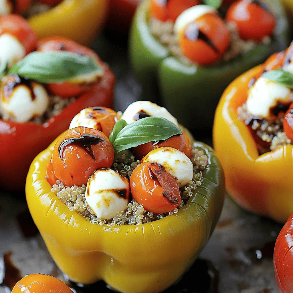 - 4 large bell peppers (any vibrant color) - 1 cup cooked quinoa (preferably chilled) - 1 cup cherry tomatoes, halved - 1 cup fresh mozzarella balls - 1/4 cup fresh basil, finely chopped - 2 tablespoons extra virgin olive oil - 1 tablespoon balsamic vinegar - Salt and pepper to taste - 1/2 teaspoon garlic powder To make stuffed bell peppers, you need a mix of fresh and tasty ingredients. First, pick four large bell peppers. You can choose any bright color you like. I often pick red, yellow, or green for a beautiful look. Next, use one cup of cooked quinoa. It should be cold for easy mixing. Quinoa adds a nutty flavor and good texture to the dish. Then, grab one cup of cherry tomatoes. Halve them to bring out their sweetness. They will burst with flavor as they cook. You'll also need one cup of fresh mozzarella balls. Slice them in half for creaminess. Their soft texture pairs well with the other ingredients. Finally, add 1/4 cup of fresh basil. Chop it finely to release its fragrant aroma. Basil gives a bright taste that lifts the whole dish. For the additional flavors, use two tablespoons of extra virgin olive oil. This will enhance all the other tastes. One tablespoon of balsamic vinegar adds a nice tang. Don’t forget salt and pepper! They help to balance the flavors. A half teaspoon of garlic powder adds a savory kick that makes everything better. This combination makes stuffed bell peppers a delicious treat. For the complete instructions on how to prepare this dish, check the Full Recipe. - Preheat the oven to 375°F (190°C). - Slice off the tops of the bell peppers and remove seeds. Start by preheating your oven. This step ensures that your peppers cook evenly. While the oven heats, grab your bell peppers. I like to choose colorful ones; they make the dish pop. Carefully cut off the tops and set them aside. Don’t forget to remove all the seeds inside. This keeps the peppers sweet and tasty. - Combine quinoa, cherry tomatoes, mozzarella, and basil in a bowl. - Add olive oil, balsamic vinegar, garlic powder, salt, and pepper. Now, let’s make the stuffing! In a big bowl, mix your cooked quinoa with halved cherry tomatoes. Add the mozzarella balls and chopped basil. These ingredients together create a fresh and creamy filling. Next, drizzle in olive oil and balsamic vinegar. Sprinkle in garlic powder, salt, and pepper. Mix everything well until combined. Each bite should be flavorful! - Spoon the stuffing into the peppers. - Cover with foil and bake for 25 minutes; then remove foil and bake for an additional 10-15 minutes. It’s time to stuff those peppers! Use a spoon to fill each pepper with the tasty mixture. Pack it in tightly for the best results. Place the stuffed peppers in a baking dish. Cover it with aluminum foil to keep the moisture in. Bake for 25 minutes. After that, take off the foil and bake for another 10-15 minutes. This will help the tops brown a little. The peppers should be tender and full of flavor. For the full recipe, check out the link above. Enjoy your cooking! To get the best stuffed bell peppers, you need to know how to bake them right. Covering the dish with foil helps keep the moisture in. This step makes the peppers soft and juicy. After 25 minutes, remove the foil. This allows the tops to brown nicely, adding great flavor. Adjust the baking time based on how soft you want your peppers. If you like them tender, bake longer. If you want a firmer bite, check them sooner. To make your stuffed peppers pop, balance the flavors. The sweetness from cherry tomatoes pairs well with the tang of balsamic vinegar. You can also try adding a bit more salt if needed. If you don’t have all the ingredients, don’t worry. You can swap mozzarella for feta cheese. You can also replace quinoa with rice or couscous for a different texture. Presentation matters when serving stuffed bell peppers. Drizzle some balsamic vinegar over them right before you serve. This adds a nice shine and extra flavor. Garnish with fresh basil leaves for color and freshness. These small touches make the dish look beautiful and appetizing. Your guests will love it! {{image_4}} You can make stuffed bell peppers vegetarian or vegan easily. First, swap mozzarella with plant-based cheese. This keeps the dish creamy and delicious. You can also add more veggies or beans for a hearty mix. Try black beans, corn, or chopped zucchini. These will add great flavor and nutrition. If you want more protein, consider ground turkey or beef for stuffing. They add a nice savory taste. You can also use beans or lentils. They are great sources of protein and add texture. Mix them with the quinoa for a tasty filling. Changing herbs and sauces can give your stuffed peppers a new twist. Use oregano or parsley for a fresh taste. You can also try different dressings or sauces. A zesty tomato sauce or a tangy vinaigrette can make your dish unique. Experimenting with flavors keeps the meal exciting. After enjoying your stuffed bell peppers, store any leftovers right away. Place them in an airtight container. Keep them in the fridge for up to three days. If you want to save them longer, consider freezing. Wrap each stuffed pepper in plastic wrap, then place them in a freezer bag. They can last up to three months in the freezer. To enjoy your stuffed peppers again, you can reheat them easily. Use an oven or a microwave for the best results. If using an oven, preheat it to 350°F (175°C). Place the peppers in a baking dish and cover with foil. Heat for about 20 minutes or until warm. For the microwave, put one pepper on a plate. Heat for 2-3 minutes, checking to avoid overcooking. To keep the flavor and texture, avoid reheating too many times. Reheating once is best. Enjoy the stuffed peppers as fresh as possible! Stuffed bell peppers can last about three to five days in the fridge. Make sure to store them in an airtight container. This keeps them fresh and tasty. If you notice any signs of spoilage, it’s best to toss them. Yes, you can prepare stuffed peppers ahead of time! You can stuff the peppers and then cover them. Store them in the fridge for up to 24 hours before baking. This saves time on busy days. If you want to freeze them, do it before baking. Wrap them tightly and they can last for about three months. When you're ready, just bake them straight from the freezer. If you prefer other grains, rice works well. Brown rice adds a nice texture and flavor. You can also use couscous or bulgur for a different taste. For a low-carb option, try cauliflower rice. Each option offers a unique twist to your stuffed peppers. Feel free to mix or match to find your favorite! Stuffed bell peppers are tasty and fun to make. We reviewed the key ingredients, steps, and tips to create a delicious meal. Remember to choose vibrant peppers and mix in your favorite flavors. You can easily adapt this dish to suit your needs, whether vegetarian or meaty. Store leftovers properly to keep them fresh. With these easy tips, you can make stuffed peppers a family favorite. Enjoy your cooking and feel proud of your tasty creation!