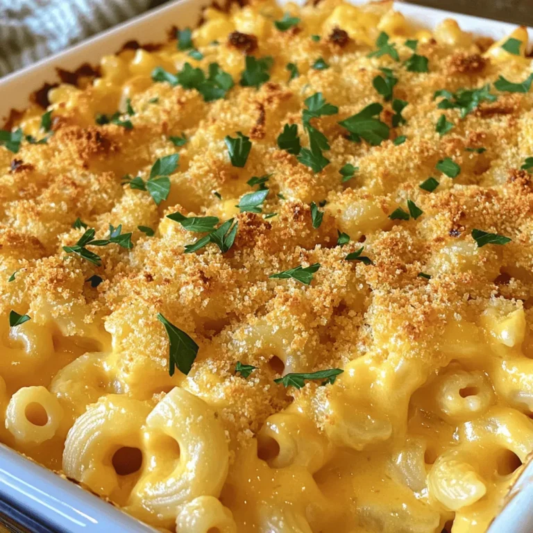 - 2 cups elbow macaroni - 4 tablespoons unsalted butter - 4 tablespoons all-purpose flour - 2 cups milk (whole or 2%) - 1 cup sharp cheddar cheese, shredded - 1 cup Gruyère cheese, shredded - 1 cup mozzarella cheese, shredded I love using elbow macaroni for this dish. It holds the cheese sauce perfectly. Butter and flour make a roux, which is the base of our sauce. Then, we add milk to create that creamy goodness. I use three types of cheese: sharp cheddar, Gruyère, and mozzarella. This combo adds flavor and texture. - 1 teaspoon Dijon mustard - 1/2 teaspoon garlic powder - 1/2 teaspoon onion powder - Salt and pepper to taste Seasonings bring life to our cheese sauce. Dijon mustard adds a nice tang. Garlic and onion powders give it depth. Always taste and adjust salt and pepper to your liking. - 1/2 cup breadcrumbs (preferably panko) - 2 tablespoons fresh parsley, chopped (for garnish) Panko breadcrumbs make a crispy topping. This crunch contrasts well with the creamy mac and cheese. Fresh parsley adds a pop of color and flavor when serving. For the full recipe, check out the Ultimate Baked Mac & Cheese link provided. - Preheat the oven to 350°F (175°C). - Cook the elbow macaroni in salted boiling water until al dente. - Drain and set aside. First, I start by preheating my oven. It’s important to get it ready before cooking the pasta. I fill a large pot with water. I add a good pinch of salt to the boiling water. Once it bubbles, I toss in the elbow macaroni. I cook it just until it’s al dente, which means it still has a little bite. After draining the pasta, I set it aside to let it cool a bit. - Melt butter in a saucepan and create a roux with flour. - Gradually add milk to the roux and whisk until thickened. - Stir in the seasonings and melted cheeses. Next, I focus on the cheese sauce. I melt four tablespoons of butter in a large saucepan over medium heat. Once the butter is melted, I add four tablespoons of flour. I whisk them together to form a roux. This takes about one to two minutes. Then, I slowly pour in two cups of milk while whisking. This helps to avoid lumps. I keep stirring until the sauce thickens, which takes about five to seven minutes. Once thick, I lower the heat and add a teaspoon of Dijon mustard, garlic powder, and onion powder. I season it with salt and pepper. Finally, I mix in the shredded cheeses until they melt, making a creamy sauce. - Fold the macaroni into the cheese sauce. - Pour into a greased baking dish. - Prepare the breadcrumb topping and bake. Now, I fold the cooked macaroni into the cheese sauce. I make sure every piece is coated. Then, I pour the mixture into a greased baking dish. For the crispy topping, I mix breadcrumbs with melted butter in a small bowl. I spread this over the mac and cheese. I then bake it in the oven for 25 to 30 minutes. I know it’s done when the top is golden brown and the cheese is bubbly. To make the best cheese sauce, choose a blend of sharp cheddar, Gruyère, and mozzarella. This mix gives your mac and cheese a deep, rich flavor. Sharp cheddar adds tang, while Gruyère brings a nutty taste. Mozzarella offers creaminess that ties it all together. Whisking is key to a smooth sauce. When you add milk to the roux, whisk constantly. This prevents lumps and ensures a silky texture. If you see lumps, keep whisking. The goal is a creamy, even sauce. For the topping, I prefer panko breadcrumbs over regular ones. Panko gives a crunch that adds texture. Mix the breadcrumbs with a bit of melted butter for added flavor. You can also add spices like paprika or garlic powder for an extra kick. Feel free to get creative with your toppings. A sprinkle of Parmesan cheese can enhance the flavor even more. You want a topping that contrasts with the creamy cheese below. Baking times can change based on your oven. If your oven runs hot, check the mac and cheese a few minutes early. You want a golden top and a bubbly inside. Use a toothpick to check if the center is hot. To ensure the interior is bubbly, cover the dish with foil for the first half of baking. This traps steam and helps cook the pasta. Remove the foil for the last few minutes to crisp up the top. Enjoy your delicious Ultimate Baked Mac & Cheese! {{image_4}} When making baked mac and cheese, you can switch up the cheese. If you want a lighter dish, try lower-fat cheese. For a vegan option, use plant-based cheese like cashew or almond cheese. These alternatives melt well and still taste great. If you need a gluten-free option, choose gluten-free pasta. Many brands now offer tasty gluten-free elbow macaroni. This way, everyone can enjoy this dish without worry. To boost flavor, consider adding cooked bacon or sausage. Simply chop them up and mix them into the cheese sauce. This addition gives your mac and cheese a savory kick. You can also mix in vegetables like broccoli or spinach. Lightly steam the veggies before adding. This makes your dish colorful and adds some nutrients. For a crunchy topping, you can use more than just breadcrumbs. Crushed crackers or even herbs work well. Try using crushed potato chips for a fun twist. If you like some heat, sprinkle paprika or cayenne pepper on top. This adds a nice kick to your creamy dish. For more ideas, check the full recipe to explore all your options! To store any leftover mac and cheese, let it cool first. Then, place it in an airtight container. This helps keep it fresh. In the fridge, your mac and cheese will stay good for about three to five days. Make sure to check for any signs of spoilage before eating. If you want to save some for later, freezing is easy. First, cool the mac and cheese completely. Then, scoop it into freezer-safe containers or bags. Squeeze out as much air as you can. This helps prevent freezer burn. You can freeze it for up to three months. When you’re ready to eat it, let it thaw in the fridge overnight before reheating. To reheat your mac and cheese, the oven or microwave works best. If using the oven, preheat it to 350°F (175°C). Place the mac and cheese in a baking dish and cover it. This helps keep it creamy. Bake for about 20 minutes or until hot. If using the microwave, heat it in short bursts. Stir it often to avoid hot spots. Keep an eye on it to prevent overcooking. You want it warm but still creamy. To keep your mac and cheese creamy, focus on the sauce. Start by making a smooth roux with butter and flour. Gradually add milk while whisking. This helps avoid lumps. Use whole milk for a richer sauce. Don't skimp on cheese! The more, the better. Stir the cheese in until it melts into the sauce. If the sauce seems dry, add a splash of milk until it reaches your desired creaminess. Yes, you can make this dish ahead of time. Prepare the mac and cheese until the baking step. Then, cover it and store it in the fridge. You can bake it the next day. Just add a few extra minutes to the bake time. This ensures it's hot and bubbly when served. If you want to freeze it, let it cool first. Then, wrap it tightly. When ready to eat, thaw it overnight in the fridge before baking. Absolutely! While elbow macaroni is classic, feel free to try other pasta shapes. Cavatappi, shells, or penne work well too. These shapes hold the cheese sauce nicely. You can even use gluten-free pasta if needed. Just make sure to cook it until al dente, as it will bake more in the oven. Mac and cheese pairs well with many sides. A simple green salad adds freshness. Roasted vegetables can balance the richness. You might also serve it with grilled chicken or bacon for added protein. For a fun twist, try it alongside BBQ ribs. This creates a hearty meal that everyone will enjoy. Check out the [Full Recipe] for the Ultimate Baked Mac & Cheese to dive into the details. This blog post covered how to make Ultimate Baked Mac & Cheese. We discussed the main ingredients, step-by-step instructions, and important tips for success. You can choose from many cheeses and toppings for flavor. Remember, adjusting cooking times will help you get the best results. Use leftovers wisely for future meals. With these ideas, you can create a dish that delights everyone. Enjoy your cheesy goodness and feel free to share your results!