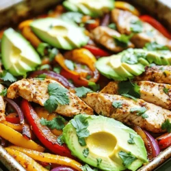 For this tasty sheet pan fajita chicken, gather these ingredients: - 4 boneless, skinless chicken breasts - 2 bell peppers (1 red, 1 yellow), sliced into strips - 1 large red onion, sliced into thin wedges - 3 tablespoons extra virgin olive oil - 2 tablespoons fajita seasoning (store-bought or a homemade blend) - 1 teaspoon garlic powder - 1 teaspoon smoked paprika - Zest of 1 lime and juice from the same lime - Salt and freshly ground black pepper, to taste - Fresh cilantro leaves, for garnish - Soft tortillas (flour or corn), for serving - Sliced avocado, for topping You can swap some ingredients if you need to. Use chicken thighs instead of breasts for more flavor. Any color of bell pepper works. You can also try onion powder in place of fresh onion. If you want a kick, add jalapeños. For a low-carb option, serve with lettuce wraps instead of tortillas. - Chicken Breasts: These are lean and cook quickly. They soak up flavors well. - Bell Peppers: They add color and sweetness. Each color has a slightly different taste. - Red Onion: This onion gives a nice crunch and a mild taste when roasted. - Fajita Seasoning: This blend of spices brings the classic fajita taste. You can buy it or make your own. - Lime: The zest and juice brighten up the dish. Lime adds a fresh, zesty flavor that balances the spices. This dish is not just simple, it’s also packed with flavor and color. Enjoy making it with the full recipe! First, set your oven to 400°F (200°C). This high heat helps the chicken and veggies roast nicely. While it heats, gather your ingredients. You’ll need chicken, peppers, onion, oil, and spices. A clean workspace makes cooking fun and easy. In a bowl, mix the fajita seasoning, garlic powder, smoked paprika, lime zest, salt, and pepper. Then, take your chicken breasts and place them in another bowl. Drizzle them with olive oil and lime juice. Add your spice mix on top. Use your hands to rub the spices all over the chicken. Make sure each piece gets a good coat. Grab a large sheet pan. Place the seasoned chicken in the center. Now, take your sliced bell peppers and red onion. Scatter them around the chicken on the pan. Drizzle a bit more olive oil over the veggies. Gently toss them to coat with oil. Put the sheet pan in the oven. Bake for 25-30 minutes. The chicken should reach 165°F (74°C) inside. The veggies should be tender and have a nice color. When done, let it rest for a few minutes. This keeps the chicken juicy. Slice the chicken into strips for serving. You can find the full recipe above. Enjoy this simple and tasty meal! To get the best roast, start with fresh ingredients. Use chicken breasts that are even in size. This helps them cook evenly. Spread the vegetables in a single layer. This allows them to caramelize and become sweet. Keep an eye on the oven temperature. If it's too high, the chicken can dry out. Your goal is juicy chicken and tender veggies. Using the right tools makes cooking easier. Here’s what I recommend: - A large rimmed sheet pan for even cooking - A sharp knife for slicing chicken and veggies - A mixing bowl for seasoning - A meat thermometer to check the chicken's doneness - Tongs for easy serving These tools help you make the process smooth and fun. When serving, warm your tortillas for the best taste. You can stack them on a plate. Place the chicken and veggies inside each tortilla. For extra flavor, add fresh cilantro and creamy avocado. You might also serve with lime wedges for a zesty kick. If you're feeling adventurous, try adding cheese or salsa! For the full recipe, check out the Zesty Sheet Pan Fajita Chicken details. {{image_4}} You can make a tasty vegetarian version of fajitas. Instead of chicken, use hearty vegetables. Bell peppers, onions, and zucchini are great choices. You can also add mushrooms for a meaty texture. Roasting these veggies brings out their natural sweetness. Toss them with olive oil and fajita spices. This dish pairs well with warm tortillas and avocado. If you love heat, add jalapeños or serrano peppers. Slice them thin and mix with your veggies. You can also use a spicy fajita seasoning blend. This gives a nice kick to your dish. Try adding crushed red pepper flakes for more spice. Everyone will love the bold flavors in your fajitas. You can swap chicken for other proteins too. Shrimp or steak works well in fajitas. Both cook quickly and soak up flavors. If you prefer plant-based options, try tofu or tempeh. Just make sure to marinate them in the seasoning. This adds great taste. Each protein brings a new twist to your meal. For the full recipe, check out the Zesty Sheet Pan Fajita Chicken. After you enjoy your sheet pan fajita chicken, let it cool down. Place leftovers in an airtight container. This keeps the chicken and veggies fresh. You can store them in the fridge for up to three days. Always make sure to seal the container tightly to avoid any odors. If you want to save your fajita chicken for later, freezing works great. First, let it cool completely. Then, wrap the chicken and veggies in plastic wrap. Place them in a freezer-safe container or a zip-top bag. This keeps them safe from freezer burn. You can freeze them for up to three months. When ready to eat, just thaw in the fridge overnight. To reheat, you can use the oven or microwave. If using the oven, preheat it to 350°F (175°C). Place the fajitas on a baking sheet and cover with foil. Heat for about 15 minutes, or until warm. For the microwave, place a portion in a bowl and cover it. Heat in short bursts until hot, stirring in between. This keeps the chicken juicy and the veggies tender. You can tell the chicken is done when it reaches 165°F (74°C). Use a meat thermometer to check the thickest part of the chicken. The juices should run clear. If the chicken looks pink, it needs more time. Let it rest for a few minutes after baking to keep it juicy. Yes, you can use other meats like beef or shrimp. For beef, flank steak works well and cooks quickly. If using shrimp, cook them for a shorter time. Keep an eye on your cooking times to prevent drying out. Fajitas shine with fresh toppings. Try these: - Sliced avocado - Sour cream - Salsa or pico de gallo - Shredded cheese - Fresh cilantro - Lime wedges These add flavor and texture to your meal. Yes! To make this dish gluten-free, use corn tortillas instead of flour. Check your seasoning for gluten. Most fajita seasonings are gluten-free, but it’s good to read labels. Enjoy your fajitas without worry! For the full recipe, check out the details above. This article covered the key ingredients for making fajitas and their roles. We explored step-by-step instructions for prepping and baking, plus tips to get the best roast. I shared fun variations, like vegetarian and spicy options, along with storage and heating advice. Fajitas are versatile and easy to customize. You can easily adjust flavors and ingredients to fit your taste. Enjoy making these tasty meals that bring everyone together!