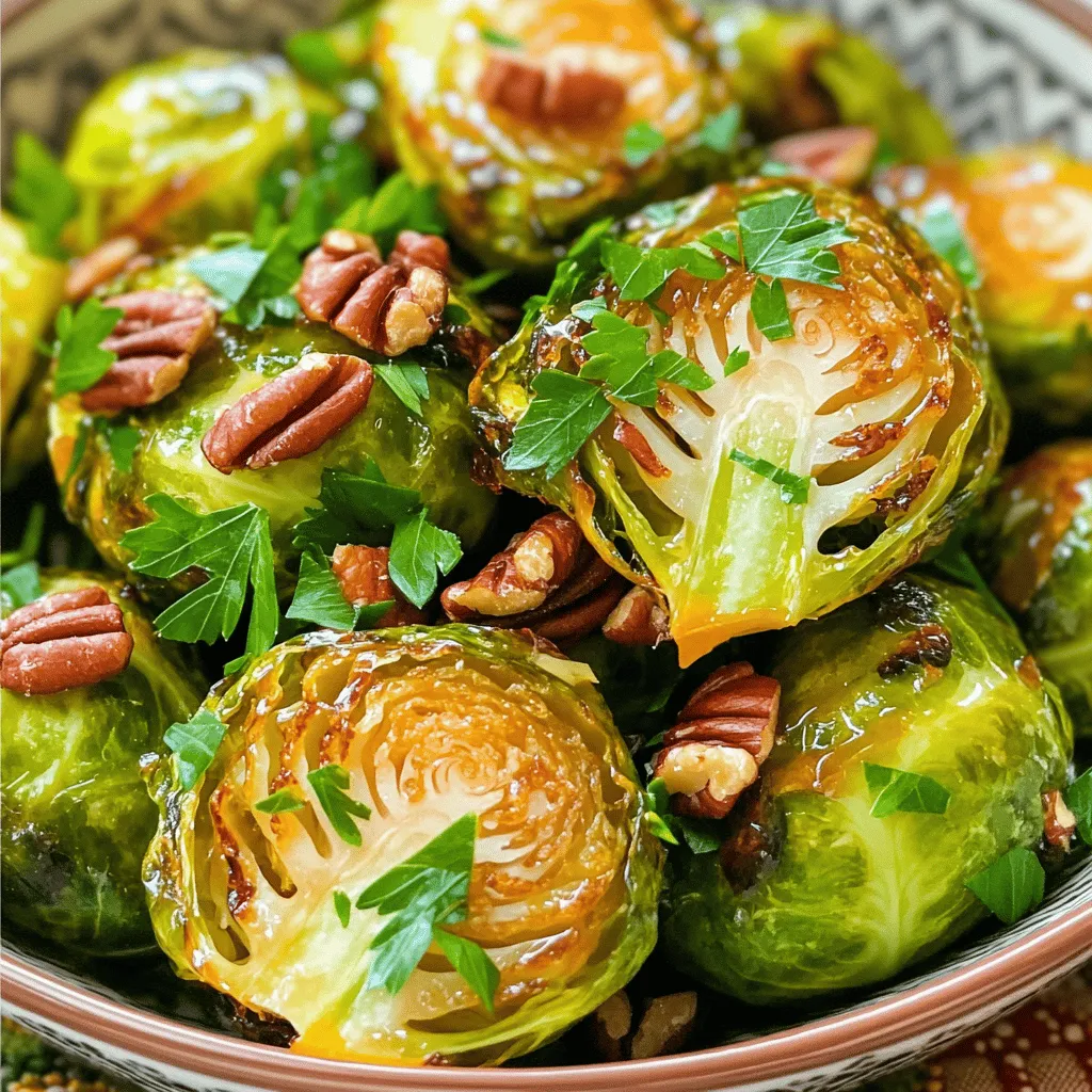 - 1 pound Brussels sprouts, trimmed and halved - 3 tablespoons extra virgin olive oil - 3 tablespoons pure maple syrup - 2 tablespoons high-quality balsamic vinegar - 1 teaspoon garlic powder - 1/2 teaspoon sea salt - 1/4 teaspoon freshly ground black pepper - 1/4 cup chopped pecans (optional for a crunchy addition) - Fresh parsley, finely chopped, for garnish When choosing Brussels sprouts, look for bright green ones. They should feel firm and not have any brown spots. Fresh sprouts taste better and cook well. I recommend using pure maple syrup for the best flavor. Other syrups can taste different. Extra virgin olive oil adds richness. You can swap it for another oil if needed. The balsamic vinegar gives tang. It balances the sweet maple syrup nicely. Garlic powder blends well with all the flavors. You can use fresh garlic if you prefer. For a crunch, add pecans. Toast them lightly in the oven for extra flavor. Fresh parsley adds color and freshness to your dish. This recipe serves four people. Each serving has about 180 calories. You get healthy fats from the olive oil and nuts. Brussels sprouts are high in fiber and vitamins. They support good digestion and overall health. The maple syrup adds natural sugar. It's better than processed sugar. If you add pecans, you increase protein and healthy fats. Enjoy these Brussels sprouts as a side or a snack! Feel free to check out the Full Recipe for more details. Start by preheating your oven to 400°F (200°C). This makes sure the Brussels sprouts roast evenly. An even temperature helps them caramelize well. In a big bowl, add the halved Brussels sprouts. Pour in the olive oil, maple syrup, balsamic vinegar, garlic powder, sea salt, and black pepper. Use your hands or a spatula to mix everything together. Make sure every sprout gets covered in the tasty glaze. Spread the Brussels sprouts out on a baking sheet. Keep them in a single layer to roast properly. Place the sheet in the oven and roast for 20-25 minutes. Halfway through, stir them for even cooking. They should be tender and golden brown when done. If you want a crunchy touch, add the chopped pecans in the last 5 minutes of roasting. This gives them a nice toast. After roasting, take the sheet out and let it cool for a minute. Then, place the Brussels sprouts on a serving platter. For the final touch, sprinkle chopped parsley on top. You can also drizzle a bit more maple syrup for a sweet shine. For the full recipe, check out the earlier sections. To get the best results, preheat your oven to 400°F (200°C). This helps the Brussels sprouts cook evenly. Cut the sprouts in half to allow more surface area for roasting. Spread them out on the baking sheet. Give them space! Overcrowding leads to steaming, not roasting. Stir the sprouts halfway through cooking. This ensures each piece gets nice and crispy. For an extra flavor boost, try using fresh garlic instead of garlic powder. You can also add a pinch of red pepper flakes for heat. If you want a tangy twist, switch balsamic vinegar for apple cider vinegar. It adds a fruity note that pairs well with maple syrup. Finally, consider adding fresh herbs like thyme or rosemary for depth. One common mistake is using low-quality maple syrup. This can lead to a less tasty dish. Always use pure maple syrup for the best flavor. Another mistake is not trimming the sprouts properly. Make sure to remove any dried leaves. Lastly, don’t skip the last five minutes of roasting if you’re using nuts. This step ensures they are toasted and crunchy. For the full recipe, check out the detailed instructions above! {{image_4}} You can change up the texture of your maple glazed Brussels sprouts by adding nuts. Pecans add a sweet crunch, but walnuts or almonds work well too. Just chop them and add during the last five minutes of roasting. This way, they get nice and toasty. The nutty flavor pairs well with the maple syrup. While maple syrup is the star of this dish, you can try other sweeteners too. Honey or agave syrup can be great substitutes. Both will give a similar sweetness. If you want a low-sugar option, consider using stevia or monk fruit sweetener. Adjust the amount to your taste, as these sweeteners can be much sweeter. If Brussels sprouts aren’t your thing, don’t worry! You can substitute them with other veggies. Broccoli, cauliflower, or even carrots can hold the glaze well. Just cut them into similar sizes for even cooking. The roasting time may vary, so keep an eye on them. Each vegetable will bring its unique flavor to the dish. After enjoying your maple glazed Brussels sprouts, you may have some left. Let them cool completely before storing. Use an airtight container. They will stay fresh in the fridge for up to four days. If you want to keep them longer, freezing is a great option. To reheat, use the oven for the best flavor. Preheat your oven to 350°F (175°C). Spread the Brussels sprouts on a baking sheet. Heat them for about 10 to 15 minutes. This helps them regain their crispness. You can also use a microwave, but they may become soft. Heat them in short bursts to avoid overcooking. If you want to freeze your Brussels sprouts, follow a few simple steps. First, blanch them in boiling water for about three minutes. Then, cool them in ice water to stop the cooking. Drain and dry them well. Place them in a freezer bag, removing as much air as possible. They can last up to three months in the freezer. When ready to eat, thaw them in the fridge overnight before reheating. For a recipe with delicious details, check out the Full Recipe. To make maple-glazed Brussels sprouts, start by preheating your oven to 400°F (200°C). Next, take 1 pound of Brussels sprouts, trim them, and cut them in half. In a large bowl, mix the sprouts with 3 tablespoons of olive oil, 3 tablespoons of pure maple syrup, 2 tablespoons of balsamic vinegar, 1 teaspoon of garlic powder, 1/2 teaspoon of sea salt, and 1/4 teaspoon of black pepper. Toss everything well to coat the sprouts. Spread them on a baking sheet and roast for 20-25 minutes, stirring halfway. If you like, sprinkle 1/4 cup of chopped pecans on top during the last 5 minutes. Finally, garnish with fresh parsley and enjoy! Yes, you can use frozen Brussels sprouts! However, they may not get as crispy as fresh ones. To use frozen sprouts, thaw them first. Pat them dry with a paper towel to remove excess moisture. Then, toss them with the maple glaze as you would with fresh sprouts. Roast them in the oven at the same temperature, but check for doneness. They may take a few extra minutes to cook. Maple-glazed Brussels sprouts pair well with many dishes. You can serve them alongside roasted chicken or turkey for a hearty meal. They also go great with grilled salmon or a veggie stir-fry. For a lighter option, serve them with quinoa or a mixed green salad. These sprouts also make a fantastic side for holiday meals. To make this recipe vegan, simply ensure that the maple syrup you use is pure and free from animal products. The other ingredients are already vegan-friendly. Use extra virgin olive oil and balsamic vinegar as they are. This recipe is naturally plant-based and fits perfectly into a vegan diet. Enjoy the sweet and savory flavors guilt-free! In this post, we covered everything you need for maple-glazed Brussels sprouts. I shared the ingredients, tips for cooking, and nutritional info. You learned step-by-step instructions, plus ways to enhance flavors and avoid common mistakes. I also offered variations and storage tips. Now, you can make this dish perfect every time. Enjoy exploring these flavors and impressing your friends at dinner. With practice, you will master this tasty recipe!