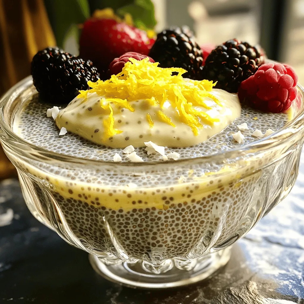 To make a tasty Lemon Cream Chia Pudding, gather these simple ingredients: - 1/2 cup chia seeds - 2 cups almond milk (or any plant-based milk of your choice) - 1/4 cup maple syrup (can substitute with honey if desired) - Zest of 1 lemon, finely grated - 1/4 cup freshly squeezed lemon juice - 1 teaspoon pure vanilla extract - A pinch of sea salt - Optional toppings: a medley of fresh berries (strawberries, blueberries, raspberries), shredded coconut, or a handful of crushed nuts (almonds, walnuts, or pecans) Chia seeds are small but mighty. They are packed with nutrients and absorb liquid well. Almond milk gives a creamy base for the pudding. You can use any plant-based milk you enjoy. Maple syrup adds just the right amount of sweetness, but honey works too. Lemon zest and juice provide a bright, fresh flavor. The vanilla extract enhances the taste. A pinch of sea salt helps balance the sweetness. You can have fun with the toppings. Fresh berries add color and freshness. Shredded coconut can give a tropical twist. Crushed nuts bring crunch and extra flavor. 1. Combine almond milk and maple syrup In a medium bowl, pour in 2 cups of almond milk. Add 1/4 cup of maple syrup. Whisk them together until mixed well, and the syrup is dissolved. 2. Fold in chia seeds and other ingredients Next, gently add 1/2 cup of chia seeds, the zest of 1 lemon, and 1/4 cup of freshly squeezed lemon juice. Also, add 1 teaspoon of vanilla extract and a pinch of sea salt. Whisk again to mix, ensuring the chia seeds spread out evenly. 3. Allow to sit and stir for texture Let the mixture sit for about 10 minutes. After this, stir it again. This step helps break up any clumps of chia seeds. 4. Refrigerate to achieve pudding consistency Cover the bowl with plastic wrap or a lid. Place it in the fridge for at least 4 hours, or overnight if you can wait! This allows the chia seeds to absorb the liquid and create a thick pudding. 5. Serve and garnish suggestions When ready, take the pudding out of the fridge. Stir it well; if it's too thick, mix in a little more almond milk. Serve in bowls or glasses. For fun, top with fresh berries, coconut flakes, or crushed nuts for extra flavor and crunch. Whisking is key to making your lemon cream chia pudding smooth and creamy. When you mix almond milk with maple syrup, whisk well. This helps the syrup blend in and gives your pudding a nice base. To get the right thickness, you can adjust how much almond milk you use. If you want a thicker pudding, use less milk. For a thinner pudding, add more milk until it feels just right. Avoiding clumps of chia seeds is important. After you add the seeds, whisk again. Let the mixture sit for ten minutes, then stir it once more. This step breaks up any clumps that may form, ensuring a delightful texture. For a stunning presentation, layer your pudding with fresh berries. Use clear glasses to show off the creamy layers and colorful fruit. Not only does this look great, but it also adds flavor and nutrition. When serving, choose containers that fit your style. Small bowls or elegant glasses work well. They make your dessert feel special and inviting. Plus, they help showcase all those delicious toppings! {{image_4}} You can change the flavor of your Lemon Cream Chia Pudding easily. Try adding zest from other citrus fruits. Lime and orange zest can bring a fun twist. They add freshness and a unique taste. You might enjoy how the flavors blend. For sweetening, consider options like agave nectar or stevia. These alternatives let you adjust the sweetness to your taste. Agave nectar has a mild flavor, while stevia adds sweetness without calories. Both can enhance your pudding without overpowering the lemon. Using different fruits can change the look and taste of your pudding. Bananas and kiwi make great toppings. Their flavors pair well with lemon. You can slice them up and layer them on top for a colorful touch. Spices can also add depth. Sprinkle a bit of cinnamon or nutmeg on top. These spices bring warmth and a hint of spice to your dish. Experimenting with these toppings can make each serving special and exciting. Lemon cream chia pudding is a great make-ahead treat. When stored properly, it lasts up to five days in the fridge. To keep it fresh, always use a sealed container. Glass jars work well. Make sure to stir it before you serve. This helps to mix any settled chia seeds. Yes, you can freeze chia pudding! Freeze it in individual portions for easy access. Use airtight containers or freezer bags to avoid freezer burn. When you're ready to eat, take a portion out and let it thaw in the fridge for several hours or overnight. To serve, stir it well. You might need to add a splash of almond milk to get the right texture again. Enjoy your creamy pudding with fresh toppings for a delightful treat! Chia seeds are small but mighty. They are rich in fiber, which helps digestion. They also contain omega-3 fatty acids that support heart health. Plus, they are packed with protein, calcium, and antioxidants. These nutrients can boost energy and keep you feeling full longer. Yes! You can use any plant-based milk you like. Almond milk is a great choice, but oat, soy, or coconut milk work well too. Each milk brings its own flavor and texture. Just make sure to choose unsweetened milk for the best results. Absolutely! This pudding is perfect for meal prep. You can make it ahead of time and store it in the fridge. It lasts about five days. Just keep it in an airtight container. This way, you’ll always have a healthy snack ready to enjoy. Yes, this recipe is already vegan! It uses almond milk and maple syrup, both plant-based. If you choose to substitute honey, just stick to maple syrup to keep it vegan. Enjoy this creamy treat without any animal products! Chia pudding is simple and tasty. We discussed the key ingredients and how to mix them. You learned to adjust textures and explore flavor options. Don't be afraid to try new toppings and variations. This recipe is great for meal prep and easy to store. Each serving is healthy and fun to enjoy. I hope you feel inspired to make your own chia pudding, whether you're new to it or a seasoned pro. Make it your own, and enjoy every bite!