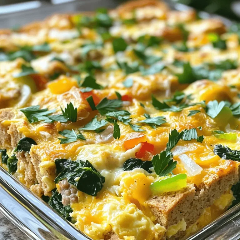 - 6 large eggs - 2 cups whole milk - 2 cups diced whole wheat bread - 1 cup cooked and crumbled turkey sausage - 1 cup fresh spinach, chopped - 1 medium bell pepper, diced - 1/2 medium onion, diced - 1 teaspoon garlic powder - 1 teaspoon dried oregano - Salt and pepper, to taste - 1 cup shredded cheddar cheese - Fresh parsley or chives for garnish The ingredients for this breakfast casserole create a tasty and filling dish. You start with eggs and milk, which form the base. The whole wheat bread adds fiber and a hearty texture. Turkey sausage gives it a nice protein boost and a savory flavor. Next, we have fresh veggies. Spinach adds color and nutrients. The bell pepper brings sweetness and crunch, while onion adds depth. Seasonings like garlic powder and oregano lift the flavors, making each bite exciting. Don’t forget salt and pepper! They bring everything together. Finally, the shredded cheddar cheese on top melts beautifully. It adds creaminess and a rich flavor that everyone loves. For a finishing touch, sprinkle fresh parsley or chives to add brightness and make it look pretty. This combination of ingredients makes your breakfast casserole not just good, but the best ever! - Preheat your oven to 350°F (175°C). This is key for even baking. - In a large bowl, crack 6 large eggs. Pour in 2 cups of whole milk. Whisk them together well. Make sure there are no lumps. - Next, add 1 teaspoon of garlic powder, 1 teaspoon of dried oregano, salt, and pepper to taste. Stir until mixed. - Prepare a greased 9x13 inch casserole dish. Spread 2 cups of diced whole wheat bread evenly across the bottom. This acts as the base. - Layer 1 cup of cooked and crumbled turkey sausage over the bread. Then add 1 cup of fresh chopped spinach, 1 medium diced bell pepper, and 1/2 medium diced onion. Spread them evenly for great flavor. - Carefully pour the egg mixture over your layered ingredients. Let it soak into the bread and veggies. - Top the casserole with 1 cup of shredded cheddar cheese. This will melt and add great flavor. - Place the casserole in your preheated oven. Bake for 45-50 minutes. It is done when a knife inserted into the center comes out clean. - After baking, let the casserole cool for about 10 minutes. This makes slicing easier. Cut it into squares for serving. - Use day-old bread for better texture. It soaks up the egg mix without getting too mushy. Fresh bread can make it soggy. - Allow the casserole to rest for a few minutes before serving. This helps the flavors blend and makes it easier to cut. - Customize with your favorite vegetables or meats. You can add mushrooms, zucchini, or even bacon for a twist. - Best garnished with fresh herbs like parsley or chives. They add color and a burst of flavor. - Pair with fresh fruit slices. Berries or melon make a great contrast to the savory dish. - Ideal for brunch gatherings or meal prep. It’s a crowd-pleaser and keeps well in the fridge. - Not whisking eggs thoroughly. Make sure they are smooth to prevent clumps in your casserole. - Overcrowding with too many toppings. Too many ingredients can lead to uneven cooking. - Underbaking or overbaking. Keep an eye on it. A knife should come out clean when it’s done. {{image_4}} You can easily change the meat in this casserole. Substitute turkey sausage with diced ham or crispy bacon. Both add rich flavors. Try different cheese varieties for a unique twist. Gouda or mozzarella can bring new tastes to the dish. Each option melts nicely and adds creaminess. Want more heat? Add hot sauce or salsa. A few drops can change the whole dish. Consider using fresh herbs for added flavor. Thyme or basil can make the casserole taste bright and fresh. These herbs pair well with the eggs and cheese. If you want a vegetarian option, just omit the meat. The casserole will still be filling and tasty. You can also make it gluten-free. Use alternative bread made from rice or almond flour. This keeps the dish enjoyable for everyone, no matter their diet. To store leftovers, let the casserole cool to room temperature first. Cover it tightly with plastic wrap or foil. You can also place it in an airtight container. This keeps your dish fresh for up to four days in the fridge. For the best storage, use glass or high-quality plastic containers. These help maintain the flavor and texture of your breakfast casserole. You can reheat your casserole in the oven or the microwave. The oven gives a crispier finish. Preheat it to 350°F (175°C) and bake for about 20 minutes. If using the microwave, heat in 30-second intervals. This makes sure it warms evenly. To keep the casserole moist, cover it with a damp paper towel in the microwave. This traps steam and prevents it from drying out. Yes, this casserole can be frozen! If you want to freeze it before baking, wrap it tightly in plastic wrap, then foil. This keeps out air and prevents freezer burn. You can freeze it for up to three months. To freeze after baking, let it cool completely. Slice it into portions for easy thawing. Wrap each slice in plastic wrap, then in foil. When you are ready to eat, thaw in the fridge overnight and reheat as described above. This casserole shines due to its unique flavor mix. The savory turkey sausage pairs well with the fresh spinach and vibrant bell pepper. Using whole wheat bread adds a hearty touch. Plus, it’s very easy to make. You can whip it up quickly, making it perfect for busy mornings or brunch with friends. Absolutely! You can prepare it the night before. Just follow the recipe up to the baking step. Cover it tightly and place it in the fridge. In the morning, simply pop it in the oven. This saves time and lets the flavors meld together for a more delicious meal. Yes! This casserole packs in nutrition. Eggs provide protein, while spinach adds vitamins and minerals. Whole wheat bread adds fiber, making it filling. To make it even healthier, you can use low-fat milk or add more veggies. You could skip the cheese or use a lighter cheese option. The knife test is key. After baking, insert a knife into the center. If it comes out clean, the casserole is ready. If it has some egg mixture on it, bake for a few more minutes. This ensures the eggs are cooked through and safe to eat. Yes, you can easily adjust the servings! If you want to make more or less, change the ingredient amounts. For example, you can double the recipe for a crowd or cut it in half for a small meal. Just keep the baking time in mind, as it may vary with different amounts. This breakfast casserole is easy to make and delicious. You gather simple ingredients like eggs, milk, and whole wheat bread. Then, layer with your choice of meats and veggies. Bake it, top with cheese, and enjoy! This dish is perfect for brunch or meal prep. You can make fun changes to match your taste. Follow the tips to avoid common mistakes. With the right prep, you’ll have the best breakfast ever!