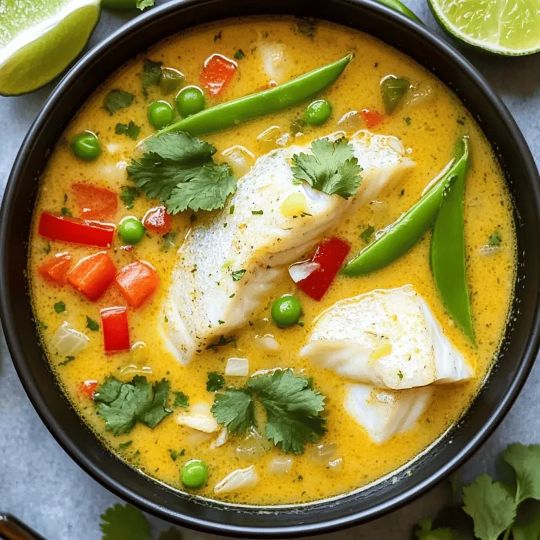 To make this soup, gather these simple items: - 1 pound white fish fillets (like cod or tilapia), cut into bite-sized pieces - 1 tablespoon extra-virgin olive oil - 1 small onion, finely diced - 2 cloves garlic, minced - 1 inch fresh ginger, finely grated - 1 can (14 oz) full-fat coconut milk - 2 cups fish stock or vegetable broth - 1 lime, juiced and zested - 1 tablespoon fish sauce - 1 tablespoon brown sugar - 1 red bell pepper, thinly sliced - 1 cup snap peas, trimmed - Fresh cilantro leaves, for garnish - Sea salt and freshly ground black pepper to taste The heart of this soup is the fish. White fish provides a mild taste and absorbs the soup's flavors well. Coconut milk adds richness and creaminess, making every spoonful feel luxurious. Lime juice and zest brighten the dish, giving it a fresh kick. Garlic and ginger infuse warm, aromatic notes. Fish sauce adds umami depth, while brown sugar balances the flavors. You can play with extras for fun twists. Try adding a chopped chili for heat or a splash of soy sauce for more depth. Fresh herbs, like basil or mint, can add a unique touch. For a crunch, consider topping the soup with crushed nuts or seeds. Each addition can make the dish even more special! Gather all the ingredients before you start. This makes cooking easier. You will need: - 1 pound white fish fillets (such as cod or tilapia), cut into bite-sized pieces - 1 tablespoon extra-virgin olive oil - 1 small onion, finely diced - 2 cloves garlic, minced - 1 inch fresh ginger, finely grated - 1 can (14 oz) full-fat coconut milk - 2 cups fish stock or vegetable broth - 1 lime, juiced and zested - 1 tablespoon fish sauce - 1 tablespoon brown sugar - 1 red bell pepper, thinly sliced - 1 cup snap peas, trimmed - Fresh cilantro leaves, for garnish - Sea salt and freshly ground black pepper to taste First, dice the onion and mince the garlic. Grate the ginger next. Make sure your fish fillets are ready. You want them in bite-sized pieces. Heat a large pot over medium heat. Add the olive oil. Once the oil is hot, add the diced onion. Cook it for about five minutes. The onion should turn soft and clear. Next, add the minced garlic and grated ginger. Stir them for about one minute. You want them to smell great but not burn. Now, pour in the coconut milk and fish stock. Stir gently until mixed. Raise the heat and bring the pot to a gentle simmer. This helps the flavors blend well. Add the lime juice, lime zest, fish sauce, and brown sugar. Stir everything together. This step adds a nice mix of sweet and tangy flavors. Carefully add the fish pieces, sliced red bell pepper, and snap peas. Let the soup simmer for five to seven minutes. The fish will turn opaque and flake easily with a fork when done. Taste the soup and season with sea salt and black pepper. Adjust to your preference. Once seasoned, take the pot off the heat. Let it sit for a few minutes. This helps the flavors meld together. When serving, ladle the soup into warm bowls. Garnish each bowl with fresh cilantro leaves. For a zesty kick, add lime wedges on the side. This allows everyone to squeeze fresh lime juice over their soup. Enjoy the bright, fresh flavors! To make your Coconut Lime Fish Soup pop, think about layering flavors. Start by sautéing the onion until it’s soft. This builds a sweet base. Next, add garlic and ginger for warmth and spice. When you pour in the coconut milk, use full-fat for a rich taste. The lime juice and zest add brightness, so don’t skip them! A touch of fish sauce boosts umami. Finally, let the soup sit for a few minutes before serving. This lets all the flavors mingle nicely. One common mistake is overcooking the fish. It should be tender and flake easily. Keep an eye on it as it simmers. Another mistake is adding salt too early. Wait until the soup is done to taste and season. Also, be careful with the heat. If the soup boils too hard, it may break the coconut milk. Aim for a gentle simmer to keep it creamy and smooth. For a complete meal, pair this soup with a side of warm, crusty bread. The bread soaks up the delicious broth. You can also serve it with jasmine rice. For a drink, try a light, fruity white wine. A fresh salad with mango or avocado complements the soup's bright flavors. If you want more zest, offer lime wedges to squeeze over the bowl just before eating. {{image_4}} You can easily swap out ingredients in this soup. Instead of white fish, use shrimp or scallops. Chicken can also work well. If you want a creamy touch, try almond milk instead of coconut milk. For a crunch, add carrots or zucchini. You can even use frozen peas if fresh ones are not available. This soup is quite flexible for dietary needs. To make it vegan, use tofu or chickpeas instead of fish. Swap the fish stock for vegetable broth. For gluten-free diets, check the fish sauce label to ensure it meets your needs. You can also skip the fish sauce if you prefer. Different regions offer unique twists on this soup. In Southeast Asia, add lemongrass and Thai basil for a more aromatic flavor. In the Caribbean, try adding mango or pineapple for a sweet touch. Each region's spices can change the whole dish, making it fun to explore. After enjoying your Coconut Lime Fish Soup, let it cool. Transfer the soup to an airtight container. Store it in the fridge for up to three days. If you want to keep it longer, freezing is best. To reheat, pour the soup into a pot. Warm it over medium heat. Stir gently to ensure even heating. You can also use the microwave. Heat it in short bursts, stirring in between. Just be careful not to overcook the fish. If you plan to freeze the soup, do so before adding the fish. This helps keep the fish's texture nice when reheating. Store the soup in a freezer-safe container. It can last up to three months. When you're ready to eat, thaw it overnight in the fridge before reheating. For this soup, I recommend using white fish like cod or tilapia. These fish are mild and flaky. They absorb flavors well and cook quickly. You want a fish that adds a light texture, not heaviness. Feel free to use any firm white fish you love. Yes, you can prepare this soup ahead of time. Make it and cool it completely before storing. Place it in an airtight container in the fridge. It will stay fresh for up to three days. When you're ready to eat, just reheat it on the stove. The flavors will deepen and taste even better! To add some heat, you can try several options. Add sliced jalapeños or red pepper flakes while cooking. You can also include a dash of hot sauce at the end. Adjust the spice level to suit your taste. Remember, you can always add more spice, but you can't take it out! - 1 pound white fish fillets (cod or tilapia), cut into bite-sized pieces - 1 tablespoon extra-virgin olive oil - 1 small onion, finely diced - 2 cloves garlic, minced - 1 inch fresh ginger, finely grated - 1 can (14 oz) full-fat coconut milk - 2 cups fish stock or vegetable broth - 1 lime, juiced and zested - 1 tablespoon fish sauce - 1 tablespoon brown sugar - 1 red bell pepper, thinly sliced - 1 cup snap peas, trimmed - Fresh cilantro leaves, for garnish - Sea salt and freshly ground black pepper to taste In this blog post, we explored the key ingredients for Coconut Lime Fish Soup. You learned about preparation, cooking steps, and finishing touches. I shared tips to enhance flavors and avoid common mistakes. We also discussed ingredient swaps for dietary needs and how to store leftovers. Remember, cooking is about experimentation and enjoyment. Try your variations and find what you love most. Enjoy this delicious dish with friends and family. Happy cooking!