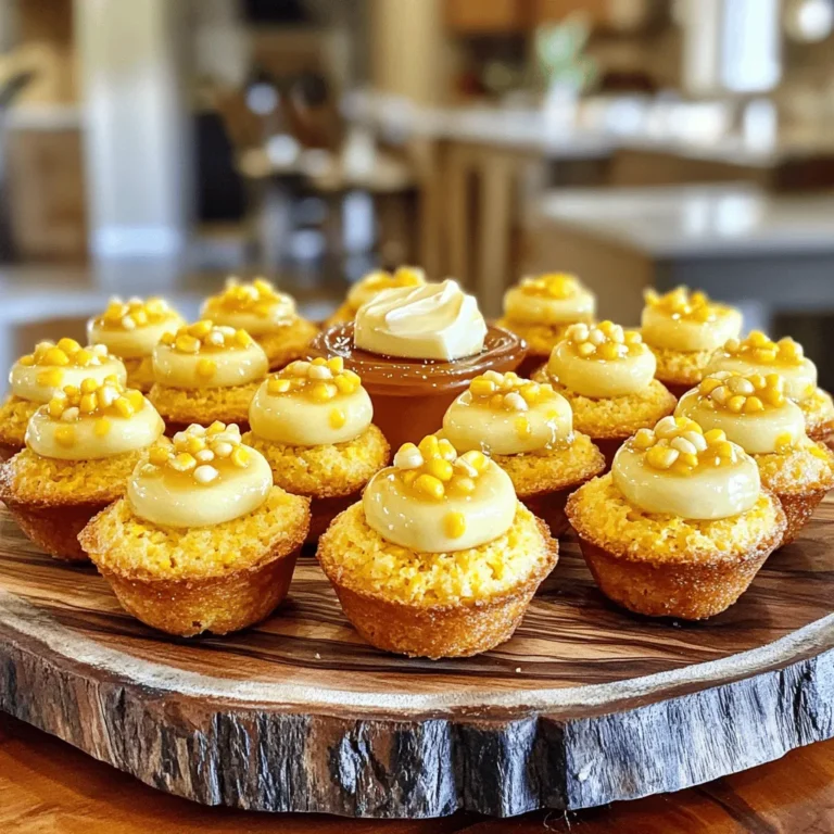 To make Honey Butter Cornbread Poppers, gather these main ingredients: - 1 cup cornmeal - 1 cup all-purpose flour - 1 tablespoon baking powder - 1/2 teaspoon salt - 1/4 cup granulated sugar - 1 cup buttermilk - 1/4 cup unsalted butter, melted - 2 large eggs - 1/2 cup sweet corn (canned or frozen) - 1/4 cup honey - 1/4 cup butter, softened (for honey butter) For those who want to add more taste, consider these optional ingredients: - 1/2 teaspoon cinnamon This spice adds warmth and depth to the poppers. Here are the tools you need to make these poppers: - Mini muffin tin - Mixing bowls (one large and one small) - Whisk - Spatula or wooden spoon - Measuring cups and spoons - Toothpick (for checking doneness) - Wire rack or plate (for cooling) Having these tools ready will help you make the process smooth and fun! First, preheat your oven to 400°F (200°C). This step is crucial for even baking. Next, grab a mini muffin tin. Grease it well or line it with mini muffin liners. This will help the poppers come out easily without sticking. In a large mixing bowl, combine the following dry ingredients: - 1 cup cornmeal - 1 cup all-purpose flour - 1 tablespoon baking powder - 1/2 teaspoon salt - 1/4 cup granulated sugar If you like a hint of spice, add 1/2 teaspoon cinnamon. Whisk these dry ingredients together until they are smooth and free of lumps. This helps create a better texture. In a separate smaller bowl, mix together the wet ingredients: - 1 cup buttermilk - 1/4 cup unsalted butter, melted - 2 large eggs Whisk these until they look smooth with no lumps. Now, pour this wet mixture into your bowl of dry ingredients. Use a spatula or wooden spoon to mix gently. You want to combine them without overmixing. It's fine if a few lumps remain. Next, fold in 1/2 cup of sweet corn gently. Make sure to distribute it evenly through the batter. Now, take a spoon or a small scoop to fill each muffin cup about two-thirds full. This gives them room to rise while baking. Place the muffin tin in your preheated oven and bake for 12-15 minutes. They are done when a toothpick comes out clean and the tops are golden brown. While they bake, prepare the honey butter. In a small bowl, mix 1/4 cup softened butter with 1/4 cup honey. Mix until it’s light and fluffy. Once the poppers are done, let them cool in the tin for a few minutes. Then, transfer them to a wire rack or plate. Serve warm with a generous dollop of honey butter on top for a sweet and savory treat. To make tender Honey Butter Cornbread Poppers, focus on mixing. Combine your wet and dry ingredients gently. Stir until just mixed. It's okay to have a few lumps. Overmixing makes the poppers tough. Use room temperature buttermilk for a smooth blend. It helps create a soft texture. Baking time is key too. Keep an eye on them; 12-15 minutes should do. The tops should look golden brown. A few common mistakes can ruin your poppers. First, don't skip the greasing or lining of the muffin tin. This prevents sticking. Second, measure your cornmeal and flour correctly. Too much flour can dry out your poppers. Make sure to use fresh baking powder. Old baking powder may not rise well. Lastly, watch the baking time closely. Check with a toothpick for doneness. Serving your Honey Butter Cornbread Poppers is fun! Warm them up and add honey butter on top. This adds a sweet, creamy touch. You can also drizzle extra honey for a glaze. For a rustic look, serve them on a wooden board. Consider adding fresh herbs or fruits as garnish. These poppers pair well with chili or barbecue too. Enjoy them as a tasty snack or side dish! {{image_4}} You can make your Honey Butter Cornbread Poppers even more exciting. Add savory items for a twist. Consider mixing in cheese. Cheddar or pepper jack work well. You can also add cooked bacon bits for a hearty flavor. Fresh herbs like chives or cilantro add a nice touch too. Just remember to chop them finely. Fold these ingredients gently into your batter. This keeps the poppers light and fluffy. If you want to switch things up, try using different sweeteners. Maple syrup is a great choice. It gives a unique taste to your poppers. You can also use agave nectar or coconut sugar. These options work well with the corn’s natural sweetness. Adjust the amount based on your preference. Just keep in mind that using liquid sweeteners may change the batter’s texture slightly. Corn is the star of these poppers. You can experiment with various types of corn. Fresh sweet corn adds a burst of flavor. If you use canned corn, drain it well first. Frozen corn is also a good choice. Just thaw it before adding. You can even try using cornmeal made from blue corn for a fun color and taste. Each type of corn brings its own unique flavor to the dish. To keep your honey butter cornbread poppers fresh, place them in an airtight container. You can stack them in layers, with parchment paper between each layer to avoid sticking. Store them at room temperature for up to two days. If you need to keep them longer, refrigeration is a good option. Just remember to wrap them well to prevent drying out. Reheating your poppers is easy and quick. Preheat your oven to 350°F (175°C). Place the poppers on a baking sheet and cover them with foil. Heat for about 10-15 minutes or until warmed through. You can also use a microwave for a faster option. Just heat them for 10-15 seconds at a time until warm. Be careful not to dry them out. Freezing is a great way to save these tasty treats. Allow the poppers to cool completely before freezing. Place them in a freezer-safe bag or container. They will keep well in the freezer for up to three months. When you’re ready to enjoy them, just thaw in the fridge overnight and reheat as mentioned above. Enjoy your sweet and savory poppers any time! You can use milk with lemon juice or vinegar. Add one tablespoon of lemon juice or vinegar to a cup of milk. Let it sit for five minutes. This creates a similar tangy taste and texture to buttermilk. It works great in recipes like honey butter cornbread poppers. Yes, you can make them ahead. Bake the poppers and let them cool. Store them in an airtight container for up to three days. Reheat them in the oven or microwave before serving for the best taste. Check the poppers after 12 minutes. Insert a toothpick into the center. If it comes out clean, they are done. The tops should be golden brown and slightly firm to the touch. Yes, you can use regular butter. Just be aware it will add salt to the recipe. If you choose salted butter, reduce the added salt in the dry mix. This keeps the taste balanced. Absolutely! Use gluten-free all-purpose flour instead of regular flour. It works well and keeps the texture light. Just check if your baking powder is gluten-free too. Enjoy your gluten-free honey butter cornbread poppers! These poppers are fun and easy to make. We covered ingredients, steps, and tips to help you. You learned about flavor options and how to store leftovers. Keep experimenting with variations for new tastes. Each time, aim for those perfect, tender poppers. Enjoy sharing them, especially with honey butter. Your baking journey has just begun!