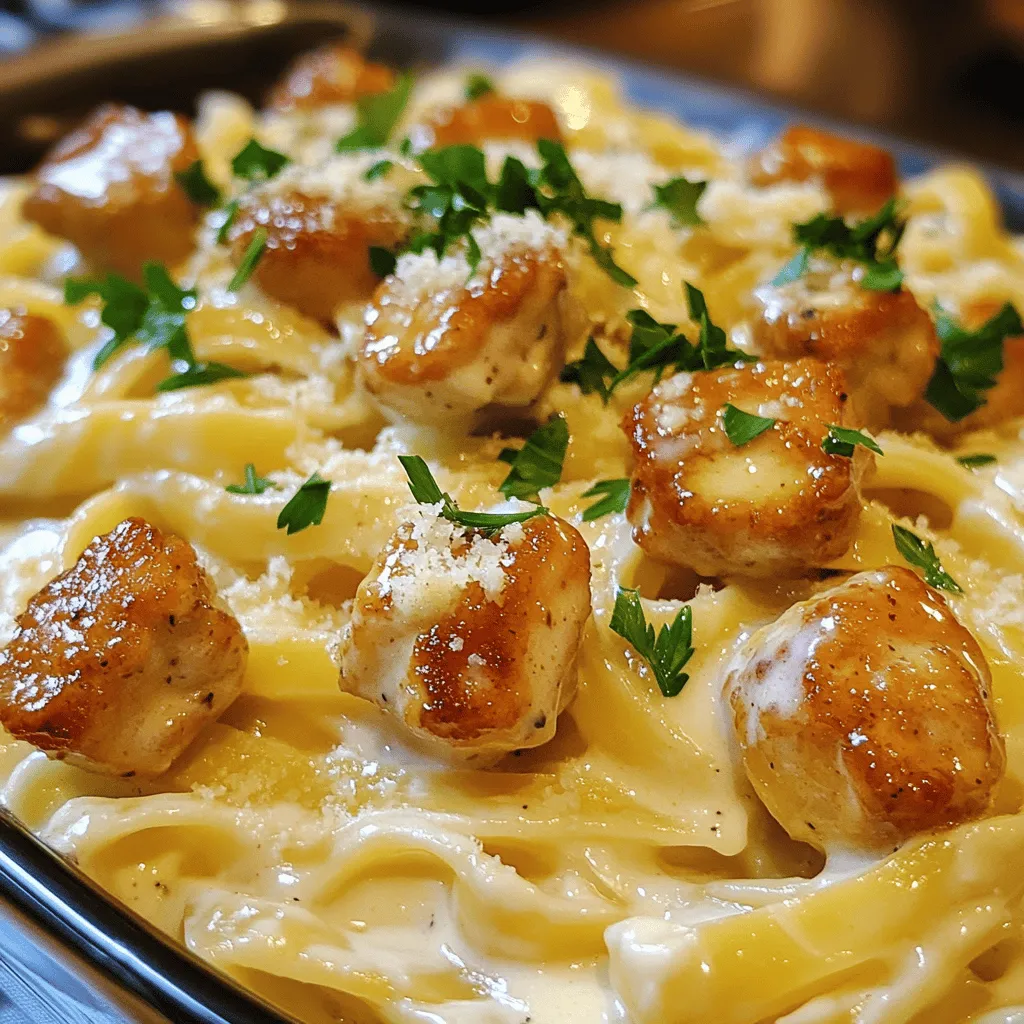 - 1 pound chicken breast, cut into bite-sized pieces - 4 tablespoons unsalted butter - 4 cloves garlic, minced - 1 teaspoon dried Italian herbs (combination of oregano, thyme, and basil) - ½ cup chicken broth - 1 cup heavy cream - 1 cup Parmesan cheese, freshly grated - Fresh parsley, chopped (for garnish) - Salt and pepper to taste - 8 ounces fettuccine or your preferred pasta In this recipe, the main ingredients are vital for flavor and texture. The chicken breast provides protein, and the unsalted butter adds richness. Garlic infuses the dish with a fragrant aroma. For the pasta and sauce, dried Italian herbs bring warmth and depth. Chicken broth adds a savory base, while heavy cream creates a luscious texture. Freshly grated Parmesan cheese gives that cheesy finish we all love. Don’t forget the optional ingredients. Fresh parsley adds a pop of color and freshness. Salt and pepper enhance the overall taste. You can use any pasta you enjoy, but I recommend fettuccine for its perfect pairing with creamy sauces. Gather all these ingredients, and you're set to make a delicious meal that will impress! - Start by filling a large pot with water. - Add a generous pinch of salt to the water. - Bring the water to a vigorous boil. - Once boiling, add 8 ounces of fettuccine. - Cook the pasta for 8-10 minutes until it's al dente. - Reserve about ½ cup of the pasta water before draining. - Set the drained pasta aside while you make the sauce. - In a large skillet, melt 4 tablespoons of butter over medium-high heat. - Wait until the butter bubbles but does not brown. - Add 1 pound of bite-sized chicken pieces to the skillet. - Season the chicken with salt, pepper, and 1 teaspoon of dried Italian herbs. - Cook the chicken for 5-7 minutes, stirring it often. - Make sure the chicken is golden and cooked through. - Lower the heat to medium after the chicken is cooked. - Add 4 minced cloves of garlic to the skillet. - Sauté the garlic for 1-2 minutes until it smells great. - Be careful not to let the garlic burn. - Pour in ½ cup of chicken broth and let it simmer. - Let it cook uncovered for 2-3 minutes to reduce. - Now pour in 1 cup of heavy cream. - Stir in 1 cup of freshly grated Parmesan cheese. - If the sauce is too thick, add some reserved pasta water. - Mix until the sauce is creamy and smooth. - Toss the cooked fettuccine with the sauce and chicken. - Make sure every piece of pasta is well-coated. - Serve the dish and enjoy the creamy goodness! To ensure your chicken bites are juicy and packed with flavor, use fresh chicken breast. Cut it into bite-sized pieces. This helps it cook evenly. Keep your heat at medium-high when you sauté. Cook for 5-7 minutes, stirring often, until golden brown. Check that the chicken is fully cooked by cutting into the largest piece. It should not be pink inside. To adjust your sauce's consistency, save some pasta water before draining. Add this starchy water to your creamy sauce if it feels too thick. Start with a tablespoon and mix it in well. This will help you achieve the perfect creaminess. The sauce should coat your pasta nicely without being runny. For garnishing, sprinkle chopped fresh parsley on top. This will add color and freshness. You can also drizzle extra olive oil for a touch of shine. Serve the garlic butter chicken bites on a bed of creamy pasta. For a gourmet look, use a microplane to grate fresh Parmesan cheese over the dish before serving. This adds a rich flavor and makes your meal look fancy. {{image_4}} You can switch the chicken for shrimp or tofu. Shrimp cooks fast and adds a nice flavor. Just sauté it for 3-4 minutes until it turns pink. Tofu is great for a plant-based meal. Use firm tofu, cut it into cubes, and sauté until golden. This gives you tasty options that still pair well with the creamy sauce. If you want gluten-free pasta, many brands offer it now. Look for rice or lentil pasta for a healthy choice. Whole-wheat pasta is another option; it adds fiber and a nutty flavor. Cook it just like regular pasta, and it will work beautifully in this dish. Adding vegetables can really boost this meal. Try spinach, bell peppers, or peas; they not only add color but also nutrients. You can toss them in when you add the garlic. For spices, a pinch of red pepper flakes can add a nice kick. Experiment with your favorites to find the perfect blend that suits your taste. To keep your garlic butter chicken bites fresh, store leftovers in an airtight container. Place the container in the fridge. This dish stays good for up to three days. If you want, you can separate the pasta and chicken to keep textures nice. When it's time to eat again, you can reheat in two ways. The stovetop method works best. Heat a skillet over medium heat, add a splash of broth, and stir. This keeps the pasta creamy and moist. If you use the microwave, place the dish in a microwave-safe bowl. Add a little broth, cover it, and heat in short bursts. Stir often to avoid dry spots. You can freeze this dish for longer storage. To do this, let it cool completely. Then, place it in a freezer-safe container or bag. Be sure to remove air to prevent freezer burn. It can last up to three months in the freezer. When you're ready to enjoy it, thaw it overnight in the fridge. Reheat gently on the stovetop for the best results. Yes, you can use frozen chicken. Just make sure to thaw it first. This helps the chicken cook evenly. If you start with frozen chicken, plan for a longer cook time. You may need an extra 5-10 minutes. Always check the chicken for doneness. It should reach an internal temperature of 165°F. If you want a lighter option, you can use half-and-half. This gives a creamy texture but with less fat. For a dairy-free choice, try coconut milk or almond milk. These options can alter the flavor slightly, but they work well. You can also use Greek yogurt mixed with a bit of water for a thicker sauce. To add heat, include red pepper flakes while cooking the chicken. Start with a pinch, and add more if you like it spicy. You can also use hot sauce or diced jalapeños. Mixing in a bit of smoked paprika adds flavor and heat, too. Don’t forget to taste as you go to find your perfect spice level! This post showed you how to make garlic butter chicken bites with pasta. We covered the main ingredients like chicken and garlic, plus the steps to cook pasta and sauté chicken. I shared tips for perfecting the dish and adding your twist. In the end, enjoy experimenting with flavors and options. Remember, cooking can be fun and creative! Enjoy your meal!