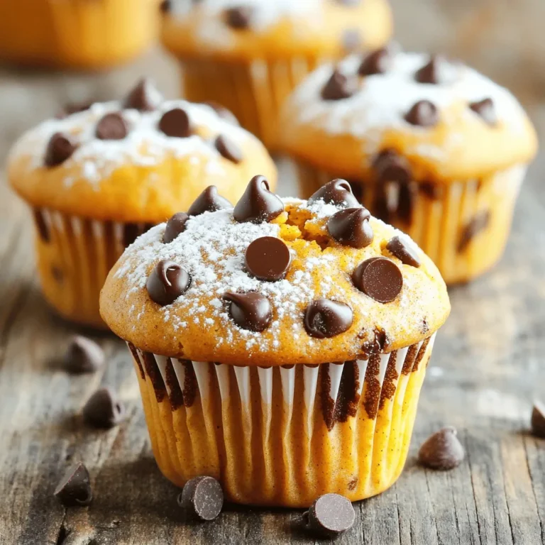 - 1 cup pumpkin puree (canned or homemade) - 1/2 cup granulated sugar - 1/2 cup packed brown sugar - 1/2 cup vegetable oil (or melted coconut oil) - 2 large eggs (room temperature) - 1 teaspoon pure vanilla extract - 1 1/2 cups all-purpose flour - 1 teaspoon baking soda - 1 teaspoon baking powder - 1 teaspoon ground cinnamon - 1/2 teaspoon ground nutmeg - 1/4 teaspoon ground ginger - 1/4 teaspoon fine sea salt - 1 cup semi-sweet chocolate chips (or a mix of dark and milk chocolate) Using fresh ingredients makes a big difference. Choose pure pumpkin puree, not pumpkin pie filling. The sugars give your muffins sweetness and moisture. Always use room temperature eggs to help with mixing. When you use quality chocolate chips, the taste improves. Look for semi-sweet or dark chocolate for a rich flavor. Fresh spices lend a better taste than old ones. You can swap vegetable oil for melted coconut oil if you want a different flavor. If you don’t have brown sugar, you can use more granulated sugar. Applesauce can replace oil for a lighter muffin. For gluten-free muffins, use a gluten-free flour blend. If you want fewer calories, try using a sugar substitute. You can also replace chocolate chips with dried fruits or nuts for a twist. Start by gathering all your ingredients. You will need pumpkin puree, sugars, oil, eggs, and vanilla. You also need flour, leavening agents, spices, and chocolate chips. Preheat your oven to 350°F (175°C). Line a muffin tin with paper liners for easy cleanup. 1. In a large bowl, mix pumpkin puree, granulated sugar, brown sugar, vegetable oil, eggs, and vanilla extract. Whisk it well until smooth and creamy. 2. In another bowl, sift together flour, baking soda, baking powder, cinnamon, nutmeg, ginger, and salt. This step helps mix the dry ingredients well. 3. Slowly add the dry mix to the wet mix. Stir gently until just combined. It’s okay if you see some flour streaks; don’t overmix. 4. Fold in the chocolate chips with a spatula. Make sure they are mixed evenly in the batter. 5. Use a spoon or ice cream scoop to fill each muffin cup about two-thirds full. This allows space for the muffins to rise while baking. 6. Place the muffin tin in the oven and bake for 18 to 22 minutes. Keep an eye on them as they bake. To check if your muffins are done, insert a toothpick into the center of a muffin. If it comes out clean or with a few moist crumbs, they are ready. If it has wet batter, bake for a few more minutes. Once they are done, let them cool in the pan for about 5 minutes. Then, transfer them to a wire rack to cool completely. To make moist muffins, use fresh pumpkin puree. You can use canned puree, too. Both add great flavor. The oil keeps muffins soft. I recommend vegetable oil or melted coconut oil. Do not skip the eggs. They add moisture and help with structure. Use room temperature eggs for the best results. Overmixing is a common mistake. When you mix too much, muffins can turn out dense. To avoid this, mix the wet and dry ingredients until just combined. You should still see some streaks of flour. Gently fold in the chocolate chips. This helps keep the batter light and fluffy. Cooling muffins properly is key to great texture. After baking, let them cool in the pan for about 5 minutes. This makes them easier to remove. Then, transfer them to a wire rack. This allows air to circulate around the muffins. Avoid stacking them until they are fully cooled. This keeps them from getting soggy. {{image_4}} You can make these muffins even tastier. Adding nuts like walnuts or pecans gives a nice crunch. Chopped nuts pair well with the soft muffins. You can also spice things up by adding a pinch of cloves or allspice. This twist will give your muffins a warm, cozy flavor. If you need a gluten-free option, use a gluten-free flour blend. This swap works well in this recipe. For a vegan version, replace the eggs with flax eggs. Mix one tablespoon of ground flaxseed with three tablespoons of water. Let it sit for a few minutes to thicken. Use a plant-based oil instead of vegetable oil, and you’re all set! Seasonal flavors can make these muffins special. Adding dried cranberries gives a tart burst that balances the sweetness. Chopped pecans can add a lovely nutty taste, too. You can even sprinkle pumpkin seeds on top for a festive touch. These small changes can bring a new life to your pumpkin chocolate chip muffins! To keep your pumpkin chocolate chip muffins fresh, store them in an airtight container. You can line the container with paper towels. This helps absorb moisture. Place the muffins inside and seal the lid tightly. This method keeps them soft and tasty for days. Keep them at room temperature for up to three days. If you want to store them longer, freezing is a great option. Freezing muffins is easy and effective. First, let your muffins cool completely. Then, wrap each muffin in plastic wrap. Next, place the wrapped muffins in a freezer-safe bag. This way, they won’t stick together. These muffins can freeze well for up to three months. When you’re ready to enjoy one, simply take it out and thaw it at room temperature. You can also heat it in the microwave for a warm treat! When stored properly, your pumpkin chocolate chip muffins will taste their best for several days. At room temperature, they stay fresh for about three days. After that, they may begin to dry out. In the freezer, they maintain their flavor and texture for up to three months. Remember, if you notice any signs of spoilage, it's best to discard them. Enjoy your fluffy muffins while they’re still fresh! To make pumpkin chocolate chip muffins from scratch, follow these steps: 1. Preheat your oven to 350°F (175°C). 2. Line a muffin tin with paper liners. 3. In a bowl, mix 1 cup of pumpkin puree, 1/2 cup of granulated sugar, and 1/2 cup of brown sugar. 4. Add 1/2 cup of vegetable oil, 2 room temperature eggs, and 1 teaspoon of vanilla extract. 5. Whisk until smooth. 6. In another bowl, sift 1 1/2 cups of flour, 1 teaspoon of baking soda, 1 teaspoon of baking powder, and spices (cinnamon, nutmeg, ginger, and salt). 7. Gradually add the dry mix to the wet mix. Stir gently. 8. Fold in 1 cup of chocolate chips. 9. Fill muffin cups two-thirds full with batter. 10. Bake for 18-22 minutes. Let them cool before serving. Yes, you can use fresh pumpkin. First, cook the pumpkin until soft. Then, scoop out the flesh and puree it. This gives your muffins a fresh taste. Fresh pumpkin adds moisture and flavor. Just be sure to measure the puree accurately, similar to the canned version. Serve your muffins warm with butter or cream cheese. They pair well with coffee or tea. You can also dust them with powdered sugar for a sweet touch. For a fun twist, add extra chocolate chips on top. Enjoy them fresh, or share with friends for a cozy treat! This blog post covered key ingredients, baking steps, and tips for great muffins. We explored how to choose high-quality ingredients and make smart substitutions. You learned ways to keep muffins moist and how to cool them right. We also discussed fun variations, storage tips, and answered common questions. Remember to experiment with flavors that excite you. Happy baking, and enjoy your delicious creations!