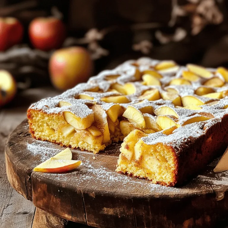 - 2 cups all-purpose flour - 1 ½ teaspoons baking powder - 1 teaspoon baking soda - 1 teaspoon ground cinnamon - ½ teaspoon sea salt - ¾ cup unsalted butter, softened - 1 cup packed brown sugar - ½ cup granulated sugar - 3 large eggs, at room temperature - 1 teaspoon pure vanilla extract - 1 cup buttermilk, at room temperature - 2 cups apples, peeled and diced - ½ cup walnuts or pecans, chopped (optional) The main ingredients create a moist and flavorful cake. The apples add sweetness and texture. The butter and sugars give a rich taste. The buttermilk keeps the cake soft. - ½ cup chopped walnuts or pecans - 1 teaspoon ground nutmeg - 1 cup raisins or dried cranberries Adding nuts gives a nice crunch. You can swap in dried fruit for extra sweetness. A touch of nutmeg adds warmth and depth to the flavor. - Powdered sugar for dusting - Thinly sliced apples - Extra ground cinnamon Dusting with powdered sugar makes the cake look pretty. Sliced apples on top add a fresh touch. A sprinkle of cinnamon boosts the flavor. Try these ideas to make your apple cinnamon sheet cake even better! First, you need to preheat your oven to 350°F (175°C). This ensures your cake bakes evenly. Grab a 13x9 inch baking sheet. Lightly grease it and line the bottom with parchment paper. This helps the cake come out without sticking. Next, take a medium bowl. In it, whisk together the all-purpose flour, baking powder, baking soda, ground cinnamon, and sea salt. Make sure they mix well. Set this bowl aside for later use. Now, grab a large mixing bowl. Using an electric mixer, beat the softened butter with brown sugar and granulated sugar. Mix on medium speed. Do this for about 3-4 minutes. You want the mixture to be light and fluffy. Carefully add three large eggs to the butter-sugar mix, one at a time. Mix well after each egg. Then, stir in the pure vanilla extract until the mixture is smooth. This gives your cake a nice flavor. Time to add some fruit! Gently fold in the diced apples and chopped walnuts or pecans if you want a crunch. Use a spatula to mix them evenly throughout the batter. Pour the batter into your prepared baking sheet. Smooth the top for an even layer. Bake in the preheated oven for 30-35 minutes. Check if it’s done by inserting a toothpick in the center. If it comes out clean, your cake is ready! Let it cool in the pan for about 10 minutes. Then, move it to a wire rack to cool completely. Dust the cooled cake with powdered sugar before serving. Enjoy! To keep your cake moist, use room temperature butter and eggs. This helps them mix better. Buttermilk adds flavor and moisture. Do not over-mix your batter; this can make the cake dry. Bake it until a toothpick comes out clean, but don't let it overbake. A little watch on the oven helps a lot. Use firm apples for the best texture. Peel and core them first. Cut the apples into small, even pieces. Aim for about half an inch or smaller. This way, they cook evenly in the cake. You can use a sharp knife or an apple corer to help with this task. One big mistake is not prepping the baking sheet. Grease it well and line it with parchment paper. Another common error is forgetting to preheat the oven. Always preheat before baking for even cooking. Lastly, don’t skip the dusting of powdered sugar. It makes the cake look pretty and adds a sweet touch! {{image_4}} You can make this cake gluten-free. Use a gluten-free flour mix instead of all-purpose flour. Look for one that works well for baking. Follow the recipe as usual, and enjoy the same great flavor. Your guests won’t even know the difference! To make a vegan version, swap out the eggs for flax eggs. Mix one tablespoon of ground flaxseed with three tablespoons of water for each egg. Use plant-based butter instead of regular butter. Also, choose a non-dairy milk, like almond or oat milk, instead of buttermilk. This keeps all the yummy taste while being vegan-friendly. Change up the flavors to match the seasons! In fall, add a pinch of nutmeg for warmth. In summer, try fresh berries with the apples for a fruity twist. You can even add pumpkin spice for a cozy autumn vibe. Let your creativity flow and enjoy new tastes! Store leftover apple cinnamon sheet cake in an airtight container. This keeps it fresh and moist. Place the cake in the fridge if you do not eat it within two days. Cover it with plastic wrap or foil before storing. For best taste, eat the cake within a week. You can also cut it into squares for easy grabbing. To freeze the cake, first let it cool completely. Wrap each piece in plastic wrap. Then, place the wrapped pieces in a freezer bag. Remove as much air as possible before sealing. You can freeze the cake for up to three months. When you want to enjoy it, thaw the cake in the fridge overnight. To reheat the cake, preheat your oven to 350°F (175°C). Place the pieces on a baking sheet. Heat for about 10 to 15 minutes until warm. You can microwave the cake as well. Heat individual pieces for 20 to 30 seconds. Serve the cake warm for a delightful treat. Yes, you can use other fruits. Try pears or peaches for a fun twist. They will add their unique flavors and keep the cake moist. Just make sure to chop them into small pieces, like the apples. Check the cake after 30 minutes. Insert a toothpick into the center. If it comes out clean, the cake is ready. If there’s wet batter on it, bake for a few more minutes. You can make your own buttermilk. Mix a cup of milk with one tablespoon of vinegar or lemon juice. Let it sit for five minutes. This will give you a nice tangy taste. Yes, this cake fits many occasions! It’s great for birthdays, holidays, or gatherings. The apple and cinnamon flavors make it festive and warm. Plus, it looks nice when dusted with powdered sugar. To boost the cinnamon flavor, add a bit more to the batter. You could also sprinkle some on top before baking. A cinnamon glaze on the finished cake would also work well. This blog post covered everything you need to bake a great apple cinnamon sheet cake. We talked about the main ingredients, optional variations, and perfect toppings. I shared detailed steps for making the cake and offered tips to ensure it stays moist. We also explored gluten-free and vegan options, plus storage and reheating advice. Try different fruits and flavors to make this cake your own. With these ideas, you’ll impress anyone who tries it. Happy baking!