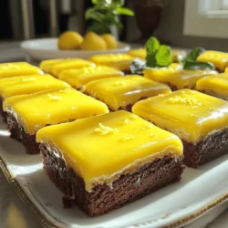- 1 cup unsalted butter, softened - 2 cups granulated sugar - 4 large eggs - 2 tablespoons fresh lemon zest - 1/2 cup freshly squeezed lemon juice - 2 cups all-purpose flour - 1 teaspoon baking powder - 1/2 teaspoon fine salt - 1 cup powdered sugar (for glaze) - 2 tablespoons lemon juice (for glaze) - Extra lemon zest for garnish - 9x13-inch baking pan - Electric mixer - Mixing bowls - Spatula or wooden spoon - Whisk When making Bright Lemon Brownies, gather all your ingredients first. Fresh lemon zest gives a bright flavor. Use a zester or fine grater to get the zest from your lemons. You can zest about two large lemons for the perfect amount. The lemon juice needs to be fresh too. This adds zing and makes the brownies moist. Next, ensure your butter is softened. This helps it mix well with the sugar. For the best results, let the butter sit at room temperature for about 30 minutes. You will need a few tools. An electric mixer saves time and effort. A 9x13-inch baking pan is key for the right size. Mixing bowls, a spatula, and a whisk are also essential. With these ingredients and tools ready, you can make these treats shine in your kitchen. Enjoy the bright flavors and aromas as you bake! - Preheat oven to 350°F (175°C). - Grease or line a 9x13-inch baking pan. Start with a clean space. Preheating the oven ensures even baking. I like to use parchment paper for easy cleanup. It helps the brownies pop out with ease. - Cream butter and sugar. - Add eggs, lemon zest, and lemon juice. In a large bowl, mix softened butter and sugar with an electric mixer. Beat them until fluffy, about 3-4 minutes. Then, add eggs one at a time. Make sure each egg blends in well. Next, stir in lemon zest and juice. This adds that bright flavor you want. - Whisk together flour, baking powder, and salt. - Fold dry mix into wet mixture. In a separate bowl, whisk flour, baking powder, and salt. Combine these dry ingredients with the wet ingredients. Use a spatula to fold them gently. Be careful not to overmix. You want a smooth batter without any flour streaks. - Transfer batter to pan. - Bake for 25-30 minutes. Pour the batter into the prepared pan. Spread it evenly. Bake in the preheated oven for 25-30 minutes. Check for doneness by inserting a toothpick in the center. It should come out clean when the brownies are ready. - Mix powdered sugar and lemon juice. While the brownies bake, prepare the lemon glaze. In a small bowl, whisk together powdered sugar and lemon juice. Aim for a smooth, pourable mix. It should be like syrup in texture. - Drizzle glaze over warm brownies. - Garnish with lemon zest. Once the brownies cool for about 10-15 minutes, drizzle the glaze over them. Spread it evenly for a sweet and tangy finish. For the final touch, sprinkle extra lemon zest on top. This adds extra flavor and a nice look. Enjoy your bright lemon brownies! How to avoid overmixing: Overmixing can make brownies tough. Mix your wet and dry ingredients until you see no flour streaks. Use a gentle hand when folding. This keeps your brownies soft and chewy. Testing for doneness: To check if your brownies are done, insert a toothpick into the center. If it comes out clean or with a few moist crumbs, your brownies are ready. If it comes out wet, they need more time. Adding poppy seeds or nuts: For extra texture, consider adding poppy seeds or chopped nuts. They give a nice crunch and pair well with the lemon flavor. Just fold them into the batter before baking. Using lemon extract: If you want a stronger lemon taste, add a teaspoon of lemon extract. This can boost the flavor without using more juice. It’s an easy way to make your brownies even zestier. Pair with tea or coffee: These lemon brownies taste great with a cup of tea or coffee. The bright flavors contrast well with the warm drinks. It makes for a lovely afternoon treat. Presentation ideas for gatherings: To impress your guests, serve each brownie on a nice dessert plate. Add a sprig of fresh mint on the side. This adds color and makes your dessert look special. {{image_4}} If you need a gluten-free treat, you can easily change the flour. Use almond flour or a gluten-free flour blend. This swap keeps the texture light and tasty. Make sure your baking powder is also gluten-free. This way, everyone can enjoy these bright lemon brownies! Want to make these brownies vegan? No problem! Simply replace the eggs with flax eggs or applesauce. For flax eggs, mix one tablespoon of ground flaxseed with three tablespoons of water. Let it sit for about five minutes to thicken. Applesauce also works great and adds moisture. Your brownies will still be soft and yummy! If you love chocolate, add it to your lemon brownies. You can swirl in some melted chocolate or mix in cocoa powder. This gives you a delicious chocolate-lemon combo. It adds richness while keeping that zesty lemon flavor. Try it out for a fun twist! Store your lemon brownies at room temperature in an airtight container. This keeps them fresh and soft. You can stack the brownies with parchment paper in between layers. They will stay good for up to three days. If you want to keep them longer, you can place the brownies in the fridge. First, let them cool completely. Then, wrap them in plastic wrap or foil. This helps avoid drying out. They will last about a week in the fridge. For longer storage, freezing works great. Cut the brownies into squares. Wrap each piece tightly in plastic wrap. Then, place them in a freezer bag. Make sure to remove as much air as possible. They can stay frozen for up to three months. When you're ready to enjoy, just thaw them in the fridge overnight. You can use bottled lemon juice. It is convenient and lasts longer. However, fresh lemon juice has a brighter taste. Bottled juice may lack the same fresh flavor. If you use bottled, choose a brand with no additives. Fresh juice makes your brownies taste better. To check if the brownies are done, insert a toothpick in the center. If it comes out clean, they are ready. The edges should be slightly brown, and the center should look set but still soft. Trust your eyes and the toothpick test! Lemon brownies pair well with several options. Serve them with a scoop of vanilla ice cream. A cup of hot tea or coffee also works nicely. For a fun twist, try a dollop of whipped cream. Fresh berries add color and flavor too! Lemon brownies can last up to a week at room temperature. Keep them in an airtight container to stay fresh. In the fridge, they last about two weeks. If you freeze them, they can stay good for three months. Just thaw them before enjoying! Yes, you can make these brownies ahead of time. Bake them and let them cool completely. Store them in an airtight container. You can frost them later or leave them plain. For best taste, eat them within a week. You now have everything to make delicious lemon brownies. We've covered all the ingredients and tools you need. Follow the detailed steps for mixing and baking. Don't forget the tasty glaze and garnishes. You can also try out variations for different tastes. These brownies are great for any occasion. Whether you enjoy them yourself or share with friends, they won’t disappoint. Now, grab your tools and start baking! Your kitchen will smell amazing, and you will have a sweet treat to enjoy.
