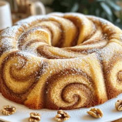 To make this delicious Cinnamon Swirl Bundt Cake, you will need: - 2 ½ cups all-purpose flour - 1 ½ teaspoons baking powder - 1 teaspoon baking soda - ½ teaspoon salt - 1 teaspoon ground cinnamon - ¾ cup unsalted butter, softened - 1 ½ cups granulated sugar - 3 large eggs, at room temperature - 1 teaspoon vanilla extract - 1 cup buttermilk, at room temperature These ingredients come together to create a rich and flavorful cake base. Each plays a key role in the cake's texture, taste, and rise. The swirl in this cake adds a wonderful touch. For the cinnamon swirl, you will need: - ½ cup brown sugar - 1 tablespoon ground cinnamon Mixing these two together creates that sweet, spicy layer that makes each slice special. It adds a warm, cozy flavor to your cake. If you want to take your cake to the next level, you can add: - ½ cup chopped walnuts or pecans These nuts bring a nice crunch and flavor contrast. They make the cake even more enjoyable and can be a fun surprise in each bite. Start by preheating your oven to 350°F (175°C). Grab a 10-inch Bundt pan and grease it well with unsalted butter. Then, dust it lightly with flour. This helps the cake come out easily after baking. In a medium bowl, sift together the dry ingredients. You need 2 ½ cups of all-purpose flour, 1 ½ teaspoons of baking powder, 1 teaspoon of baking soda, ½ teaspoon of salt, and 1 teaspoon of ground cinnamon. Set this mixture aside. In a large bowl, cream ¾ cup of softened unsalted butter and 1 ½ cups of granulated sugar using an electric mixer. Mix for 4 to 5 minutes until it is light and fluffy. Then, add 3 large eggs one at a time. Mix well after each egg. Next, add 1 teaspoon of vanilla extract. Now, slowly add the dry mixture to the butter mix. Do this while also adding 1 cup of buttermilk. Start and end with the dry mix. Mix until just combined to keep the cake light. In a small bowl, mix ½ cup of brown sugar with 1 tablespoon of ground cinnamon. If you like, you can add ½ cup of chopped walnuts or pecans now for extra crunch. To layer the cake, pour half of the batter into the prepared Bundt pan. Then, sprinkle half of the cinnamon mix on top. Pour the rest of the batter over that, followed by the remaining cinnamon mix. Take a knife or skewer and gently swirl the mix together. This creates a lovely marbled look in your cake. To create the perfect swirl, layer the batter and cinnamon mix carefully. Start with half the cake batter. Spread it evenly in the pan. Then, sprinkle half the cinnamon-sugar mix over this layer. Pour the remaining batter on top. Finish by adding the last of the cinnamon mix. Use a knife or skewer to gently swirl the two together. Aim for a nice marble look but don’t overdo it. Light swirls create a lovely effect without losing the layers. Baking time is crucial for a great cake. Set your timer for 45 minutes. Check the cake with a toothpick inserted into the center. If it comes out clean, it’s done. If it has wet batter on it, bake for an extra 5 to 10 minutes. Keep an eye on it after 45 minutes to avoid over-baking. Every oven is different, so adjust your time as needed. After baking, let the cake cool in the pan for 15 minutes. This helps it hold its shape. Then, place a wire rack on top of the Bundt pan. Carefully flip it over to release the cake. If it sticks, gently tap the pan. Let it cool completely on the rack. Cooling helps the flavors settle and makes it easier to slice. For a special touch, dust with powdered sugar before serving. {{image_4}} To make a gluten-free version, swap the all-purpose flour with a gluten-free blend. Look for one that works well in baking. Ensure it contains xanthan gum for the right texture. The rest of the recipe stays the same. This swap allows everyone to enjoy the cake, even those who can't have gluten. For a vegan twist, replace the butter with coconut oil or vegan butter. Use plant-based milk instead of buttermilk. A mix of almond milk and lemon juice works well. Substitute the eggs with flaxseed meal mixed with water. Use 1 tablespoon of flaxseed meal with 2.5 tablespoons of water for each egg. These changes keep the cake moist and delicious. You can enhance the flavor in fun ways. Add a splash of almond extract for a nutty twist. You can also mix in a bit of citrus zest, like lemon or orange, to brighten the cake. If you love chocolate, fold in chocolate chips for a decadent touch. Mix and match these ideas to create your perfect cake. To keep your cinnamon swirl Bundt cake fresh, wrap it tightly in plastic wrap. This keeps moisture in and air out. You can also place it in an airtight container. Store it at room temperature for up to three days. If you want it to last longer, consider freezing it. You can freeze your Bundt cake for later enjoyment. First, let it cool completely. Then wrap it in plastic wrap and foil to prevent freezer burn. You can freeze it for up to three months. When ready to enjoy, thaw it in the fridge overnight. After storing, the cake may feel a bit dry. To fix this, warm individual slices in the microwave for a few seconds. This will help revive its soft texture. You can also drizzle it with a bit of warm glaze or serve it with whipped cream for added moisture. Enjoy your cake just like it was fresh out of the oven! To stop your Bundt cake from sticking, you need to grease the pan well. Use unsalted butter for this. Coat every part of the pan, especially the center tube. After greasing, sprinkle a light layer of flour over the butter. Tap the pan to remove the extra flour. This method creates a non-stick barrier. When baked, your cake should slide right out. Make sure to cool the cake for 15 minutes before flipping it onto a rack. Yes, you can use different nuts in this recipe. Walnuts and pecans are great options. If you prefer another nut, try almonds or hazelnuts. Just chop the nuts into small pieces before mixing them in. This adds a nice crunch and flavor. You can even skip the nuts if you want a nut-free cake. The cake will still taste delicious without them. If you don't have buttermilk, you can easily make a substitute. Mix 1 cup of milk with 1 tablespoon of lemon juice or vinegar. Let it sit for about 5 minutes. This will create a tangy milk similar to buttermilk. You can also use plain yogurt or sour cream. Just thin them with a bit of water to match the buttermilk's consistency. These options work well and keep your cake moist. This blog post covered how to make a delicious cinnamon swirl Bundt cake. We explored the main ingredients, optional add-ins, and step-by-step instructions to help you bake perfectly. I shared tips to enhance your baking skills, along with ideas for variations like gluten-free and vegan options. Remember to store your leftovers right to keep them fresh. Now, you can impress your friends and family with this delightful treat. Happy baking!