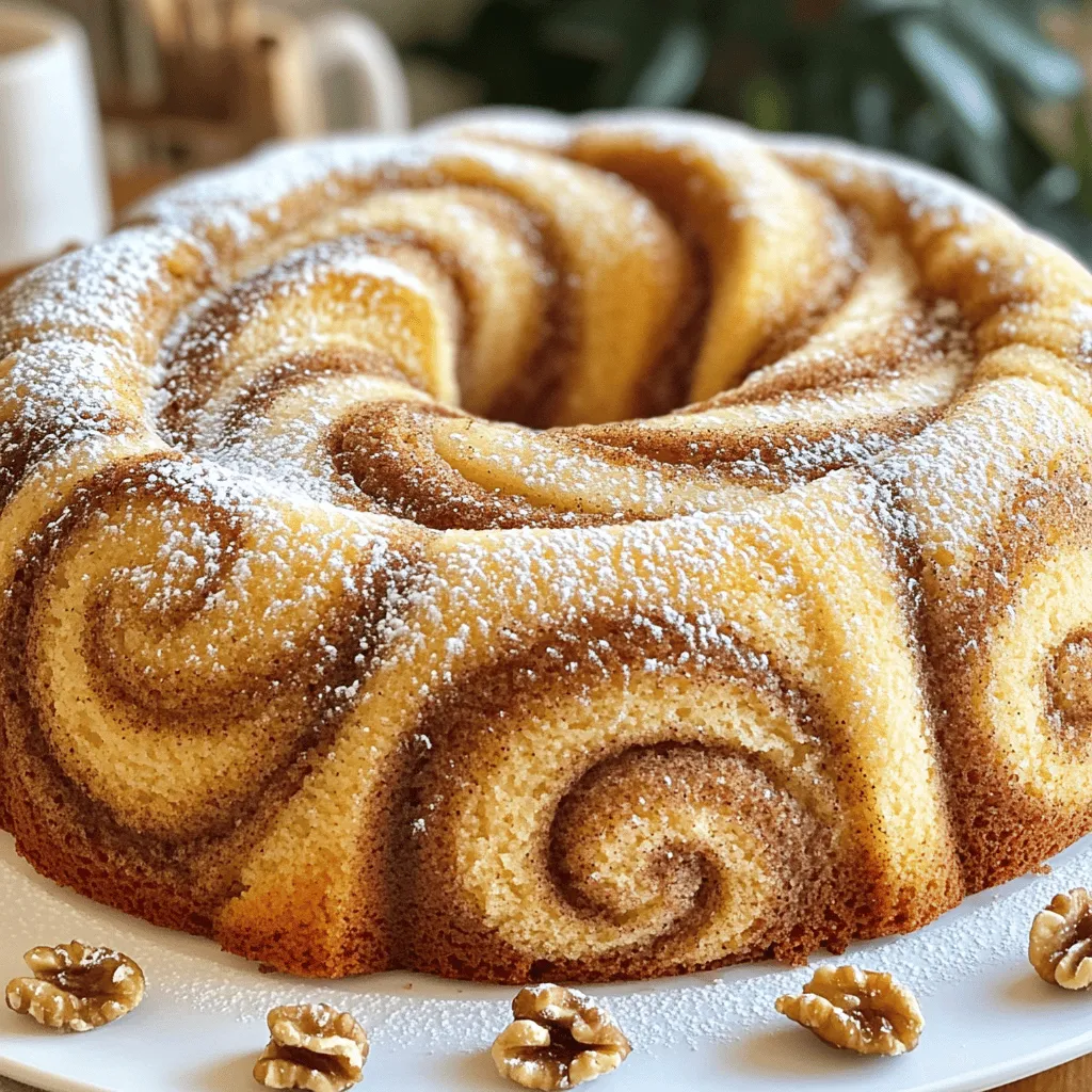 To make this delicious Cinnamon Swirl Bundt Cake, you will need: - 2 ½ cups all-purpose flour - 1 ½ teaspoons baking powder - 1 teaspoon baking soda - ½ teaspoon salt - 1 teaspoon ground cinnamon - ¾ cup unsalted butter, softened - 1 ½ cups granulated sugar - 3 large eggs, at room temperature - 1 teaspoon vanilla extract - 1 cup buttermilk, at room temperature These ingredients come together to create a rich and flavorful cake base. Each plays a key role in the cake's texture, taste, and rise. The swirl in this cake adds a wonderful touch. For the cinnamon swirl, you will need: - ½ cup brown sugar - 1 tablespoon ground cinnamon Mixing these two together creates that sweet, spicy layer that makes each slice special. It adds a warm, cozy flavor to your cake. If you want to take your cake to the next level, you can add: - ½ cup chopped walnuts or pecans These nuts bring a nice crunch and flavor contrast. They make the cake even more enjoyable and can be a fun surprise in each bite. Start by preheating your oven to 350°F (175°C). Grab a 10-inch Bundt pan and grease it well with unsalted butter. Then, dust it lightly with flour. This helps the cake come out easily after baking. In a medium bowl, sift together the dry ingredients. You need 2 ½ cups of all-purpose flour, 1 ½ teaspoons of baking powder, 1 teaspoon of baking soda, ½ teaspoon of salt, and 1 teaspoon of ground cinnamon. Set this mixture aside. In a large bowl, cream ¾ cup of softened unsalted butter and 1 ½ cups of granulated sugar using an electric mixer. Mix for 4 to 5 minutes until it is light and fluffy. Then, add 3 large eggs one at a time. Mix well after each egg. Next, add 1 teaspoon of vanilla extract. Now, slowly add the dry mixture to the butter mix. Do this while also adding 1 cup of buttermilk. Start and end with the dry mix. Mix until just combined to keep the cake light. In a small bowl, mix ½ cup of brown sugar with 1 tablespoon of ground cinnamon. If you like, you can add ½ cup of chopped walnuts or pecans now for extra crunch. To layer the cake, pour half of the batter into the prepared Bundt pan. Then, sprinkle half of the cinnamon mix on top. Pour the rest of the batter over that, followed by the remaining cinnamon mix. Take a knife or skewer and gently swirl the mix together. This creates a lovely marbled look in your cake. To create the perfect swirl, layer the batter and cinnamon mix carefully. Start with half the cake batter. Spread it evenly in the pan. Then, sprinkle half the cinnamon-sugar mix over this layer. Pour the remaining batter on top. Finish by adding the last of the cinnamon mix. Use a knife or skewer to gently swirl the two together. Aim for a nice marble look but don’t overdo it. Light swirls create a lovely effect without losing the layers. Baking time is crucial for a great cake. Set your timer for 45 minutes. Check the cake with a toothpick inserted into the center. If it comes out clean, it’s done. If it has wet batter on it, bake for an extra 5 to 10 minutes. Keep an eye on it after 45 minutes to avoid over-baking. Every oven is different, so adjust your time as needed. After baking, let the cake cool in the pan for 15 minutes. This helps it hold its shape. Then, place a wire rack on top of the Bundt pan. Carefully flip it over to release the cake. If it sticks, gently tap the pan. Let it cool completely on the rack. Cooling helps the flavors settle and makes it easier to slice. For a special touch, dust with powdered sugar before serving. {{image_4}} To make a gluten-free version, swap the all-purpose flour with a gluten-free blend. Look for one that works well in baking. Ensure it contains xanthan gum for the right texture. The rest of the recipe stays the same. This swap allows everyone to enjoy the cake, even those who can't have gluten. For a vegan twist, replace the butter with coconut oil or vegan butter. Use plant-based milk instead of buttermilk. A mix of almond milk and lemon juice works well. Substitute the eggs with flaxseed meal mixed with water. Use 1 tablespoon of flaxseed meal with 2.5 tablespoons of water for each egg. These changes keep the cake moist and delicious. You can enhance the flavor in fun ways. Add a splash of almond extract for a nutty twist. You can also mix in a bit of citrus zest, like lemon or orange, to brighten the cake. If you love chocolate, fold in chocolate chips for a decadent touch. Mix and match these ideas to create your perfect cake. To keep your cinnamon swirl Bundt cake fresh, wrap it tightly in plastic wrap. This keeps moisture in and air out. You can also place it in an airtight container. Store it at room temperature for up to three days. If you want it to last longer, consider freezing it. You can freeze your Bundt cake for later enjoyment. First, let it cool completely. Then wrap it in plastic wrap and foil to prevent freezer burn. You can freeze it for up to three months. When ready to enjoy, thaw it in the fridge overnight. After storing, the cake may feel a bit dry. To fix this, warm individual slices in the microwave for a few seconds. This will help revive its soft texture. You can also drizzle it with a bit of warm glaze or serve it with whipped cream for added moisture. Enjoy your cake just like it was fresh out of the oven! To stop your Bundt cake from sticking, you need to grease the pan well. Use unsalted butter for this. Coat every part of the pan, especially the center tube. After greasing, sprinkle a light layer of flour over the butter. Tap the pan to remove the extra flour. This method creates a non-stick barrier. When baked, your cake should slide right out. Make sure to cool the cake for 15 minutes before flipping it onto a rack. Yes, you can use different nuts in this recipe. Walnuts and pecans are great options. If you prefer another nut, try almonds or hazelnuts. Just chop the nuts into small pieces before mixing them in. This adds a nice crunch and flavor. You can even skip the nuts if you want a nut-free cake. The cake will still taste delicious without them. If you don't have buttermilk, you can easily make a substitute. Mix 1 cup of milk with 1 tablespoon of lemon juice or vinegar. Let it sit for about 5 minutes. This will create a tangy milk similar to buttermilk. You can also use plain yogurt or sour cream. Just thin them with a bit of water to match the buttermilk's consistency. These options work well and keep your cake moist. This blog post covered how to make a delicious cinnamon swirl Bundt cake. We explored the main ingredients, optional add-ins, and step-by-step instructions to help you bake perfectly. I shared tips to enhance your baking skills, along with ideas for variations like gluten-free and vegan options. Remember to store your leftovers right to keep them fresh. Now, you can impress your friends and family with this delightful treat. Happy baking!
