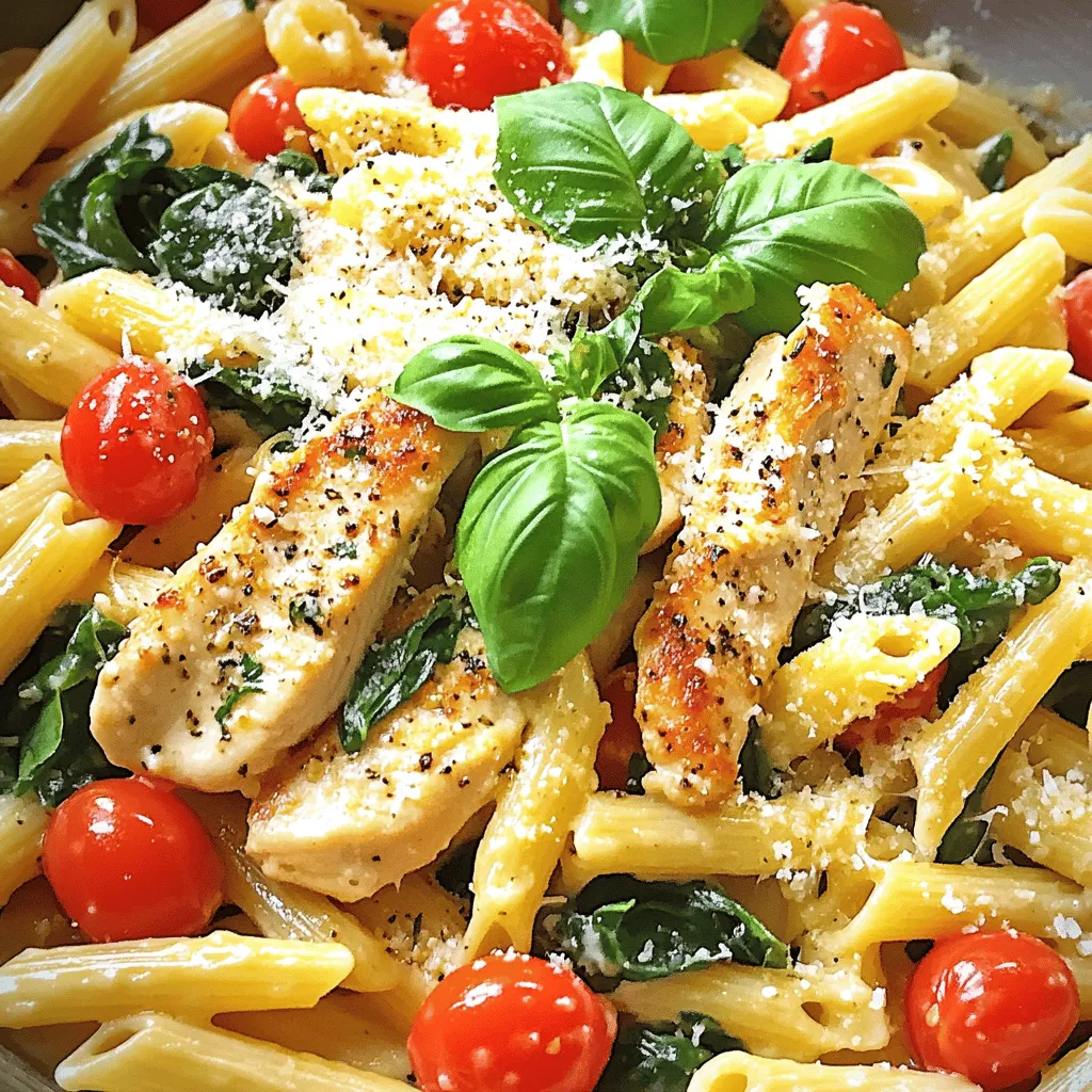 - 2 boneless, skinless chicken breasts - Salt and pepper, to taste - 1 tablespoon olive oil - 3 cloves garlic, minced - 1 teaspoon Italian seasoning - 1 cup heavy cream - 1 cup chicken broth - 1 cup cherry tomatoes, halved - 1 cup fresh spinach - 8 oz penne pasta - 1/2 cup grated Parmesan cheese - Fresh basil leaves, for garnish When making Marry Me Chicken Pasta, gather all your ingredients first. This makes cooking smooth and fun. The chicken breasts are the star of the dish. I love using boneless and skinless chicken, as it cooks quickly and stays juicy. Don’t forget to season the chicken well with salt and pepper. The garlic adds a lovely flavor. I use fresh minced garlic for the best taste. Italian seasoning brings a nice mix of herbs, adding depth to the dish. Heavy cream and chicken broth create a rich sauce. The cherry tomatoes and spinach add color and nutrients. Penne pasta is perfect for this recipe. It holds sauce well, making every bite delicious. Lastly, grated Parmesan cheese adds a creamy finish. Garnish your pasta with fresh basil leaves. They make the dish look pretty and taste fresh. With these ingredients, you’re set for a meal that’s sure to impress! - First, season both sides of the chicken breasts with salt and pepper. - Heat olive oil in a large skillet over medium-high heat. - Cook the chicken breasts for about 6-7 minutes on each side until golden brown. - Check the internal temperature; it should be 165°F. - Remove the chicken from the skillet and let it rest on a cutting board. - In the same skillet, add the minced garlic and Italian seasoning. - Sauté for about 1 minute until the garlic smells good. - Pour in the heavy cream and chicken broth, stirring well. - Bring the mixture to a gentle simmer to blend the flavors. - Add halved cherry tomatoes and fresh spinach to the skillet. - Cook for about 3-4 minutes until the spinach wilts and the tomatoes soften. - Bring a pot of water to a boil. - Add the penne pasta and cook according to package instructions until al dente. - Once cooked, drain the pasta and set it aside for later. - Slice the rested chicken into strips and return it to the skillet. - Add the cooked penne and grated Parmesan cheese. - Mix everything until well combined and the cheese melts. - Taste and add more salt and pepper if needed. - Allow the mixture to simmer for an extra 2-3 minutes to meld the flavors. - Ensure chicken reaches 165°F internal temperature. This keeps the chicken safe to eat. - Use fresh ingredients for enhanced flavor. Fresh herbs and vegetables make a big difference. - If you want to thicken the sauce, add more cheese. You can also use a little flour. - Adding pasta water improves creaminess. The starchy water helps the sauce cling to pasta. - Pair Marry Me Chicken Pasta with a side salad for a complete meal. Garlic bread is a great choice too. - Garnish with fresh basil leaves for visual appeal. A sprinkle of extra cheese adds flavor and looks nice. {{image_4}} You can swap chicken for shrimp or tofu. These options work great in this dish. If you need dairy-free options, look for nut-based cream or vegan cheese. These will keep the flavors smooth without dairy. To add a kick, try spices like red pepper flakes or smoked paprika. They will wake up the dish! You can also toss in seasonal vegetables. Think zucchini, bell peppers, or asparagus for extra color and nutrition. You can cook this dish on the stovetop for quick meals. For a baked version, place all in a casserole dish and bake. If you want to prep ahead, use a slow cooker. Just add all ingredients and cook on low for 6-8 hours, making it super easy! To store leftovers safely, let the pasta cool first. Place it in an airtight container. This keeps the flavors fresh and prevents spoilage. I like using glass containers; they are sturdy and easy to clean. You can store it in the fridge for up to three days. For freezing portions, divide the pasta into smaller servings. Use freezer-safe bags or containers to save space. Remember to remove as much air as possible. This helps maintain the dish's quality. To thaw, place the container in the fridge overnight. Reheat gently on the stove or in the microwave until warm. Stored Marry Me Chicken Pasta can last about three days in the fridge. If frozen, it can hold for up to three months. Watch for signs of spoilage, like a sour smell or mold. If you see any, it's best to toss the pasta. Always trust your senses when it comes to food safety. What can I serve with Marry Me Chicken Pasta? I suggest serving a light salad or garlic bread. Both add freshness and flavor. A side of steamed vegetables also complements the dish well. Can I make this recipe ahead of time? Yes! You can cook the chicken and sauce ahead. Just store them in the fridge. Cook the pasta fresh when ready to serve. This keeps everything tasty. How can I make it extra spicy? Add red pepper flakes to the sauce. You can also use spicy Italian sausage instead of chicken. Both ways will give this dish a nice kick. What to do if the sauce is too thin? If your sauce is thin, mix a bit of cornstarch with water. Stir it into the sauce while it simmers. This will thicken it nicely. Tips for overcooked chicken. If your chicken is overcooked, slice it thin. Add it back to the sauce to soak up flavor. This helps keep it moist and tasty. Calories and nutritional breakdown per serving. Each serving has about 600 calories. It includes protein from chicken and healthy fats from cream. Dietary considerations for different diets. This recipe is not gluten-free due to pasta. To make it gluten-free, use gluten-free pasta. It can also be made dairy-free with non-dairy cream. You learned how to make Marry Me Chicken Pasta, a simple yet delicious dish. We covered the ingredients, cooking steps, and tips for success. Remember to use fresh items and adjust flavors to suit your taste. Experiment with variations, like adding different proteins or spices. Store leftovers safely for later enjoyment. With these instructions, you can create a meal that impresses. Enjoy your cooking adventure!