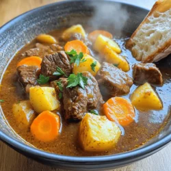 - 2 pounds beef chuck, cut into 1-inch cubes - 3 tablespoons olive oil - 1 large onion, diced - 3 cloves garlic, minced - 4 medium carrots, peeled and sliced - 3 medium potatoes, peeled and diced - 2 cups beef broth - 1 tablespoon Worcestershire sauce - 1 teaspoon dried thyme - 1 teaspoon dried rosemary - 1 bay leaf - Salt and freshly ground black pepper to taste - 1-2 tablespoons cornstarch for thickening - Fresh parsley for garnish When I make this beef stew, I love using beef chuck. It has a lot of flavor and becomes tender in the pot. Olive oil helps brown the beef. Dicing the onion adds sweetness. Garlic gives a nice kick. Carrots and potatoes bring heartiness to the stew. Beef broth is key for a rich base. Worcestershire sauce adds depth. Herbs like thyme and rosemary make the dish fragrant. Salt and pepper enhance all these flavors. For thickening, I sometimes use cornstarch. It can turn the broth into a nice sauce. Fresh parsley adds color and taste when I serve the stew. Each ingredient plays a role in making this dish warm and comforting. To start, gather your ingredients. You will need 2 pounds of beef chuck. Cut the beef into 1-inch cubes. This size helps it cook evenly. Next, prepare your vegetables. Dice 1 large onion and peel 4 medium carrots. Slice the carrots into rounds. Peel and dice 3 medium potatoes. Having everything ready makes cooking easier. Now, let’s cook! Set your Instant Pot to Sauté mode. Add 3 tablespoons of olive oil and let it heat. When the oil shimmers, add the beef cubes in batches. Brown the beef on all sides for about 5-7 minutes. This step adds flavor. Once browned, remove the beef and set it on a plate. Next, it’s time for the onions and garlic. In the same pot, add the diced onion. Sauté for 3-4 minutes until it’s soft. Then, add 3 cloves of minced garlic and cook for another 30 seconds. Be careful not to burn the garlic! Now, mix in the sliced carrots and diced potatoes. Stir them well to coat with the onion and garlic. After that, pour in 2 cups of beef broth and 1 tablespoon of Worcestershire sauce. Remember to scrape the bottom of the pot. This gets all the tasty bits! Return the browned beef to the pot. Sprinkle in 1 teaspoon of dried thyme, 1 teaspoon of dried rosemary, and 1 bay leaf. Add salt and pepper to taste. Stir everything together to combine. It's time to pressure cook! Secure the Instant Pot lid and turn the valve to the sealed position. Set it to Manual cooking on high pressure for 30 minutes. This step makes the beef tender and the flavors rich. After 30 minutes, let the pressure release naturally for about 10 minutes. This helps the stew stay moist. Then, switch to quick release for any remaining pressure. If you want a thicker stew, mix 1-2 tablespoons of cornstarch with cold water. Stir this into the stew and use the Sauté function until it thickens. Before serving, taste the stew. Adjust the seasoning with more salt and pepper if needed. Enjoy your hearty and simple beef stew! Adjust the seasoning to your taste. After cooking, taste the stew. If it needs more salt or pepper, add a bit more. Don't be shy to change it up. Scraping the browned bits from the pot is key. These bits hold a lot of flavor. Use a wooden spoon to get every last bit. This step makes your stew even better. For a thicker stew, use cornstarch. Mix 1-2 tablespoons of cornstarch with cold water to make a slurry. Stir this into the stew after cooking. Use the Sauté function to simmer it until thick. This helps create a nice, hearty texture. Serve the stew hot for the best taste. Deep bowls work well for serving. It keeps the stew warm and cozy. Pair it with crusty bread or rice. The bread is perfect for dipping in the savory broth. Enjoy every bite! {{image_4}} You can switch up the veggies in your beef stew. Try adding celery or peas for extra flavor and texture. These vegetables cook well and add a nice crunch. If you want a lighter option, substitute beef with chicken or turkey. Both proteins work great in this stew. Just remember, the cooking time may change slightly with chicken or turkey. If you don't have an Instant Pot, you can still enjoy this beef stew. Use a slow cooker instead. Just follow the same steps and cook on low for 6-8 hours. The meat will be very tender. You can also make it on the stovetop for a traditional stew. Brown the beef in a pot, then add all the ingredients. Simmer on low for about 2 hours, stirring occasionally. For those avoiding gluten, use gluten-free beef broth. It works just as well and keeps the stew delicious. You can also reduce salt by using low-sodium beef broth. This option helps control your sodium intake while still keeping your stew tasty. To keep your beef stew fresh, follow these tips: - Refrigeration: Let the stew cool down. Transfer it to a sealed container. It stays good for up to 3 days in the fridge. - Freezing: For long-term storage, use airtight containers or freezer bags. Label them with the date. Your stew can freeze well for up to 3 months. When reheating, aim to keep the flavor intact. Here are some methods: - Stovetop: Pour the stew into a pot. Heat it over medium-low heat. Stir often until warmed through. - Microwave: Place the stew in a microwave-safe bowl. Cover it loosely. Microwave in short bursts, stirring in between. This helps heat evenly. Yes, you can use frozen beef. First, you need to thaw it. The best way is to place it in the fridge overnight. If you are short on time, you can use the microwave to defrost it. Just be careful not to start cooking it. If the beef is still a bit frozen, increase the cooking time by about five minutes. This will help ensure everything cooks evenly. Beef stew can last up to three to four days in the fridge. Make sure to store it in an airtight container. This helps to keep the flavor fresh. If you want to keep it longer, consider freezing it. Frozen beef stew can last for about three months. Yes, you can double the recipe easily. Just make sure your Instant Pot is large enough to hold all the ingredients. You do not need to change the cooking time if you double it. The pressure cooking time stays the same. Just make sure to stir well to combine everything. This helps the flavors mix nicely. This blog post covered how to make a delicious beef stew using an Instant Pot. We discussed the key ingredients, including beef, vegetables, and spices. I shared step-by-step cooking instructions, tips for flavor, and ways to adjust the recipe. Remember, you can store leftovers and enjoy them for days. Experiment with variations to suit your taste. Whether you’ve made it before or are trying it for the first time, this stew is sure to be a hit. Enjoy your cooking journey!