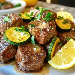 - 1 lb sirloin steak, cut into 1-inch cubes - 2 medium zucchinis, thinly sliced into half-moons - 4 tablespoons unsalted butter - 4 cloves garlic, finely minced - 1 teaspoon fresh rosemary, finely chopped - 1 teaspoon fresh thyme, chopped The main ingredients make this dish shine. Sirloin steak adds rich flavor and tenderness. Zucchini brings a fresh crunch and is low in calories. Garlic infuses the dish with a strong aroma. Butter creates a creamy texture, while fresh herbs add brightness. - Salt and freshly ground pepper to taste - 2 tablespoons olive oil - Fresh parsley, chopped (for garnish) - Lemon wedges (for a zesty serving) Seasoning is key for great taste. Salt and pepper enhance the meat's flavor. Olive oil helps with cooking and adds richness. Fresh parsley gives a pop of color and freshness. Lemon wedges provide a zesty touch that brightens every bite. Using fresh ingredients makes a big difference in taste. I always choose the best quality I can find. This way, you enjoy every bite of garlic butter steak bites with zucchini. Cutting the sirloin steak Start by cutting the sirloin steak into 1-inch cubes. Use a sharp knife for clean cuts. This size helps the meat cook evenly and quickly. Place the cubes in a medium bowl. Slicing Zucchini Next, take the zucchinis and slice them into thin half-moons. Aim for even slices so they cook at the same rate. Set the zucchini aside in a separate bowl. Seasoning the steak In the bowl with the steak, add salt, pepper, and half of the chopped rosemary and thyme. Toss gently to coat each piece. This seasoning boosts the flavor of the steak bites. Sautéing the zucchini Heat 1 tablespoon of olive oil in a large skillet over medium heat. Once the oil is hot, add the zucchini slices. Season them lightly with salt and pepper. Cook for 4-5 minutes, stirring occasionally. The zucchini should be fork-tender and slightly golden. After that, remove them from the skillet and set aside. Cooking the steak bites In the same skillet, add another tablespoon of olive oil and raise the heat to medium-high. When the oil is shimmering, add the seasoned steak cubes in a single layer. If your skillet is small, cook in batches for even searing. Sear the steak for 2-3 minutes on each side. Aim for your desired doneness. Once done, transfer the steak bites to a plate and set aside. Making the garlic butter Reduce the heat back to medium. Add the butter to the skillet along with minced garlic and the remaining chopped herbs. Stir continuously for 1-2 minutes. The butter will melt and the garlic will release a wonderful aroma. Combining ingredients Gently return the cooked steak bites and sautéed zucchini to the skillet. Toss everything together to coat in the garlic butter. Let it cook for an additional 1-2 minutes. This step ensures all flavors meld together. Serving suggestions Carefully transfer the garlic butter steak bites and zucchini to a serving platter. Garnish with freshly chopped parsley for a pop of color. Serve with lemon wedges for a zesty touch. This dish not only looks great but tastes amazing too! - Best practices for searing steak: Start with a hot skillet. Use a bit of olive oil. Place steak cubes in a single layer. Avoid crowding the pan for even cooking. Sear for 2-3 minutes per side until browned. This gives a great crust. - How to achieve tender zucchini: Slice zucchinis thinly for quick cooking. Sauté over medium heat until fork-tender, about 4-5 minutes. Season them lightly with salt and pepper for flavor. Avoid overcooking, as they can become mushy. - Additional spices to consider: Try adding paprika for a smoky touch. A pinch of cayenne can give it heat. You might also enjoy using cumin for earthy notes. - Variations in herbs used: Fresh basil or oregano can brighten the dish. Consider swapping herbs based on what you have on hand. Each herb brings a unique taste to the steak and zucchini. - Ideal serving dishes: Use a large, white platter to showcase the dish. The bright colors of the steak and zucchini pop against it. A shallow bowl also works well for family-style serving. - Creative garnishing ideas: Top with chopped parsley for freshness. Add lemon wedges to enhance flavors. Consider some grated Parmesan cheese for a rich finish. These details elevate your dish visually and tastefully. {{image_4}} You can mix up your garlic butter steak bites with some easy swaps. - Alternative cuts of steak: Try ribeye or filet mignon instead of sirloin. Ribeye adds extra flavor due to its fat. Filet mignon is tender and lean. - Different vegetables to use: You can swap zucchini for bell peppers or asparagus. Both add color and taste. Mushrooms add a nice earthy flavor too. If you want to make this dish fit your diet, here are some ideas. - Low-carb or keto adaptations: Keep the steak and zucchini. Just skip the butter for olive oil. This keeps it low in carbs while still delicious. - Gluten-free adjustments: This recipe is already gluten-free. Just make sure your ingredients are certified gluten-free. You can change the flavor in fun ways. - Adding spice for heat: For a kick, add red pepper flakes or a dash of cayenne. This adds a nice warmth to the dish. - Incorporating sauces or marinades: Try adding soy sauce or Worcestershire sauce to the garlic butter. This gives a savory depth that’s hard to resist. To store your garlic butter steak bites with zucchini, let them cool first. Place them in an airtight container. It helps to separate layers with parchment paper to avoid sticking. You can keep them in the fridge for 3 to 4 days. Make sure to label the container with the date. This way, you won't forget how long they have been stored. For the best results, reheat your steak bites and zucchini in a skillet. Heat a small amount of olive oil over medium heat. Add the leftovers and stir gently until they are warm. This method keeps the steak juicy and the zucchini tender. You can also use a microwave. Place the food in a microwave-safe bowl and cover it. Heat in 30-second bursts, stirring in between until warmed through. Just be careful not to overcook, as this can dry out the steak. Yes, you can freeze garlic butter steak bites! To do this, first, let them cool completely. Then, place them in a freezer-safe bag or container. Remove as much air as possible to prevent freezer burn. They can last for up to 3 months in the freezer. When you are ready to enjoy them again, thaw them overnight in the fridge. Reheat as mentioned earlier for the best taste and texture. Cutting steak well makes a big difference. I use a sharp knife for clean cuts. First, let the steak rest for a few minutes. This helps keep juices inside. Then, cut the sirloin into 1-inch cubes against the grain. Cutting against the grain makes the meat more tender when you bite it. Yes, you can use other meats in this recipe. Chicken breast or pork tenderloin works well too. Just make sure to adjust cooking times. Ground beef can also be used, but the texture will change. Each meat brings a unique flavor, so feel free to experiment. For medium-rare steak bites, cook them for about 2-3 minutes on each side. The internal temperature should reach 130-135°F. Use a meat thermometer for accuracy. If you prefer your steak more done, increase the cooking time by a minute or two. These steak bites pair well with many sides. Try serving them with roasted potatoes or a fresh salad. Grilled asparagus or steamed broccoli also complements the dish. For a heartier meal, serve with rice or pasta. Adding lemon wedges brightens the plate and enhances flavors. This article covered key ingredients and steps for making garlic butter steak bites. We explored the importance of proper seasoning, cooking techniques, and presentation tips. I shared variations for dietary needs and storage info for leftovers. Cooking can be fun and creative. Use this recipe to impress friends or family. Enjoy experimenting with flavors and making this dish your own. Happy cooking!