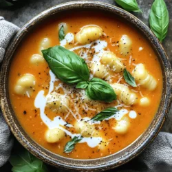 - Olive oil - Onion - Garlic - Diced tomatoes - Vegetable broth - Dried oregano - Sugar - Potato gnocchi - Heavy cream or coconut cream - Fresh basil leaves - Salt and pepper - Grated Parmesan cheese (optional) This creamy tomato basil gnocchi soup needs simple, fresh ingredients. First, gather one tablespoon of olive oil. This will help sauté your onion to start the base. Next, you need one medium onion. Dice it finely for even cooking. You will also want three cloves of garlic. Minced garlic adds great flavor. Use two cups of diced tomatoes, either canned or fresh. The tomatoes create a rich, tasty base. For the soup, four cups of vegetable broth are essential. This adds depth and helps blend the flavors well. One teaspoon of dried oregano adds a nice herbal note. You’ll also want one teaspoon of sugar to balance the tomato’s acidity. The star of the dish is 250 grams of potato gnocchi. This is what makes the soup hearty. To make it creamy, use one cup of heavy cream or coconut cream for a dairy-free option. For freshness, you’ll need one cup of chopped fresh basil leaves. Lastly, add salt and freshly cracked pepper to taste. If you like, you can sprinkle grated Parmesan cheese on top before serving. These ingredients come together to create a warm, comforting dish. To start our creamy tomato basil gnocchi soup, heat 1 tablespoon of olive oil in a large pot over medium heat. Once the oil is hot, add 1 medium onion, diced. Sauté the onion for about 5 minutes. You want it to turn translucent. This step builds a nice base flavor for the soup. Next, add 3 cloves of minced garlic. Cook it for 1-2 minutes while stirring. This helps the garlic release its great aroma without burning. Now, it's time to add some key ingredients. Pour in 2 cups of diced tomatoes, either canned or fresh. Then, add 4 cups of vegetable broth. Stir in 1 teaspoon of dried oregano and 1 teaspoon of sugar. The sugar helps balance the acidity of the tomatoes. Mix it well and bring the pot to a gentle simmer. Let it cook for about 10 minutes. This allows the flavors to meld beautifully. After simmering, it's blending time! If you have an immersion blender, use it to blend the soup until smooth. If not, carefully transfer the soup to a standard blender in batches. Blend until smooth, then return it to the pot. This step makes the soup creamy and velvety. Now, add 250 grams of potato gnocchi to the simmering soup. Cook the gnocchi for 3-5 minutes. You’ll know they are ready when they float to the surface. This means they are cooked through and ready to enjoy. Lower the heat and gently stir in 1 cup of heavy cream, or coconut cream for a dairy-free version. Make sure to heat it through without boiling. This keeps the soup rich and creamy. Finally, add 1 cup of chopped fresh basil leaves. Season the soup with salt and freshly cracked pepper to taste. Stir well to mix in all the flavors. To start off, you want to avoid burnt garlic. Garlic burns fast. Add it to the pot after the onion has cooked for a few minutes. This way, the onion softens before the garlic hits the heat. When you do add garlic, stir it often. This helps keep it from burning. Next, let's focus on achieving a perfect onion texture. Cook the diced onion over medium heat. Stir often until the onion turns translucent. This should take about five minutes. This soft texture adds a great base flavor for your soup. Now, let's talk about blending techniques for a smooth consistency. If you use an immersion blender, pulse slowly at first. This prevents splashing. Blend until the soup is creamy and smooth. If you use a standard blender, wait for the soup to cool a bit before blending. Hot soup can splatter and burn. When blending hot liquids, safety is key. Always fill the blender halfway. Leave room for steam to escape. Use a towel to cover the lid. This way, you keep everything safe and clean. If you're looking for cream alternatives, consider using coconut cream. It gives a rich taste without dairy. Just swap it with heavy cream in the recipe. This change keeps your soup creamy and tasty. Also, adjust for dietary restrictions. If someone is dairy-free, coconut cream is a great choice. You can also use almond or cashew cream. These options keep the soup delicious for everyone. {{image_4}} You can add chicken or sausage to your soup for a hearty meal. Cook the meat first, then add it to the soup after blending. This will give your dish a nice, savory boost. For a vegetarian-friendly option, try adding beans or lentils. They provide protein and make the soup filling. If you like heat, add red pepper flakes. Start with a pinch and adjust to your taste. You can also use spicy diced tomatoes for an extra kick. This simple change will turn your comforting soup into a warm, zesty delight. While basil is classic, you can switch it up with other herbs. Try using parsley or oregano for different flavors. Mixing in thyme can also add depth. Don’t be afraid to explore these combinations. Each herb brings its own unique taste, making your soup exciting and new! To keep your soup fresh, store it in the fridge. Use an airtight container for best results. The soup lasts about three days. If you want to save it for longer, freeze it. Use freezer-safe bags or containers. This way, it can last up to three months. You can reheat your soup in two ways: the microwave or stovetop. For the microwave, place the soup in a bowl. Heat it for 1-2 minutes, stirring halfway. For the stovetop, pour the soup into a pot. Warm it over low heat, stirring often to avoid sticking. When reheating cream-based soups, keep the heat low. High heat can cause separation. Stir in a splash of cream as you reheat. This helps keep that rich, creamy texture. If the soup seems thick, add a little broth or water. This restores the perfect consistency. Yes, you can make this soup dairy-free! Instead of heavy cream, use coconut cream. It adds a rich taste while keeping it plant-based. You can also try almond milk or cashew cream for a lighter option. Both choices work well and keep the soup creamy. You can store the soup in the fridge for up to 3 days. Make sure to keep it in an airtight container. If you want it to last longer, freeze it. Just remember, the gnocchi may change texture when reheated. Absolutely! Fresh gnocchi can make the soup taste even better. If you want to make your own, use a simple potato gnocchi recipe. Just remember to cook it for a few minutes longer than store-bought gnocchi. Fresh gnocchi adds a lovely, soft texture to the soup. This soup pairs well with crusty bread or a fresh salad. A warm baguette is perfect for dipping. You could also serve it with a simple side salad. The freshness of the salad balances the creamy soup nicely. This blog post shared a simple recipe for creamy tomato basil gnocchi soup. We looked at each ingredient, from olive oil to Parmesan. I guided you through step-by-step instructions to create the soup. I offered tips for sautéing and blending. We also explored variations, from adding proteins to adjusting spices. Finally, I discussed storage tips and answered your common questions. With these tools, you can enjoy a comforting, delicious bowl of soup any time. Happy cooking!