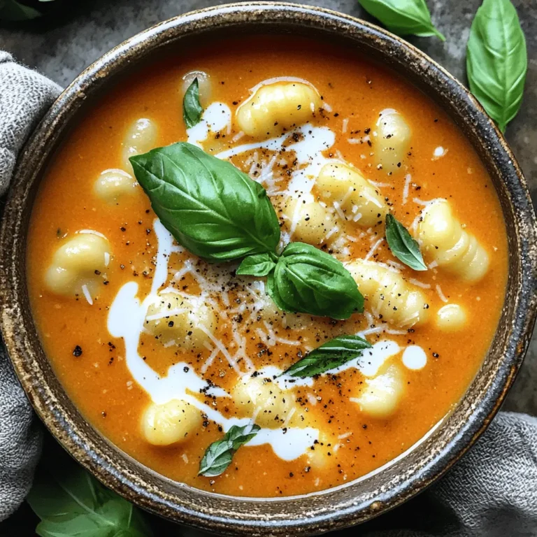 - Olive oil - Onion - Garlic - Diced tomatoes - Vegetable broth - Dried oregano - Sugar - Potato gnocchi - Heavy cream or coconut cream - Fresh basil leaves - Salt and pepper - Grated Parmesan cheese (optional) This creamy tomato basil gnocchi soup needs simple, fresh ingredients. First, gather one tablespoon of olive oil. This will help sauté your onion to start the base. Next, you need one medium onion. Dice it finely for even cooking. You will also want three cloves of garlic. Minced garlic adds great flavor. Use two cups of diced tomatoes, either canned or fresh. The tomatoes create a rich, tasty base. For the soup, four cups of vegetable broth are essential. This adds depth and helps blend the flavors well. One teaspoon of dried oregano adds a nice herbal note. You’ll also want one teaspoon of sugar to balance the tomato’s acidity. The star of the dish is 250 grams of potato gnocchi. This is what makes the soup hearty. To make it creamy, use one cup of heavy cream or coconut cream for a dairy-free option. For freshness, you’ll need one cup of chopped fresh basil leaves. Lastly, add salt and freshly cracked pepper to taste. If you like, you can sprinkle grated Parmesan cheese on top before serving. These ingredients come together to create a warm, comforting dish. To start our creamy tomato basil gnocchi soup, heat 1 tablespoon of olive oil in a large pot over medium heat. Once the oil is hot, add 1 medium onion, diced. Sauté the onion for about 5 minutes. You want it to turn translucent. This step builds a nice base flavor for the soup. Next, add 3 cloves of minced garlic. Cook it for 1-2 minutes while stirring. This helps the garlic release its great aroma without burning. Now, it's time to add some key ingredients. Pour in 2 cups of diced tomatoes, either canned or fresh. Then, add 4 cups of vegetable broth. Stir in 1 teaspoon of dried oregano and 1 teaspoon of sugar. The sugar helps balance the acidity of the tomatoes. Mix it well and bring the pot to a gentle simmer. Let it cook for about 10 minutes. This allows the flavors to meld beautifully. After simmering, it's blending time! If you have an immersion blender, use it to blend the soup until smooth. If not, carefully transfer the soup to a standard blender in batches. Blend until smooth, then return it to the pot. This step makes the soup creamy and velvety. Now, add 250 grams of potato gnocchi to the simmering soup. Cook the gnocchi for 3-5 minutes. You’ll know they are ready when they float to the surface. This means they are cooked through and ready to enjoy. Lower the heat and gently stir in 1 cup of heavy cream, or coconut cream for a dairy-free version. Make sure to heat it through without boiling. This keeps the soup rich and creamy. Finally, add 1 cup of chopped fresh basil leaves. Season the soup with salt and freshly cracked pepper to taste. Stir well to mix in all the flavors. To start off, you want to avoid burnt garlic. Garlic burns fast. Add it to the pot after the onion has cooked for a few minutes. This way, the onion softens before the garlic hits the heat. When you do add garlic, stir it often. This helps keep it from burning. Next, let's focus on achieving a perfect onion texture. Cook the diced onion over medium heat. Stir often until the onion turns translucent. This should take about five minutes. This soft texture adds a great base flavor for your soup. Now, let's talk about blending techniques for a smooth consistency. If you use an immersion blender, pulse slowly at first. This prevents splashing. Blend until the soup is creamy and smooth. If you use a standard blender, wait for the soup to cool a bit before blending. Hot soup can splatter and burn. When blending hot liquids, safety is key. Always fill the blender halfway. Leave room for steam to escape. Use a towel to cover the lid. This way, you keep everything safe and clean. If you're looking for cream alternatives, consider using coconut cream. It gives a rich taste without dairy. Just swap it with heavy cream in the recipe. This change keeps your soup creamy and tasty. Also, adjust for dietary restrictions. If someone is dairy-free, coconut cream is a great choice. You can also use almond or cashew cream. These options keep the soup delicious for everyone. {{image_4}} You can add chicken or sausage to your soup for a hearty meal. Cook the meat first, then add it to the soup after blending. This will give your dish a nice, savory boost. For a vegetarian-friendly option, try adding beans or lentils. They provide protein and make the soup filling. If you like heat, add red pepper flakes. Start with a pinch and adjust to your taste. You can also use spicy diced tomatoes for an extra kick. This simple change will turn your comforting soup into a warm, zesty delight. While basil is classic, you can switch it up with other herbs. Try using parsley or oregano for different flavors. Mixing in thyme can also add depth. Don’t be afraid to explore these combinations. Each herb brings its own unique taste, making your soup exciting and new! To keep your soup fresh, store it in the fridge. Use an airtight container for best results. The soup lasts about three days. If you want to save it for longer, freeze it. Use freezer-safe bags or containers. This way, it can last up to three months. You can reheat your soup in two ways: the microwave or stovetop. For the microwave, place the soup in a bowl. Heat it for 1-2 minutes, stirring halfway. For the stovetop, pour the soup into a pot. Warm it over low heat, stirring often to avoid sticking. When reheating cream-based soups, keep the heat low. High heat can cause separation. Stir in a splash of cream as you reheat. This helps keep that rich, creamy texture. If the soup seems thick, add a little broth or water. This restores the perfect consistency. Yes, you can make this soup dairy-free! Instead of heavy cream, use coconut cream. It adds a rich taste while keeping it plant-based. You can also try almond milk or cashew cream for a lighter option. Both choices work well and keep the soup creamy. You can store the soup in the fridge for up to 3 days. Make sure to keep it in an airtight container. If you want it to last longer, freeze it. Just remember, the gnocchi may change texture when reheated. Absolutely! Fresh gnocchi can make the soup taste even better. If you want to make your own, use a simple potato gnocchi recipe. Just remember to cook it for a few minutes longer than store-bought gnocchi. Fresh gnocchi adds a lovely, soft texture to the soup. This soup pairs well with crusty bread or a fresh salad. A warm baguette is perfect for dipping. You could also serve it with a simple side salad. The freshness of the salad balances the creamy soup nicely. This blog post shared a simple recipe for creamy tomato basil gnocchi soup. We looked at each ingredient, from olive oil to Parmesan. I guided you through step-by-step instructions to create the soup. I offered tips for sautéing and blending. We also explored variations, from adding proteins to adjusting spices. Finally, I discussed storage tips and answered your common questions. With these tools, you can enjoy a comforting, delicious bowl of soup any time. Happy cooking!