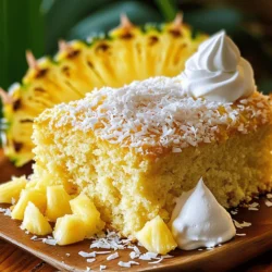 To make this delightful cake, you will need: - 2 cups all-purpose flour - 1 ½ cups granulated sugar - ½ cup unsalted butter, softened - 1 cup crushed pineapple (with juice) - 3 large eggs - 1 teaspoon baking powder - 1 teaspoon baking soda - ½ teaspoon salt - 1 teaspoon vanilla extract - ½ teaspoon coconut extract - 1 cup shredded coconut (sweetened) - ½ cup chopped pecans (optional) These ingredients create a sweet and moist cake that shines with tropical flavor. While the main ingredients shine, you might want to mix it up. Consider adding: - Chopped walnuts instead of pecans for a different crunch - A splash of rum extract for a festive twist - A layer of cream cheese frosting for extra richness Feel free to get creative and explore what flavors you love! To whip up this cake, gather these tools: - 9x13 inch baking pan - Electric mixer for quick mixing - Mixing bowls for easy prep - Measuring cups and spoons for accuracy - Spatula to spread the batter Having the right equipment makes the process smooth and fun. 1. Start by heating your oven to 350°F (175°C). 2. Grease and flour a 9x13 inch baking pan. This helps the cake release easily. 3. In a big bowl, mix the softened butter and granulated sugar. Use an electric mixer. Beat until it is light and fluffy. This takes about 3-5 minutes. 4. Add the eggs one at a time. Mix well after each egg. This makes the batter smooth. 5. Fold in the crushed pineapple with its juice. Add the vanilla and coconut extracts. Mix until just combined. 1. In another bowl, whisk together the flour, baking powder, baking soda, and salt. This helps spread the leavening agents evenly. 2. Gradually add the dry mix to the wet mix. Mix gently after each addition. Stop when no dry flour is left. 3. Fold in the shredded coconut and chopped pecans if you're using them. Make sure they are mixed well. 4. Pour the batter into the prepared pan. Use a spatula to even it out. 5. Place the pan in the oven. Bake for 35-40 minutes. Check if it's done by inserting a toothpick in the center. It should come out clean or with some crumbs. 1. Once done, take the cake out of the oven. Let it cool in the pan for 20 minutes. 2. After 20 minutes, move the cake to a wire rack to cool completely. 3. Once cool, sprinkle extra shredded coconut on top for a nice touch. 4. Serve slices with fresh pineapple or whipped cream for a real treat! When making Pineapple Heaven Cake, avoid these common mistakes: - Overmixing the batter: This can make the cake tough. Mix just until you see no dry flour. - Not measuring ingredients: Use accurate measurements for best results. - Skipping the greasing step: Grease and flour the pan well. This helps remove the cake easily. - Not testing for doneness: Use a toothpick to check if the cake is done. To get that perfect fluffy texture: - Cream butter and sugar well: Beat until light and fluffy, about 3-5 minutes. - Add eggs slowly: Add one egg at a time, mixing well after each. - Fold gently: When adding dry ingredients, fold gently to keep air in the batter. - Bake at the right temperature: Make sure your oven is set at 350°F (175°C). You can boost the flavor of your cake with a few extras: - Coconut extract: Adds a nice tropical touch. - Chopped pecans: Adds a lovely crunch and depth of flavor. - Fresh fruit: Try adding diced mango or banana for a fruity twist. - More coconut: Top the cake with extra shredded coconut after baking. By following these tips, you can create a Pineapple Heaven Cake that delights every palate! {{image_4}} You can make Pineapple Heaven Cake even better by adding more fruit. Tropical fruits like mango, banana, or papaya add a fresh twist. Simply chop the fruit into small pieces and mix them into the batter. This adds flavor and texture. Do not add too much, or the cake might not bake well. About one cup of chopped fruit works great. If you need a gluten-free cake, you can swap the flour. Use a gluten-free all-purpose blend instead. Many blends work well in baking and taste great. Check that your blend has xanthan gum, which helps with texture. Follow the same mixing steps as in the original recipe. The cake will still be soft and delicious. To make this cake vegan, you can replace the eggs and butter. Use a flax egg for each egg. Just mix one tablespoon of ground flaxseed with three tablespoons of water. Let it sit for a few minutes to thicken. For the butter, use a vegan butter substitute. This keeps the cake moist and fluffy. Your friends won’t even notice it’s vegan! To keep your Pineapple Heaven Cake fresh, you should store it properly. First, let the cake cool completely. Then, wrap it tightly in plastic wrap or foil. You can also place it in an airtight container. This helps to keep moisture in and prevents drying out. Store the cake at room temperature for up to three days. For longer storage, move it to the fridge. It can last for about a week in the fridge. If you want to freeze your cake, it's easy to do. After cooling, slice the cake into individual pieces. Wrap each piece tightly in plastic wrap. Then place them in a freezer bag or container. Make sure to label the bag with the date. The cake can stay good for up to three months in the freezer. When you're ready to eat, just thaw it in the fridge overnight. To reheat your cake, take it out of the fridge or freezer. If it's frozen, let it thaw first. Once thawed, place a slice in the microwave for about 15-20 seconds. If you want it warm but not hot, this works great. You can also reheat it in the oven. Preheat the oven to 350°F (175°C). Wrap the cake in foil and heat for about 10-15 minutes. This way, it stays moist and delicious. Enjoy your tasty treat! You can know the cake is done by using a toothpick. Insert it into the center of the cake. If it comes out clean or has a few moist crumbs, the cake is ready. It usually takes about 35 to 40 minutes to bake. If it needs more time, check every few minutes. Yes, you can use fresh pineapple! Just chop it into small pieces and crush it. Make sure to add the juice too. This will give your cake a fresh taste. Fresh pineapple adds a nice texture and flavor to the cake. Some great ways to serve this cake include topping it with more shredded coconut. You can also add fresh pineapple wedges on the side. A dollop of whipped cream can make it even better. These toppings add a tropical touch and enhance the flavors. At room temperature, Pineapple Heaven Cake can last for up to three days. Make sure to cover it well to keep it fresh. If you want it to last longer, store it in the fridge. This will keep it good for about a week. In summary, we explored the key ingredients and steps to make Pineapple Heaven Cake. You learned about optional variations, tools needed, and tips for perfecting your bake. With proper storage and reheating, you can enjoy this treat longer. Remember, adjustments like gluten-free and vegan options ensure everyone can enjoy a slice. Baking is fun and rewarding. You can create delicious memories with Pineapple Heaven Cake.